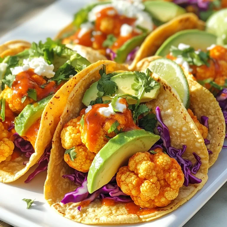- 1 head of cauliflower, cut into florets - 1 cup all-purpose flour - 1 cup buttermilk (or plant-based milk with 1 tbsp vinegar) - 1 cup breadcrumbs (preferably panko) - 1/2 cup buffalo sauce (store-bought or homemade) - 8 small corn or flour tortillas Cauliflower is the star of this dish. It soaks up the buffalo sauce and gives a great crunch. The buttermilk helps the flour stick, making a crispy coating. Breadcrumbs add even more texture for a satisfying bite. Tortillas hold everything together and create the perfect taco. - 1 teaspoon garlic powder - 1 teaspoon onion powder - 1 teaspoon smoked paprika - 1/2 teaspoon cayenne pepper (adjust for spice preference) - Salt and pepper to taste Spices bring life to the cauliflower. Garlic powder adds a savory kick. Onion powder gives depth. Smoked paprika adds a hint of sweetness and color. Cayenne pepper gives it heat, but you can adjust this based on your taste. Don't forget salt and pepper to enhance all flavors. - 1 avocado, sliced - 1 cup shredded red cabbage - Fresh cilantro, for garnish - Lime wedges, for serving Toppings take these tacos to the next level. Avocado adds creaminess. Shredded red cabbage gives crunch and color. Fresh cilantro adds brightness. Lime wedges add a zesty finish. Feel free to mix and match these toppings to suit your taste! {{ingredient_image_1}} 1. First, preheat your oven to 425°F (220°C). This helps the cauliflower cook evenly. 2. Next, line a baking sheet with parchment paper. This keeps the cauliflower from sticking. 3. In a large bowl, mix together the flour, garlic powder, onion powder, smoked paprika, cayenne pepper, salt, and pepper. This dry mix will give the cauliflower a nice flavor and crunch. 1. Take each cauliflower floret and dip it into the buttermilk. Make sure to let the excess drip off. This helps the coating stick better. 2. Now, coat the floret in the flour mixture. Make sure each piece is evenly covered. This will create a tasty crust when baked. 1. Place the coated cauliflower on the baking sheet. Bake in the oven for 20 minutes. Flip them halfway through. This makes them crispy on all sides. 2. After the first bake, take the cauliflower out. Toss it in buffalo sauce until well-coated. This adds that spicy kick. 3. Return the cauliflower to the oven for another 10 minutes. This final bake makes it even more delicious. To change the heat level of your tacos, adjust the cayenne pepper. If you want more spice, add more cayenne. If you prefer it mild, use less. You can also choose a buffalo sauce that fits your taste. Some brands are hotter than others. Look for sauces that say "extra hot" or "mild" on the label. Crispiness is key for buffalo cauliflower tacos. First, coat the cauliflower well with the flour mix. This helps create a nice crust. Bake it for 20 minutes at 425°F. Flip the florets halfway through for even cooking. After tossing them in buffalo sauce, bake for an extra 10 minutes. This step makes the cauliflower extra crispy and flavorful. For serving, use a bright platter to make your tacos pop. Place lime wedges on the side for color and taste. Add a sprinkle of fresh cilantro on top for an extra touch. You can even provide a small bowl of extra buffalo sauce for those who want more heat. This makes the meal look inviting and fun to eat! Pro Tips Adjusting Spice Level: If you prefer milder tacos, reduce the cayenne pepper or omit it altogether. You can also serve with a cooling side like yogurt or sour cream. Perfectly Crispy Cauliflower: Ensure the cauliflower florets are evenly coated and not overcrowded on the baking sheet for maximum crispiness. Homemade Buffalo Sauce: For a personalized touch, make your own buffalo sauce using hot sauce, melted butter, and a dash of garlic powder. Serving Suggestions: Pair these tacos with a side of fresh salsa or guacamole for added flavor and texture. {{image_2}} You can add shredded chicken or tofu to these tacos. Shredded chicken gives a nice texture and flavor. Tofu brings a great plant-based option. Just cook them as you like before adding. Mix them with the buffalo sauce for a spicy kick. This way, everyone can enjoy these tacos. Cheese can make these tacos even better. Try adding feta or cheddar for extra creaminess. Feta adds a tangy taste that pairs well with spicy cauliflower. Cheddar melts nicely and gives a rich, savory flavor. Sprinkle some cheese on top of your tacos for a delicious twist. Get creative with your taco fillings! Use different vegetables or sauces. You can add grilled peppers, corn, or even black beans. Each veggie brings its own flavor and crunch. Swap out the buffalo sauce for ranch or a spicy aioli for something new. The options are endless, so have fun experimenting! To store leftovers, let the tacos cool first. Place them in an airtight container. Make sure to keep the cauliflower and toppings separate to avoid sogginess. You can store them in the fridge for up to three days. For best results, eat them fresh. To reheat, use an oven or toaster oven. Preheat to 350°F (175°C). Place the tacos on a baking sheet. Heat them for about 10 minutes. This method helps keep the cauliflower crispy. You can also use an air fryer, which works great. You can freeze buffalo cauliflower, but it’s best to do so before adding sauce. After baking, let the cauliflower cool. Then, place it in a freezer-safe bag. Remove as much air as possible. It can stay in the freezer for up to a month. When ready to eat, thaw and bake again, then toss with the buffalo sauce. Yes, you can use frozen cauliflower for this recipe. Frozen cauliflower is convenient and time-saving. It offers a similar taste and texture to fresh cauliflower. Just make sure to thaw it first. Pat it dry to remove excess moisture. This helps the coating stick better and keeps your tacos crispy. To make these tacos gluten-free, swap out the all-purpose flour. Use gluten-free flour or almond flour instead. For breadcrumbs, opt for gluten-free panko or crushed gluten-free crackers. These changes allow everyone to enjoy the dish without gluten. Many sides complement buffalo cauliflower tacos. Here are some tasty options: - Corn on the cob: Sweet and juicy, it balances the heat. - Black bean salad: Adds protein and freshness. - Guacamole: Creamy and rich, it cools the spice. - Rice: Fluffy rice or cilantro lime rice is a great base. - Chips and salsa: Crunchy and zesty, they make a fun snack. These sides round out your meal and enhance the taco experience. You learned how to make buffalo cauliflower tacos, including the key ingredients and spices. I shared simple steps for preparation, coating, and baking the cauliflower for crispiness. Tips for adjusting spice levels and presentation enhance the tacos further. You can explore protein and cheese variations to suit your taste. Remember to store leftovers properly and enjoy them later. Use these insights to make a delicious dish that wows friends and family any day of the week. Enjoy your cooking!