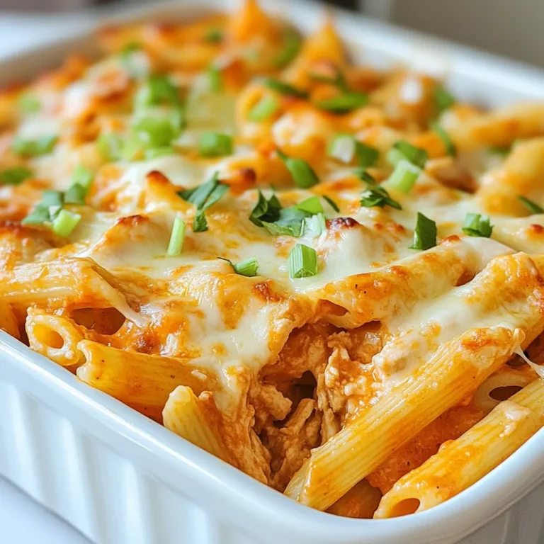 To make Buffalo Chicken Pasta Bake, gather these simple items: - 2 cups cooked pasta (penne or rotini work best) - 2 cups shredded cooked chicken - 1 cup buffalo sauce (adjust based on spice preference) - 1 cup ricotta cheese - 1 cup shredded mozzarella cheese - 1/2 cup grated Parmesan cheese - 1/4 cup sour cream - 1 teaspoon garlic powder - 1 teaspoon onion powder - Salt and pepper to taste - 2 green onions, sliced (for garnish) Each ingredient adds a unique flavor, making this dish truly special. You can easily swap some ingredients if needed: - Use rotini pasta if you can’t find penne. - For a lighter option, try shredded turkey instead of chicken. - Swap ricotta with cottage cheese for a different texture. - Use Greek yogurt in place of sour cream for a tangy taste. - If you prefer a milder dish, use less buffalo sauce or a milder brand. These changes can help fit your taste or what you have on hand. While penne and rotini are great choices, you can also consider: - Fusilli: Twists hold sauce well. - Shells: They catch sauce in their pockets. - Bowties: Fun shape adds interest to your dish. Choosing the right pasta makes a big difference. It helps hold all the flavors together and makes every bite enjoyable. {{ingredient_image_1}} First, preheat your oven to 350°F (175°C). This step warms the oven for even cooking. Next, grab a large bowl. Combine the cooked pasta, shredded chicken, and buffalo sauce. Adjust the sauce to your spice level. Then, add ricotta cheese, half of the mozzarella cheese, and sour cream. Don’t forget the garlic powder, onion powder, salt, and pepper. Mix everything well until it's all blended. This ensures each bite has great flavor. Now, take a greased 9x13 inch baking dish. Pour the mixture into it. Use a spatula to spread it evenly. This helps it cook nicely. On top, sprinkle the rest of the mozzarella cheese and the Parmesan cheese. This will create a nice, cheesy crust when baked. Cover the baking dish with aluminum foil. Place it in the oven and bake for 20 minutes. This keeps the dish moist. After 20 minutes, carefully remove the foil. Bake for another 10-15 minutes. You want the cheese to be bubbly and golden. This adds a delicious look and flavor to your dish. When it’s ready, take it out and let it cool for a few minutes. When serving, dish out the pasta bake hot from the oven. Garnish it with sliced green onions for a pop of color. You can also drizzle some extra buffalo sauce on top for added zing. For a full meal, pair it with crunchy celery sticks and ranch dressing. This makes for a tasty and fun dining experience. Enjoy every bite of this flavorful meal! To get the best Buffalo Chicken Pasta Bake, keep these tips in mind: - Choose the Right Pasta: Use penne or rotini. They hold sauce well. - Mix Ingredients Well: Ensure the chicken and sauce coat the pasta evenly. - Don't Skip the Foil: Cover the dish with foil during the first bake. This keeps it moist. - Watch the Cheese: Remove the foil to let the cheese brown nicely. Aim for bubbly edges. Buffalo sauce can vary in heat. Here’s how to adjust spice: - Mild Version: Use less buffalo sauce or mix it with extra ricotta. - Spicy Version: Add more buffalo sauce or sprinkle in some cayenne pepper. - Taste as You Go: Always taste your mix before baking. You can adjust the heat right then. Avoid these common pitfalls for a perfect dish: - Using Cold Ingredients: Make sure your chicken and cheese are at room temp. This helps them combine better. - Overbaking: Keep an eye on the cheese. You want it bubbly, not burnt. - Not Letting It Rest: After baking, let it sit for a few minutes. This helps flavors meld and makes serving easier. Pro Tips Spice Level Adjustment: If you prefer a milder dish, reduce the amount of buffalo sauce or use a milder variety. You can also mix in some cream cheese to tame the heat. Cheese Variations: Feel free to experiment with different cheeses such as cheddar or pepper jack for added flavor. Mixing cheeses can elevate the dish! Pasta Choice: While penne and rotini are great options, any pasta shape that holds sauce well can be used. Just ensure it's cooked al dente for the best texture. Make Ahead: This dish can be assembled ahead of time and stored in the refrigerator. Just adjust the baking time if cooking from cold. {{image_2}} You can swap chicken for veggies. Use cooked cauliflower or chickpeas instead. Mix in your favorite vegetables like bell peppers or spinach. This makes it easy for everyone to enjoy. The buffalo sauce still packs a punch, giving it that spicy kick. You can keep the same creamy texture by using more ricotta or even a vegan cheese. Cheese is key in this dish. Try using sharp cheddar for a stronger flavor. You can also mix in fontina or gouda for a unique twist. Blend different cheeses to find your favorite. Just remember to keep the balance of creamy and melty. It makes each bite delicious and cheesy. If you need a gluten-free meal, pick gluten-free pasta. Many brands offer great options that taste good. You can also check the buffalo sauce to ensure it’s gluten-free. This way, you can enjoy this dish without worry. It’s a simple swap that keeps the flavors intact. To keep your Buffalo Chicken Pasta Bake fresh, let it cool down first. Place it in an airtight container. You can store it in the fridge for up to three days. If you want it to last longer, follow the freezing tips below. Reheating is simple. Preheat your oven to 350°F (175°C). Place a serving on a baking dish. Cover it with foil to keep it moist. Heat for about 20 minutes or until warm. You can also use a microwave. Heat it in a microwave-safe dish for 2-3 minutes, stirring halfway. To freeze this dish, first cool it completely. Transfer it to a freezer-safe container. Be sure to label it with the date. It can stay in the freezer for up to three months. When you’re ready to eat, thaw it overnight in the fridge. Then, reheat as mentioned above. Enjoy your meal even later! Yes, you can make this recipe ahead of time. Simply prepare the pasta bake, cover it tightly, and store it in the fridge. You can assemble it a day before you plan to bake it. When you are ready to cook, just bake it straight from the fridge. You may need to add a few extra minutes to the baking time to heat it through. This makes it easy for busy nights. Buffalo Chicken Pasta Bake is a hearty dish, so you want simple sides. Here are some good options: - Celery sticks with ranch dressing - Side salad with light dressing - Garlic bread for dipping - Steamed broccoli for a healthy touch These sides add crunch and freshness to your meal. They help balance the rich flavors of the pasta bake. Yes, you can use a slow cooker for this recipe. Start by mixing all the ingredients in a bowl. Then, place the mixture in the slow cooker. Cook on low for about 4 to 6 hours or on high for 2 to 3 hours. Just make sure to add the cheese topping about 30 minutes before serving to melt it nicely. This method gives you a warm, comforting meal with less effort. In this blog post, we covered key ingredients for the Buffalo Chicken Pasta Bake. I provided step-by-step instructions to make it easy. You learned helpful cooking tips and tricks to avoid common mistakes. We also explored tasty variations, storage tips, and answered common questions. Making this dish can bring joy to your table. With the right ingredients and steps, you can enjoy a delicious meal. Happy cooking!