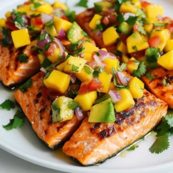 To make this dish, you need the following main ingredients: - 4 salmon fillets - 1 ripe mango, diced - 2 avocados, diced - 1 red bell pepper, finely chopped - 1/4 red onion, finely chopped - 1 jalapeño, deseeded and minced (optional for heat) - 2 tablespoons fresh lime juice - 2 tablespoons olive oil - Salt and pepper to taste - Fresh cilantro, chopped for garnish These ingredients come together to create a vibrant dish. The salmon provides a rich base, while the mango and avocado bring a fresh taste. You can add a few optional ingredients to enhance the flavor: - Fresh garlic, minced - A pinch of cumin or paprika - Additional lime zest for extra tang These options let you customize the salsa to your liking. You can experiment with the heat level and flavor profile. Each key ingredient offers health benefits: - Salmon is high in omega-3 fatty acids, good for heart health. - Mango is rich in vitamins A and C, boosting your immune system. - Avocado provides healthy fats and fiber, promoting digestion. - Red bell pepper adds antioxidants and vitamins. - Cilantro is known for its detoxifying properties. Using these fresh ingredients not only makes the dish tasty but also nutritious. This salsa is a smart choice for your meals. {{ingredient_image_1}} First, preheat your grill or skillet over medium-high heat. This step is key for even cooking. Lightly oil the grill grates or the skillet to prevent sticking. Next, take your salmon fillets and pat them dry with paper towels. This helps the seasoning stick. Generously season both sides with salt and pepper. This simple step adds great flavor. In a medium bowl, combine the diced mango, avocado, red bell pepper, red onion, and minced jalapeño if you want some heat. Drizzle the lime juice and olive oil over the mix. Gently toss everything together, being careful not to mush the avocados. Set the salsa aside to let the flavors blend. Now it’s time to cook the salmon. Place the seasoned fillets on the preheated grill or skillet. Cook for about 4-5 minutes on each side. The salmon is done when it flakes easily with a fork. Cooking times can vary based on the thickness of your fillets. Once cooked, remove the salmon from the heat and let it rest for a minute. Serve each fillet topped with a generous spoonful of mango avocado salsa. For a fresh touch, garnish with chopped cilantro. Enjoy this vibrant dish on a colorful plate, maybe with lime wedges on the side! To cook salmon just right, start with fresh fillets. Use a medium-high heat. This helps the salmon cook evenly. Cook each side for about 4-5 minutes. Check for doneness by using a fork. The salmon should flake easily when done. If you prefer a crispier skin, cook it skin-side down first. This gives a nice texture. Always let the salmon rest for a minute after cooking. This allows the juices to settle. If you have salsa left over, store it in an airtight container. Place it in the fridge. It will keep fresh for about 2 days. The flavors will meld together, which can be nice. However, the avocado may brown a bit. To prevent browning, add extra lime juice. You can also cover the surface with plastic wrap. Make sure the wrap touches the salsa. Marinating your salmon can add extra flavor. Use simple ingredients like lime juice and olive oil. You can also add garlic or spices. Let the salmon sit in the marinade for about 30 minutes. This will infuse the fish with taste. Avoid marinating for too long, as it can make the texture mushy. A quick marinade works best. Pro Tips Use Fresh Ingredients: The flavor of your salsa will greatly improve with fresh, ripe mango and avocados. Ensure they are at their peak ripeness for the best taste. Control the Heat: If you prefer a milder salsa, omit the jalapeño or use a small amount. For more heat, leave the seeds in or add a pinch of cayenne pepper. Perfectly Cooked Salmon: To avoid overcooking, use a meat thermometer. Salmon should reach an internal temperature of 145°F (63°C) for optimal tenderness. Make Ahead: You can prepare the mango avocado salsa ahead of time. Just wait to add the avocado until you're ready to serve to prevent browning. {{image_2}} You can swap salmon for other proteins. Try using chicken or shrimp. Both pair nicely with mango avocado salsa. If you want a plant-based option, use tofu. Tofu absorbs flavors well and gives a nice texture. To kick up the heat, add more jalapeño. You can also try serrano peppers for a different flavor. Another option is to mix in some diced habanero. Just remember to taste as you go to find your perfect spice level. Use seasonal fruits for a fresh twist. In summer, add diced peaches or nectarines. They bring sweetness and a juicy bite. In fall, diced apples or pears add crunch and flavor. You can also use seasonal herbs like basil or mint for a unique touch. To store leftover mango avocado salsa, place it in an airtight container. Make sure to keep it in the fridge. It’s best to enjoy it within two days. The lime juice helps keep it fresh. Avocados may brown quickly, so use lemon juice if you want extra protection. After cooking, let the salmon cool for a few minutes. Wrap it tightly in plastic wrap or foil. You can also place it in an airtight container. Store the salmon in the fridge. It will stay fresh for up to three days. Reheat gently to avoid drying it out. To keep your mangoes and avocados fresh, store them at room temperature until ripe. Once ripe, place them in the fridge. This slows down the ripening process. For bell peppers and onions, store them in a cool, dry place. Keep them in a paper bag for better airflow. This helps them last longer. Yes, you can use frozen salmon. Thaw it in the fridge overnight. This helps keep the texture. After thawing, pat it dry and season it as usual. Then, cook it on the grill or skillet. You can serve this dish with many sides. Here are some great options: - Steamed rice - Quinoa - Mixed greens - Grilled vegetables - Tortilla chips Each of these pairs well with the fresh flavors of the salsa and salmon. To check if salmon is done, look for the color and texture. Cooked salmon should be opaque and flaky. Use a fork to test it. If it flakes easily, it’s ready! The internal temperature should reach 145°F (63°C). Yes, you can prepare the salsa ahead. Make it a few hours before serving. Keep it covered in the fridge. However, add the avocado right before serving to prevent browning. To change the spice level, focus on the jalapeño. You can add more for heat or leave it out for milder flavors. For extra heat, sprinkle in some red pepper flakes. This way, you can tailor it to your taste. Mango avocado salsa salmon combines fresh flavors and simple steps. We explored the key ingredients, their health benefits, and how to make this delightful meal. You learned tips for perfect cooking, storing leftovers, and variations to keep it exciting. Incorporating these easy methods will elevate your cooking. Enjoy creating tasty, healthy meals that impress!