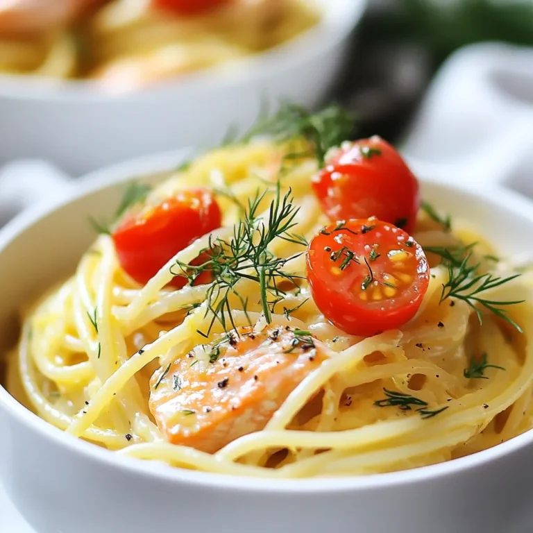 To make One-Pot Lemon Dill Salmon Pasta, you will need the following ingredients: - 8 oz (225g) spaghetti or linguine - 1 lb (450g) fresh salmon fillet, skin removed - 2 tablespoons olive oil - 2 cups vegetable broth - 1 cup heavy cream - 1 lemon (zested and juiced) - 1/4 cup fresh dill, chopped - 3 cloves garlic, minced - Salt and pepper to taste - 1/2 cup cherry tomatoes, halved (for garnish) - Optional: Fresh dill sprigs for garnish These ingredients will create a bright and fresh dish. The salmon gives it protein, while the lemon and dill add a nice flavor. The cream makes the sauce rich and creamy. You can use spaghetti or linguine based on your preference. Fresh ingredients really do make a difference in taste. Don’t skip the garnish! It adds color and a fresh touch. Enjoy every bite! {{ingredient_image_1}} First, grab a large pot. Heat 2 tablespoons of olive oil over medium heat. Once it’s hot, add 3 minced garlic cloves. Sauté the garlic for about 1 minute. You want it fragrant but not burnt. Next, take your 1 pound of fresh salmon fillet, skin removed, and add it to the pot. Season the salmon with salt and pepper. Cook it for about 3-4 minutes on each side. It should be flaky and cooked through. Once done, remove the salmon and set it aside. In the same pot, add 2 cups of vegetable broth, 8 ounces of spaghetti or linguine, lemon zest, and the juice of 1 lemon. Stir everything together. Bring it to a boil, then reduce the heat to a simmer. Cook the pasta according to the package instructions, usually around 8-10 minutes. Make sure to stir occasionally to keep it from sticking. While the pasta cooks, take a fork and flake the cooked salmon into bite-sized pieces. Once the pasta is done and most of the liquid is absorbed, stir in 1 cup of heavy cream and 1/4 cup of chopped dill. Add the flaked salmon back into the pot. Mix gently until everything is combined and heated through, which takes about 2-3 minutes. Adjust the seasoning with more salt and pepper if needed. To get flaky salmon, cook it for 3-4 minutes on each side. Use a fork to check if it flakes easily. The salmon should be pink inside but not raw. For flavor, season with salt, pepper, and some lemon juice. You can also add garlic powder or paprika for a tasty twist. To keep pasta from sticking, stir it often while it cooks. Add a bit of olive oil to the water before boiling. When adding the pasta, make sure the water is at a rolling boil. If it absorbs too much liquid, add a splash of broth or water to keep it creamy. For a beautiful garnish, top the dish with halved cherry tomatoes and fresh dill sprigs. This adds color and freshness. Pair it with a crisp salad or some crusty bread. A glass of white wine complements the lemon flavor nicely. Pro Tips Use Fresh Salmon: For the best flavor and texture, opt for fresh salmon fillets instead of frozen. Fresh fish enhances the overall taste of the dish. Don't Overcook the Pasta: To achieve the perfect al dente texture, make sure to follow the pasta package instructions and test for doneness a minute before the suggested time. Customize the Herbs: If you don't have dill, feel free to substitute with fresh parsley or basil for a different flavor profile that pairs well with the lemon and salmon. Save Some Pasta Water: Before draining the pasta, reserve a cup of pasta water. This starchy water can be added to the sauce to help it adhere better to the pasta. {{image_2}} You can make this dish even healthier. Try whole wheat pasta for more fiber. If you need gluten-free options, use gluten-free spaghetti. For a lighter sauce, swap heavy cream for low-fat cream or milk. This keeps the dish tasty while cutting calories. Boost the nutrition by adding veggies. Spinach or peas mix well with the pasta. You can also add cherry tomatoes for a burst of flavor. For a twist, try spices like red pepper flakes or paprika. They add heat and depth to the dish. If you want to switch proteins, chicken or shrimp works great. Just cook them in the same way as the salmon. For a vegetarian option, use chickpeas or tofu. These options still give you a hearty meal packed with flavor. To keep your One-Pot Lemon Dill Salmon Pasta fresh, store leftovers in an airtight container. This helps prevent spills and keeps the dish flavorful. Aim to eat the leftovers within 2 to 3 days for the best taste. Always let the pasta cool down to room temperature before sealing it up. When reheating, use a pan over low heat. This method warms the pasta gently, keeping it moist. You can also add a splash of vegetable broth or cream to help with moisture. Aim for a serving temperature of 165°F (74°C) to ensure safety. Yes, you can freeze this dish! To do so, let it cool completely. Then, place it in a freezer-safe container. Seal tightly to avoid freezer burn. It can last for up to 2 months in the freezer. For defrosting, move it to the fridge overnight before reheating. This helps maintain the texture and flavor. Yes, you can use frozen salmon. Just thaw it first. Place it in the fridge overnight or run it under cold water. Make sure it is fully thawed before cooking. This will help it cook evenly. Salmon is done when it flakes easily with a fork. It should be opaque and not raw in the center. Cooking time is about 3-4 minutes per side. Use a meat thermometer to check for 145°F (63°C) for safety. You can use half-and-half or coconut cream. Both will give a creamy texture. For a lighter option, try plain yogurt or cashew cream. Just remember, the flavor may change slightly. To make this dish dairy-free, use coconut cream or almond milk. Both are good substitutes for heavy cream. You can also skip the cream and add more broth for a lighter sauce. You can use parsley, basil, or thyme instead of dill. Each adds a unique flavor. If you want a stronger taste, try tarragon or cilantro. Experiment to find your favorite combination! This dish uses fresh salmon and rich flavors to create a delightful meal. You learned step-by-step cooking tips for perfect salmon and pasta. I shared ideas for healthy swaps and flavor boosts too. Always store leftovers well and reheat carefully for the best taste. With this recipe, you can impress family and friends. Enjoy the cooking journey and the tasty results!
