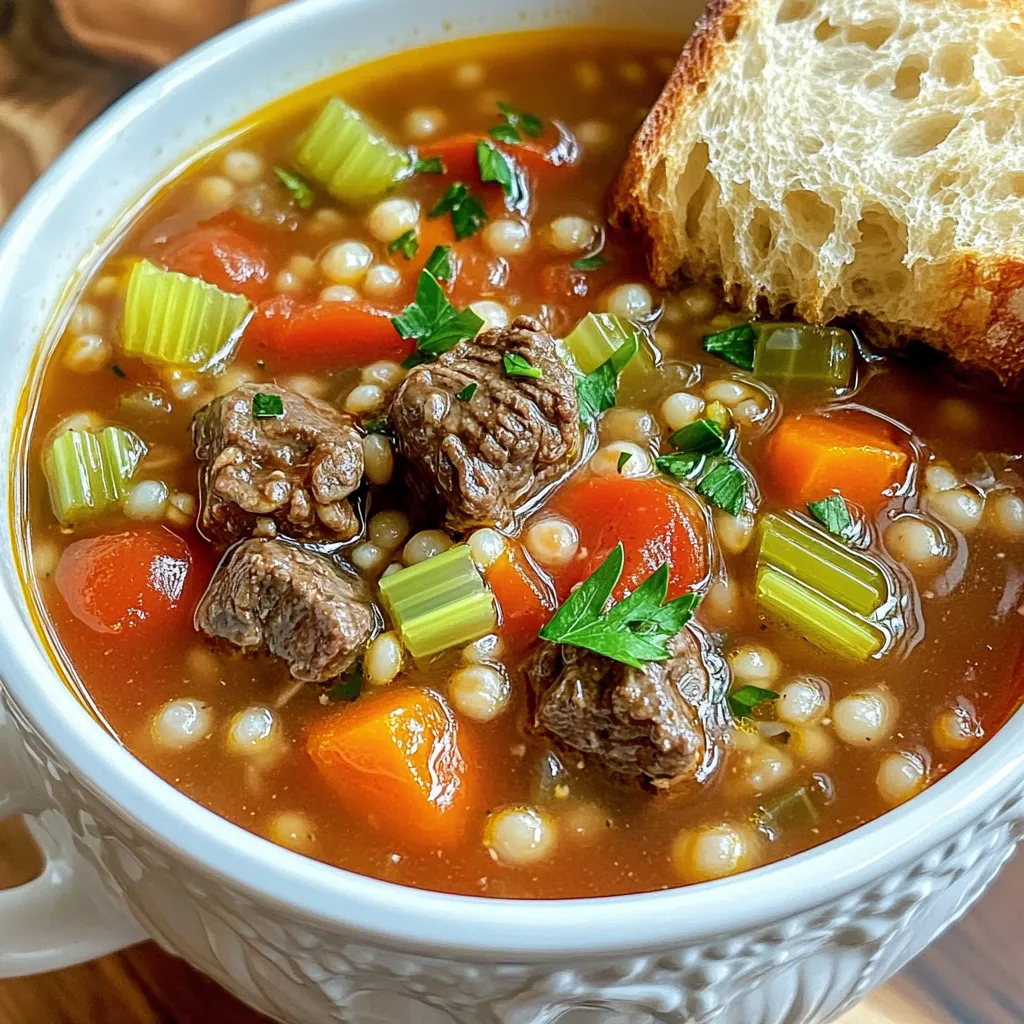 To make a cozy Beef & Barley Soup, gather these fresh ingredients: - 1.5 lbs beef chuck, cut into 1-inch cubes - 1 cup pearl barley, rinsed - 1 medium onion, diced - 2 carrots, sliced - 2 celery stalks, diced - 3 cloves garlic, minced - 6 cups beef broth - 1 can (14.5 oz) diced tomatoes, undrained - 1 bay leaf - 1 teaspoon dried thyme - 1 teaspoon smoked paprika - Salt and pepper to taste - Fresh parsley, chopped (for garnish) Enhance your soup with these tasty garnishes: - A sprinkle of fresh parsley adds color and flavor. - A dollop of sour cream offers creaminess. - Crusty bread on the side is perfect for dipping. Using quality ingredients makes a big difference. Here are my tips: - Choose fresh beef chuck for best flavor. - Look for pearl barley that is whole and plump. - Use low-sodium beef broth to control salt levels. - Fresh herbs taste brighter than dried ones. - If possible, use organic vegetables for more flavor and nutrients. These simple choices will help you make a rich and hearty soup. First, gather all your ingredients. You need 1.5 lbs of beef chuck, cut into 1-inch cubes. Next, rinse 1 cup of pearl barley and set it aside. Dice 1 medium onion and slice 2 carrots. Diced celery from 2 stalks is also needed, along with 3 minced garlic cloves. You will need 6 cups of beef broth and 1 can of diced tomatoes. Don't forget the bay leaf, 1 teaspoon of dried thyme, and 1 teaspoon of smoked paprika. Salt and pepper to taste are important, too. Heat a large skillet on medium-high heat. Add the beef chuck cubes and brown them for about 5-7 minutes. This step builds flavor in your soup. After browning, transfer the meat to the slow cooker. Now, add the rinsed pearl barley, diced onion, sliced carrots, diced celery, and minced garlic. Pour in the beef broth and add the canned tomatoes, bay leaf, thyme, smoked paprika, salt, and pepper. Gently stir to mix everything together. Cover the slow cooker and cook on low for 6 to 8 hours. If you're short on time, you can cook it on high for about 4 hours. The soup is ready when the beef is tender and the barley is cooked. When the cooking time is up, taste the soup. Adjust the seasoning as needed. Remember to discard the bay leaf before serving. Ladle the soup into bowls and garnish with fresh chopped parsley. For a delightful touch, serve the soup hot with a slice of crusty bread on the side. This makes dipping easy and adds a nice crunch to your meal. Enjoy the hearty flavors! To get tender beef in your soup, start by browning the beef chuck. This adds great flavor. Make sure to brown the meat on all sides for 5 to 7 minutes. This simple step helps lock in juices. After browning, put the beef in the slow cooker with all the other ingredients. Cooking it low and slow is key. Aim for 6 to 8 hours on low or 4 hours on high. The beef will turn soft and easy to chew. Flavor is what makes this soup special. Use fresh ingredients when you can. The onion, carrots, and celery add a nice base. Don't skip the garlic, as it brings warmth to the dish. Adding smoked paprika gives a lovely depth to the soup. Dried thyme adds an earthy note. Adjust salt and pepper to your taste. A bay leaf adds a subtle flavor, so remember to take it out before serving. One common mistake is not browning the meat. This step is important for flavor. Another error is overcooking the barley. Keep an eye on the cooking time to ensure it stays tender. Too much salt can overpower the dish, so add it in small amounts. Lastly, don't forget to taste your soup before serving. Adjust the seasonings as needed for a balanced taste. {{image_2}} You can switch ingredients to fit your taste. If you want leaner meat, use beef sirloin instead of chuck. Need it quicker? Use pre-cooked beef. For a lighter soup, swap pearl barley for quinoa or brown rice. Feel free to add or replace veggies, like sweet potatoes or peas. This soup is flexible! To make this soup gluten-free, simply replace pearl barley with gluten-free grains, like millet or rice. For low-sodium options, use low-sodium beef broth. You can also skip the salt and let each person season their bowl. This way, you control the flavor without all the sodium. Get creative with your soup! Add a splash of red wine for depth. You can toss in some frozen corn or green beans for color and texture. Fresh herbs like rosemary or thyme can boost flavor. Try adding a squeeze of lemon right before serving for a fresh twist. Each choice makes it unique! After you finish your meal, let the soup cool down. Use airtight containers to store leftovers. This keeps the soup fresh and tasty. Place the cooled soup in the fridge. It will stay good for about three to four days. To freeze the soup, use freezer-safe containers. Leave some space at the top to allow for expansion. The soup can last up to three months in the freezer. When you're ready to eat, thaw it in the fridge overnight. Reheat it on the stove over medium heat. Stir often until it’s hot. You can also use a microwave. Heat in short bursts, stirring in between. The soup lasts for three to four days in the fridge. If you freeze it, it lasts about three months. To enjoy the best taste, eat it within this time. Always check for signs of spoilage before eating any leftovers. If it smells off or looks strange, throw it away. By storing properly, you keep the flavors fresh and delightful. Yes, you can make this soup without beef. Try using mushrooms, lentils, or beans as your main protein. These options give a rich flavor and hearty texture. When using lentils or beans, adjust cooking times as they may cook faster than beef. You can also add more vegetables for added nutrition and flavor. If you need a substitute for pearl barley, use quinoa or farro. Both grains are similar in texture and will absorb flavors well. If you want a gluten-free option, quinoa is your best bet. Just remember to adjust the cooking time, as quinoa cooks faster than barley. To thicken your beef and barley soup, you can use a few methods. One option is to mash a portion of the cooked barley against the side of the slow cooker. This will release starch and thicken the soup. Another way is to add a cornstarch slurry. Mix equal parts cornstarch and cold water, then stir it into the soup. Let it cook for a bit longer until it thickens. This blog post covered the key ingredients and steps for making delicious beef and barley soup. We explored tips for cooking, variations for different diets, and how to store your soup. You can make tasty choices with simple swaps or garnishes. Remember to pay attention to quality ingredients for the best flavor. Trust these guidelines, and enjoy making a warm, hearty soup at home. Cooking can be fun and rewarding!