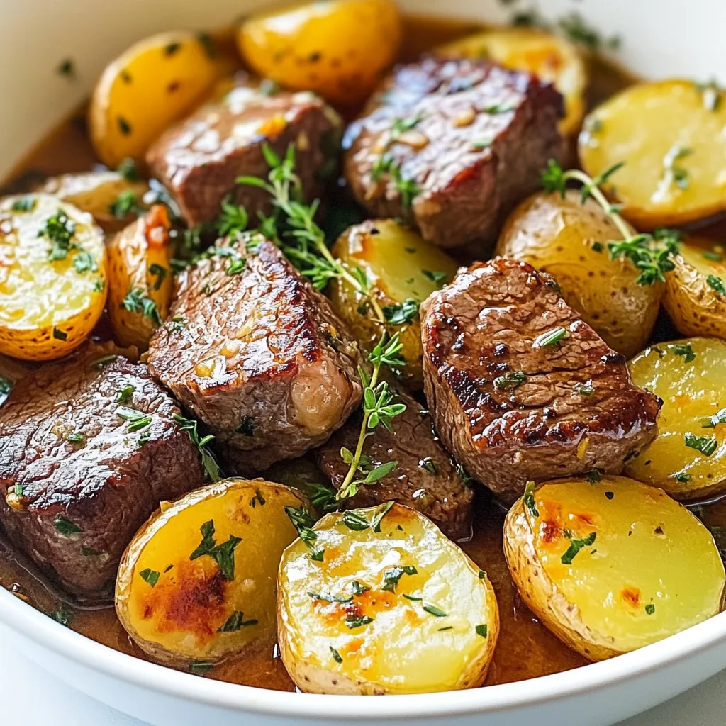 - 1 pound sirloin steak, cut into bite-sized cubes - 1 pound baby potatoes, halved - 4 tablespoons unsalted butter - 5 cloves garlic, minced - 1 teaspoon fresh rosemary, chopped - 1 teaspoon fresh thyme, chopped - Salt and pepper to taste - 2 tablespoons olive oil - Fresh parsley for garnish Each ingredient plays a key role in this dish. The sirloin steak provides rich flavor and tender bites. Baby potatoes add heartiness and texture, making this meal filling. Unsalted butter gives a creamy finish, while garlic adds a fragrant kick. Fresh rosemary and thyme bring depth and earthiness to the dish. I recommend using fresh herbs for the best taste. Dry herbs can work, but fresh really shines here. For the steak, choose high-quality sirloin for a juicy result. You can also swap in other cuts if you prefer. Baby potatoes are ideal, as they cook evenly. You can use red or yellow potatoes, depending on what you have. If you're feeling adventurous, try adding some chopped bell peppers or zucchini for extra color and flavor. Salt and pepper are your friends in this recipe. They enhance every element, so don’t skip them. Fresh parsley is perfect for garnish. It adds a pop of color and freshness just before serving. Gather all these ingredients, and you'll be ready to create a tasty meal that everyone will enjoy! {{ingredient_image_1}} - Heat 2 tablespoons of olive oil in a large skillet. - Add halved baby potatoes and season with salt and pepper. - Cook for 15-20 minutes, stirring often, until golden brown and tender. - Once done, remove them from the skillet and set aside. - Increase the heat to medium-high in the same skillet. - Add cubed sirloin steak and season with salt and pepper. - Cook for 3-4 minutes, stirring often, until browned on all sides and tender. - Reduce the heat to medium. - Add minced garlic, chopped rosemary, and thyme to the skillet. - Cook for about 1 minute until the garlic smells great. - Add 4 tablespoons of unsalted butter to the skillet. - Stir to mix the butter with the steak and herbs until it melts. - Return the cooked potatoes to the skillet. - Stir well to combine with the steak and garlic butter mixture. - Heat through for another 2-3 minutes. - Remove the skillet from heat. - Garnish with fresh parsley for a pop of color. This dish is quick and easy. You will love how the flavors blend. Serve it straight from the skillet for a great look! To cook steak just right, aim for 3-4 minutes for medium-rare. This time lets the meat brown and stay juicy. The best cut for this dish is sirloin. It’s tender and has great flavor. You can add more herbs for extra taste. Try parsley, oregano, or basil. When seasoning potatoes, use salt and pepper. This simple mix brings out their natural taste. I prefer a cast iron skillet for this recipe. It holds heat well and gives a nice sear. If you use non-stick, it may not brown as much. Always let your steak rest for a few minutes. This helps the juices stay inside, making it tender. Pro Tips Use Room Temperature Steak: Allow your steak to sit at room temperature for about 30 minutes before cooking. This helps it cook more evenly. Don't Overcrowd the Skillet: When searing the steak, make sure not to overcrowd the skillet. Cook in batches if necessary to achieve a good sear. Fresh Herbs for Flavor: Use fresh herbs instead of dried for a more vibrant flavor in your garlic butter sauce. Fresh herbs bring out the best in your dish. Rest Your Steak: After cooking, let the steak rest for a few minutes before serving. This allows the juices to redistribute, making it juicier and more flavorful. {{image_2}} You can switch the sirloin steak for chicken or pork. Chicken thighs work well. They stay juicy and cook quickly. Just cut the chicken into bite-sized pieces like the steak. For pork, try pork tenderloin. It offers a mild flavor that pairs nicely with garlic butter. Cook it the same way as the steak. Feel free to add seasonal veggies for color and taste. Bell peppers bring sweetness and crunch. Zucchini is soft and soaks up flavor. You can also use carrots, green beans, or asparagus. Just cut them to match the size of the potatoes. Add them to the skillet when cooking the potatoes for even cooking. Mix up the spices to create fun new flavors. Try adding smoked paprika for a hint of smokiness. You can also use chili powder for a kick. Marinades like teriyaki or soy sauce can change the dish's flavor completely. Just marinate the protein before cooking. Always match the spices to your taste for the best results. To keep your garlic butter steak and potatoes fresh, follow these steps: - Refrigeration: Place leftovers in an airtight container. Store in the fridge for up to 3 days. - Freezing: If you want to freeze, use a freezer-safe container. It can last up to 3 months. Make sure to let it cool before sealing. When it’s time to enjoy your leftovers, follow these tips: - Best methods: The oven works great. Preheat it to 350°F (175°C). Place the steak and potatoes in a baking dish. Cover it with foil to keep moisture in. Heat for about 15-20 minutes. - Stovetop option: Heat a skillet over medium heat. Add a splash of olive oil or butter. Cook for 5-7 minutes, stirring gently until warm. This method keeps the steak tender and juicy. Yes, you can use different potatoes. Here are some options: - Yukon Gold: Creamy texture and buttery flavor. - Red Potatoes: Waxy and hold shape well. - Russet Potatoes: Fluffy when cooked, great for mashing. Each type changes the dish's taste and texture. To cook a medium-rare steak, aim for 130-135°F. - Use a meat thermometer: This ensures accuracy. - Cook time: Sear each side for about 3-4 minutes. Let the steak rest for 5 minutes before slicing. This keeps it juicy. Consider these tasty side dishes: - Steamed green beans: Crisp and fresh. - Caesar salad: Adds crunch and creaminess. - Garlic bread: Perfect for soaking up sauce. These sides balance the meal and enhance flavors. This blog post guided you through making a delicious Garlic Butter Steak and Potatoes dish. You learned about key ingredients, cooking steps, and handy tips. Remember, using fresh herbs enhances flavor and selecting the right steak cut is vital for taste. You can switch proteins or veggies to suit your taste, while proper storage keeps leftovers fresh. Enjoy experimenting with this recipe! Trust your skills and savor every bite.