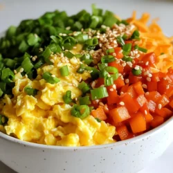 To make a Veggie Loaded Egg Roll Bowl, you need these key ingredients: - 1 tablespoon sesame oil - 1 cup shredded carrots - 1 cup shredded green cabbage - 1 cup bean sprouts - 1 red bell pepper, diced - 1 cup snap peas, trimmed and halved - 2 green onions, chopped - 2 cloves garlic, minced - 1 tablespoon fresh ginger, grated - 3 large eggs, beaten - 3 tablespoons soy sauce (or tamari for gluten-free) - 1 tablespoon rice vinegar - 1 teaspoon chili paste (optional) - Salt and pepper to taste - Sesame seeds for garnish These ingredients bring a crisp and vibrant taste. The colors from the veggies make the dish fun and appealing. You can customize your bowl with some optional ingredients: - Tofu, chicken, or shrimp for added protein - Extra veggies like mushrooms or zucchini - Spices such as garlic powder or onion powder - Fresh herbs like cilantro or basil Feel free to mix and match based on what you like. This dish works with many flavors. This bowl is not just tasty; it's also healthy! Here’s a quick look at its nutrition: - Protein: Eggs and optional proteins provide good protein content. - Fiber: Veggies like cabbage and snap peas add fiber. - Vitamins: Rich in vitamins A, C, and K from all the fresh veggies. - Calories: A serving is low-calorie, making it a great meal choice. This dish keeps you full without weighing you down. Enjoy the flavors and the health benefits! {{ingredient_image_1}} First, gather your ingredients. You will need: - 1 tablespoon sesame oil - 1 cup shredded carrots - 1 cup shredded green cabbage - 1 cup bean sprouts - 1 red bell pepper, diced - 1 cup snap peas, trimmed and halved - 2 green onions, chopped - 2 cloves garlic, minced - 1 tablespoon fresh ginger, grated - 3 large eggs, beaten - 3 tablespoons soy sauce (or tamari for gluten-free) - 1 tablespoon rice vinegar - 1 teaspoon chili paste (optional) - Salt and pepper to taste - Sesame seeds for garnish Wash your veggies well. Shred the carrots and cabbage. Dice the red bell pepper. Trim the snap peas and chop the green onions. Mince the garlic and grate the ginger. This makes cooking easier and faster. Heat the sesame oil in a large skillet or wok over medium heat. When it’s hot, add the minced garlic and grated ginger. Stir for about 30 seconds until it smells good. Next, toss in the shredded carrots, green cabbage, diced red bell pepper, and snap peas. Stir-fry these for about 5 to 7 minutes. You want them to be slightly soft but still crisp. Then, add the bean sprouts and chopped green onions. Cook these for another 2 minutes. This keeps all the veggies bright and fresh. Now, push the veggies to one side of the pan. Create space in the center. Pour the beaten eggs into this space. Scramble the eggs until they are fully cooked. Once the eggs are ready, mix them with the veggies. Drizzle the soy sauce, rice vinegar, and chili paste over everything. Stir well to combine. Season with salt and pepper to taste. Cook for another minute. This helps all the flavors blend nicely. Finally, remove the mix from heat and transfer it to serving bowls. Garnish with sesame seeds and extra green onions for a pop of color. Enjoy your veggie loaded egg roll bowl! To make your Veggie Loaded Egg Roll Bowl shine, start with fresh veggies. Look for vibrant colors and firm textures. Choose shredded carrots that are crisp and bright orange. For cabbage, select heads that feel heavy and have tightly packed leaves. When picking bell peppers, go for ones that are smooth and shiny. For snap peas, check for a bright green color and a crisp snap when you bend them. Fresh vegetables not only taste better but also add to your meal's nutrition. The key to a great egg roll bowl is texture. You want your veggies to stay crisp. Start by heating the sesame oil in a hot skillet. Add garlic and ginger first, as they release flavor quickly. Next, toss in the carrots, cabbage, bell pepper, and snap peas. Stir-fry for just 5 to 7 minutes. This keeps them tender but still crunchy. When you add bean sprouts and green onions, cook them for only 2 minutes. This ensures every bite is a mix of soft and crisp. Presentation can make your meal even more enjoyable. Serve your bowl in colorful dishes to brighten up the table. After mixing everything, top your dish with sesame seeds and extra green onions. This adds a pop of color and a nice crunch. If you want to add more fun, include crispy wonton strips on the side. They give a delightful crunch that pairs well with the soft veggies and eggs. Enjoy your meal, and let the colors make it even more inviting! Pro Tips Choose Fresh Veggies: Using fresh, crisp vegetables not only enhances the flavor but also offers better texture in your egg roll bowl. Egg Cooking Technique: To achieve perfectly scrambled eggs, stir them in the center of the skillet and allow them to set slightly before mixing with the veggies. Customize Your Sauce: Feel free to adjust the soy sauce and vinegar to suit your taste, or add a splash of sriracha for extra heat! Garnish for Appeal: A sprinkle of sesame seeds and sliced green onions not only enhances the presentation but also adds a delightful crunch. {{image_2}} You can add protein to your veggie loaded egg roll bowl for extra flavor and nutrition. Tofu is a great choice for a plant-based option. Just cube it and sauté it in sesame oil before adding the veggies. If you prefer meat, diced chicken or shrimp works too. Cook the chicken until it’s no longer pink or shrimp until they turn pink and opaque. Mix it in with the veggies for a hearty meal. If you need a gluten-free option, tamari is your best bet. It tastes similar to soy sauce but is made without wheat. You can also use coconut aminos, which adds a hint of sweetness. Both options work well in this recipe. Just swap them in the same amount as soy sauce, and you’ll still enjoy that umami flavor. Feel free to get creative with sauces and spices. A splash of sriracha can add heat. You can also try hoisin sauce for a sweet touch. Adding a bit of five-spice powder gives a warm, aromatic flavor. If you like it spicy, toss in some chili flakes or fresh chopped chili. These small tweaks can make your egg roll bowl unique every time. After you enjoy your veggie loaded egg roll bowl, let it cool. Place leftovers in a clean, airtight container. Store it in the fridge. It will stay fresh for 3-4 days. Make sure to label the container with the date. This way, you know when to eat it. To reheat, use the stove or a microwave. If using the stove, heat a little oil in a pan over low heat. Add the bowl's contents and stir until warm. If using a microwave, place the bowl in for one to two minutes. Stir halfway through to heat evenly. You can freeze this dish, too! Just make sure it’s cooled and in an airtight container. It will keep well in the freezer for about 3 months. When ready to eat, thaw it overnight in the fridge. Reheat it as mentioned above. Enjoy a tasty meal, even from the freezer! Yes, you can easily make this recipe vegetarian. Just skip the eggs or use tofu instead. Tofu adds great protein. You can also add more veggies like mushrooms or zucchini. They add good flavor and texture. If you don’t have sesame oil, you can use olive oil. Peanut oil is also a good choice. Both oils will give a nice taste. Just remember, sesame oil adds a unique flavor that others might not match. This dish lasts about three to four days in the fridge. Store it in an airtight container. To enjoy the best taste, eat it within two days. Always check for freshness before eating. You learned about making a veggie loaded egg roll bowl, from ingredients to cooking steps. Customization lets you use what you love. I shared tips for fresh veggies, perfect cooking, and eye-catching servings. You can add proteins and change flavors easily, too. Lastly, I covered storage and answered common questions. Enjoy this fun and tasty dish. It’s healthy, quick, and will please everyone at your table.