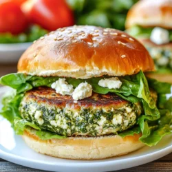 To make spinach feta turkey burgers, you need the following: - 1 pound ground turkey - 1 cup fresh spinach, chopped - 1/2 cup feta cheese, crumbled - 1/4 cup breadcrumbs - 1/4 cup red onion, finely chopped - 2 cloves garlic, minced - 1 teaspoon dried oregano - 1/2 teaspoon black pepper - 1/2 teaspoon salt - 1 tablespoon olive oil (for cooking) - 4 whole wheat burger buns - Lettuce leaves and sliced tomatoes for serving When measuring ingredients, use standard measuring cups and spoons. For the best results, level off dry ingredients with a straight edge. This gives you the right amount. For soft ingredients like feta, pack it lightly into the measuring cup. This ensures you get enough flavor in your burger. Fresh ingredients work best for spinach feta turkey burgers. Fresh spinach gives a bright taste and nice texture. Frozen spinach can also work, but be sure to thaw and drain it well. This helps avoid excess water in the mix. Fresh garlic and onion add more flavor than their dried versions. Always choose fresh when you can for the most delicious outcome. {{ingredient_image_1}} Start by gathering all your ingredients. You need one pound of ground turkey, one cup of fresh spinach, and half a cup of crumbled feta cheese. Measure out a quarter cup of breadcrumbs and a quarter cup of finely chopped red onion. Mince two cloves of garlic, and set aside one teaspoon of dried oregano, half a teaspoon of black pepper, and half a teaspoon of salt. Prepare one tablespoon of olive oil for cooking. Chop the spinach into small pieces. This helps it mix well with the turkey. Crumble the feta cheese if it's not already done. Having everything ready makes cooking easier. In a large bowl, combine the ground turkey, chopped spinach, crumbled feta, breadcrumbs, red onion, minced garlic, oregano, black pepper, and salt. Use your hands to mix the ingredients gently. Be careful not to overmix, as this can make your burgers tough. Once mixed, divide the mixture into four equal parts. Shape each part into a patty about half an inch thick. Make sure the patties are even. This helps them cook evenly. Heat the olive oil in a large skillet over medium heat. When the oil is hot, add the burger patties. Cook them for about five to six minutes on one side until they are golden brown. Flip the patties and cook for another five to six minutes. Make sure the internal temperature reaches 165°F for safe eating. While the burgers are cooking, you can toast your whole wheat burger buns in another pan if you like them warm. Once the patties are cooked, let them rest for a minute. To assemble, place each turkey patty on a bun. Add lettuce and sliced tomatoes, then cover with the other half of the bun. Enjoy your tasty and healthy spinach feta turkey burgers! To keep your burgers juicy, start with ground turkey that has some fat. I recommend using 85% lean turkey for the best results. Also, don't overmix the meat when you blend in the spinach, feta, and spices. Overmixing makes the burgers tough. Shape the patties gently and keep them about 1/2 inch thick. This size helps them cook evenly while staying moist. Seasoning is key to great flavor. I use dried oregano and black pepper in this recipe, but you can add more. A pinch of cumin or smoked paprika can bring depth. If you want a kick, try adding a dash of cayenne pepper. Remember, fresh garlic adds great taste too. Use minced garlic cloves, not powder, to make the burgers pop. You can cook these burgers in a skillet or on the grill. A skillet gives a nice sear and keeps the burgers moist. Heat olive oil in the skillet before adding the patties. Cook them for 5-6 minutes on each side. If you grill, keep the heat medium to avoid burning. Grill marks add style, but be careful not to dry them out. Pro Tips Keep it Moist: Adding breadcrumbs helps retain moisture in turkey burgers, making them juicy and flavorful. Don't Overmix: When combining the ingredients, mix just until combined to prevent the burgers from becoming tough. Use Fresh Ingredients: Fresh spinach and high-quality feta cheese will enhance the flavor and nutritional value of your burgers. Rest the Patties: Allow the cooked patties to rest for a minute before serving to let the juices redistribute for better flavor. {{image_2}} You can easily make a vegetarian version of these burgers. Instead of turkey, use chickpeas. Mash one can of chickpeas until smooth. Mix in the same spinach, feta, and spices. This keeps the flavor but makes it meat-free. The chickpeas add protein and fiber too. Form the mixture into patties just like you do with turkey. Cook as directed. You’ll love the taste! Adding spices can make your burgers even better. Try mixing in some cumin or paprika for warmth. A pinch of red pepper flakes can add heat. If you like herbs, add fresh basil or parsley. These options will enhance the flavors of your burger. Feel free to experiment until you find what you like best. Each spice adds a new layer of taste. Feta cheese is great, but you can switch it up. Try goat cheese for a tangy twist. Cheddar cheese adds a sharp flavor that many enjoy. If you want a creamier texture, use mozzarella. Each cheese will change the taste and texture of your burger. Don’t be afraid to mix cheeses too. Combining different types can create a delicious surprise! To store your cooked spinach feta turkey burgers, let them cool first. Place each burger in an airtight container. You can keep them in the fridge for up to four days. If you want to enjoy them later, consider freezing them. For freezing, wrap each burger in plastic wrap. Then, place them in a freezer-safe bag or container. This method helps keep them fresh. You can freeze the burgers for up to three months. Label the bags with the date to track freshness. When you’re ready to eat, reheating is simple. If frozen, let the burgers thaw overnight in the fridge. To reheat, use a skillet over medium heat. Cook for about 5 minutes on each side until warmed through. You can also use a microwave. Heat on medium for 1-2 minutes, checking often to avoid overcooking. Enjoy your delicious burgers warm and juicy! Yes, you can make these turkey burgers ahead of time. Prepare the patties and store them in the fridge. They will stay fresh for up to two days. You can also freeze them for up to three months. Just make sure to wrap them tightly. When you are ready to cook, thaw them in the fridge overnight. Then, simply cook them as you normally would. I love serving these burgers with sweet potato fries or a light salad. You can also add a side of roasted veggies for more color and flavor. A refreshing yogurt sauce pairs well, too. It adds a nice cool touch. Don't forget to add lettuce and tomatoes on the burger for crunch. Adjusting the recipe is easy! For smaller servings, cut the ingredients in half to make two burgers. If you want to make more, simply double the ingredients. Keep the same mixing and cooking times. Make sure each patty stays about 1/2 inch thick for even cooking. This post covered all you need for making tasty turkey burgers. We explored ingredient details, cooking steps, and tips to keep your burgers juicy. You learned how to add fun twists, like vegetarian options and unique cheese choices. Plus, we reviewed storage tips to keep your food fresh. Remember, enjoy the process and try your own flavors. Making burgers should be fun and easy. Now it's time to enjoy your delicious creations!