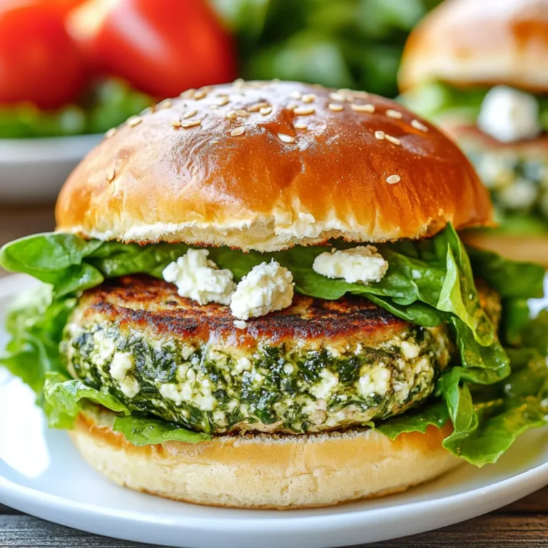 To make spinach feta turkey burgers, you need the following: - 1 pound ground turkey - 1 cup fresh spinach, chopped - 1/2 cup feta cheese, crumbled - 1/4 cup breadcrumbs - 1/4 cup red onion, finely chopped - 2 cloves garlic, minced - 1 teaspoon dried oregano - 1/2 teaspoon black pepper - 1/2 teaspoon salt - 1 tablespoon olive oil (for cooking) - 4 whole wheat burger buns - Lettuce leaves and sliced tomatoes for serving When measuring ingredients, use standard measuring cups and spoons. For the best results, level off dry ingredients with a straight edge. This gives you the right amount. For soft ingredients like feta, pack it lightly into the measuring cup. This ensures you get enough flavor in your burger. Fresh ingredients work best for spinach feta turkey burgers. Fresh spinach gives a bright taste and nice texture. Frozen spinach can also work, but be sure to thaw and drain it well. This helps avoid excess water in the mix. Fresh garlic and onion add more flavor than their dried versions. Always choose fresh when you can for the most delicious outcome. {{ingredient_image_1}} Start by gathering all your ingredients. You need one pound of ground turkey, one cup of fresh spinach, and half a cup of crumbled feta cheese. Measure out a quarter cup of breadcrumbs and a quarter cup of finely chopped red onion. Mince two cloves of garlic, and set aside one teaspoon of dried oregano, half a teaspoon of black pepper, and half a teaspoon of salt. Prepare one tablespoon of olive oil for cooking. Chop the spinach into small pieces. This helps it mix well with the turkey. Crumble the feta cheese if it's not already done. Having everything ready makes cooking easier. In a large bowl, combine the ground turkey, chopped spinach, crumbled feta, breadcrumbs, red onion, minced garlic, oregano, black pepper, and salt. Use your hands to mix the ingredients gently. Be careful not to overmix, as this can make your burgers tough. Once mixed, divide the mixture into four equal parts. Shape each part into a patty about half an inch thick. Make sure the patties are even. This helps them cook evenly. Heat the olive oil in a large skillet over medium heat. When the oil is hot, add the burger patties. Cook them for about five to six minutes on one side until they are golden brown. Flip the patties and cook for another five to six minutes. Make sure the internal temperature reaches 165°F for safe eating. While the burgers are cooking, you can toast your whole wheat burger buns in another pan if you like them warm. Once the patties are cooked, let them rest for a minute. To assemble, place each turkey patty on a bun. Add lettuce and sliced tomatoes, then cover with the other half of the bun. Enjoy your tasty and healthy spinach feta turkey burgers! To keep your burgers juicy, start with ground turkey that has some fat. I recommend using 85% lean turkey for the best results. Also, don't overmix the meat when you blend in the spinach, feta, and spices. Overmixing makes the burgers tough. Shape the patties gently and keep them about 1/2 inch thick. This size helps them cook evenly while staying moist. Seasoning is key to great flavor. I use dried oregano and black pepper in this recipe, but you can add more. A pinch of cumin or smoked paprika can bring depth. If you want a kick, try adding a dash of cayenne pepper. Remember, fresh garlic adds great taste too. Use minced garlic cloves, not powder, to make the burgers pop. You can cook these burgers in a skillet or on the grill. A skillet gives a nice sear and keeps the burgers moist. Heat olive oil in the skillet before adding the patties. Cook them for 5-6 minutes on each side. If you grill, keep the heat medium to avoid burning. Grill marks add style, but be careful not to dry them out. Pro Tips Keep it Moist: Adding breadcrumbs helps retain moisture in turkey burgers, making them juicy and flavorful. Don't Overmix: When combining the ingredients, mix just until combined to prevent the burgers from becoming tough. Use Fresh Ingredients: Fresh spinach and high-quality feta cheese will enhance the flavor and nutritional value of your burgers. Rest the Patties: Allow the cooked patties to rest for a minute before serving to let the juices redistribute for better flavor. {{image_2}} You can easily make a vegetarian version of these burgers. Instead of turkey, use chickpeas. Mash one can of chickpeas until smooth. Mix in the same spinach, feta, and spices. This keeps the flavor but makes it meat-free. The chickpeas add protein and fiber too. Form the mixture into patties just like you do with turkey. Cook as directed. You’ll love the taste! Adding spices can make your burgers even better. Try mixing in some cumin or paprika for warmth. A pinch of red pepper flakes can add heat. If you like herbs, add fresh basil or parsley. These options will enhance the flavors of your burger. Feel free to experiment until you find what you like best. Each spice adds a new layer of taste. Feta cheese is great, but you can switch it up. Try goat cheese for a tangy twist. Cheddar cheese adds a sharp flavor that many enjoy. If you want a creamier texture, use mozzarella. Each cheese will change the taste and texture of your burger. Don’t be afraid to mix cheeses too. Combining different types can create a delicious surprise! To store your cooked spinach feta turkey burgers, let them cool first. Place each burger in an airtight container. You can keep them in the fridge for up to four days. If you want to enjoy them later, consider freezing them. For freezing, wrap each burger in plastic wrap. Then, place them in a freezer-safe bag or container. This method helps keep them fresh. You can freeze the burgers for up to three months. Label the bags with the date to track freshness. When you’re ready to eat, reheating is simple. If frozen, let the burgers thaw overnight in the fridge. To reheat, use a skillet over medium heat. Cook for about 5 minutes on each side until warmed through. You can also use a microwave. Heat on medium for 1-2 minutes, checking often to avoid overcooking. Enjoy your delicious burgers warm and juicy! Yes, you can make these turkey burgers ahead of time. Prepare the patties and store them in the fridge. They will stay fresh for up to two days. You can also freeze them for up to three months. Just make sure to wrap them tightly. When you are ready to cook, thaw them in the fridge overnight. Then, simply cook them as you normally would. I love serving these burgers with sweet potato fries or a light salad. You can also add a side of roasted veggies for more color and flavor. A refreshing yogurt sauce pairs well, too. It adds a nice cool touch. Don't forget to add lettuce and tomatoes on the burger for crunch. Adjusting the recipe is easy! For smaller servings, cut the ingredients in half to make two burgers. If you want to make more, simply double the ingredients. Keep the same mixing and cooking times. Make sure each patty stays about 1/2 inch thick for even cooking. This post covered all you need for making tasty turkey burgers. We explored ingredient details, cooking steps, and tips to keep your burgers juicy. You learned how to add fun twists, like vegetarian options and unique cheese choices. Plus, we reviewed storage tips to keep your food fresh. Remember, enjoy the process and try your own flavors. Making burgers should be fun and easy. Now it's time to enjoy your delicious creations!