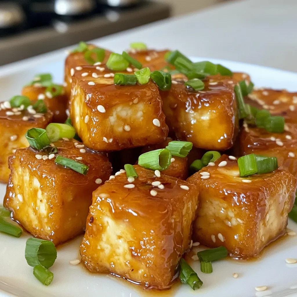 To make crispy honey garlic tofu, gather these key items: - 1 block (14 oz) firm tofu, pressed and drained - 1/4 cup cornstarch - 2 tablespoons vegetable oil - 3 cloves garlic, minced - 1/4 cup honey (or maple syrup for a vegan option) - 2 tablespoons soy sauce (or tamari for gluten-free) - 1 tablespoon rice vinegar - 1 teaspoon grated ginger - 1 tablespoon sesame oil - 1 teaspoon chili flakes (optional) - 2 green onions, chopped (for garnish) - Sesame seeds (for garnish) These ingredients create a sweet and savory sauce that perfectly complements crispy tofu. You can swap some ingredients without losing flavor. Here are some ideas: - Tofu: Use extra-firm or silken tofu for a softer texture. - Cornstarch: Try arrowroot powder or potato starch for coating. - Vegetable oil: Olive oil or coconut oil can work well too. - Honey: Maple syrup or agave syrup makes a great vegan substitute. - Soy sauce: Liquid aminos or coconut aminos are good gluten-free options. These changes allow you to customize the dish to your taste or dietary needs. If you want to make this dish fully vegan, use these alternatives: - Honey: Replace it with maple syrup to keep it plant-based. - Soy sauce: Use tamari to ensure it’s gluten-free. These swaps keep the flavors rich and satisfying while respecting a vegan lifestyle. {{ingredient_image_1}} To start, you need to press the tofu. This step removes extra moisture. Wrap the tofu block in a clean towel. Place something heavy on top, like a skillet. Let it rest for about 20 to 30 minutes. This helps the tofu absorb flavors later. After pressing, cut the tofu into cubes or triangles. The size is up to you, but bite-sized pieces work best. Next, toss the tofu in a bowl with cornstarch. Make sure each piece is evenly coated. This coating is key for a crispy texture. Heat vegetable oil in a non-stick skillet over medium heat. Once the oil is hot, add the tofu in a single layer. Don’t overcrowd the pan; you may need to fry in batches. Fry each side for about 3 to 4 minutes. You want them golden brown and crispy. After frying, remove the tofu and place it on paper towels. This helps soak up any excess oil. In the same skillet, lower the heat. Add minced garlic and sauté for about 30 seconds. You want the garlic fragrant, not burnt. Now, add honey (or maple syrup), soy sauce, rice vinegar, and grated ginger. If you like heat, toss in chili flakes. Stir everything together. Let it simmer for 1 to 2 minutes until slightly thick. Finally, return the crispy tofu to the skillet. Gently toss it in the sauce. Make sure every piece gets coated well. To get the tofu nice and crispy, press it well. Use a clean towel and a heavy object. Remove as much moisture as you can. Next, coat the tofu in cornstarch. This step is key for the crunch. Fry it in a single layer, not overcrowding the pan. Let each side cook for about 3-4 minutes. You want golden brown and crispy tofu that you cannot resist. For frying, I recommend using vegetable oil. It has a high smoke point, making it perfect for frying. You can also try canola oil or peanut oil. These oils add a nice flavor without overpowering the dish. Avoid using oils with low smoke points, as they can burn easily. Serve your crispy honey garlic tofu hot. It pairs well with rice or noodles. Add steamed vegetables for extra color and nutrition. To make it look fancy, sprinkle sesame seeds and chopped green onions on top. You can also serve it with a side of soy sauce for dipping. Enjoy your meal with friends or family! Pro Tips Press Tofu Well: Ensure you press the tofu adequately to remove moisture, which helps achieve maximum crispiness during frying. Use a Non-Stick Skillet: A non-stick skillet helps prevent the tofu from sticking and breaking apart during frying. Adjust Sweetness: Feel free to adjust the amount of honey or maple syrup in the sauce based on your preferred sweetness level. Garnish Creatively: Experiment with different garnishes such as chopped cilantro or crushed peanuts for added flavor and texture. {{image_2}} To add a kick to your dish, try spicy honey garlic tofu. Start with the base recipe, but add 1-2 teaspoons of chili paste or sriracha to the sauce. You can also increase the chili flakes to suit your heat level. The spicy sauce blends well with the sweet honey and garlic, creating a tasty balance. This version brings excitement and warmth to your meal. Incorporating vegetables is a great way to boost nutrition. You can add bell peppers, broccoli, or snap peas. Slice the veggies into bite-sized pieces and stir-fry them for a few minutes before adding the tofu. This step keeps the vegetables crisp and fresh. Toss everything in the honey garlic sauce, and you’ll have a colorful and healthy meal. To make this dish gluten-free, swap regular soy sauce for tamari. Tamari tastes similar and works well in this recipe. Always check labels for hidden gluten in sauces and ingredients. This swap ensures everyone can enjoy the crispy honey garlic tofu. You won’t miss out on flavor while making it suitable for gluten-sensitive diets. To store leftover crispy honey garlic tofu, let it cool first. Place it in an airtight container. Keep it in the fridge for up to three days. This helps preserve the flavor and texture. Remember, the tofu may lose some crispiness when stored. To reheat, I suggest using a skillet. Heat the skillet over medium heat. Add a little oil to the pan. Once hot, add the leftover tofu. Cook for about 5 minutes, turning to crisp all sides. This method keeps the tofu tasty and helps regain some crunch. If you want to freeze the tofu, it’s best to do this before adding the sauce. After frying, let the tofu cool. Place it in a freezer-safe bag. It can last up to two months in the freezer. When ready to eat, thaw it in the fridge overnight before reheating. This way, you can enjoy the dish again without waste. Yes, you can use different types of tofu. Firm tofu works best for this recipe. It holds its shape well and gives a nice crunch. If you prefer, you can use extra-firm tofu for even more texture. Silken tofu, however, won’t work. It’s too soft and will break apart. You can use maple syrup as a sweet vegan option. It has a similar taste and texture to honey. Agave nectar is another choice if you want a milder flavor. Both options mix well with the sauce and keep the dish sweet. Yes, this dish is great for meal prep. You can make it ahead and store it in the fridge. Just keep the tofu and sauce separate until you're ready to eat. This keeps the tofu crispy. Reheat it in a skillet to regain that crunch. Crispy honey garlic tofu is easy to make and full of flavor. We covered ingredients, cooking steps, and tips for maximum crispiness. You can also try variations like spicy options or adding veggies. Proper storage and reheating keep it fresh for later. Enjoy experimenting with this dish! With the right steps, you'll impress anyone with your cooking. You now have the tools to make a tasty, healthy meal at home.