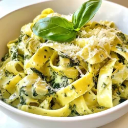 To make creamy spinach artichoke pasta, gather these main ingredients: - 8 ounces pasta (fettuccine or penne) - 1 tablespoon olive oil - 3 cloves garlic, minced - 1 can (14 ounces) artichoke hearts, drained and chopped - 4 cups fresh spinach, roughly chopped - 1 cup heavy cream - 1 cup cream cheese, softened - 1 cup grated Parmesan cheese - 1 teaspoon garlic powder - 1 teaspoon onion powder - Salt and pepper to taste These ingredients create a rich and creamy dish that feels special yet is simple to whip up. You can add some optional ingredients for extra flavor: - Red pepper flakes (for a spicy kick) These give the dish a nice touch of heat without overpowering the flavors. To enhance your dish, consider these recommended toppings: - Fresh basil, for garnish - Extra grated Parmesan cheese, for a richer taste These toppings not only make the dish look beautiful but also add fresh flavors that brighten up every bite. {{ingredient_image_1}} Start by boiling water in a large pot. Add a pinch of salt for flavor. Once the water is boiling, add 8 ounces of your favorite pasta, like fettuccine or penne. Cook the pasta according to the package instructions until it is al dente. This usually takes about 8 to 10 minutes. When done, save 1 cup of the pasta water. Then, drain the pasta and set it aside for later. While the pasta cooks, grab a large skillet and heat 1 tablespoon of olive oil over medium heat. Once hot, add 3 minced garlic cloves and sauté for about 1 minute. You want the garlic to smell nice but not burn. Next, add 14 ounces of chopped artichoke hearts to the skillet. Cook them for 2 to 3 minutes to heat through. After that, toss in 4 cups of roughly chopped fresh spinach. Stir until the spinach wilts down, which takes another 2 to 3 minutes. Now, it’s time to make it creamy! Pour in 1 cup of heavy cream and add 1 cup of softened cream cheese. Stir continuously until the cream cheese melts and mixes in well. Then, add 1 cup of grated Parmesan cheese. Keep stirring until the sauce is smooth and creamy. If it’s too thick, slowly add some of the reserved pasta water until you reach your desired consistency. Once your sauce is ready, it’s time to marry the pasta and sauce. Add the drained pasta to the skillet and gently toss it in the creamy sauce. Make sure each piece of pasta gets a nice coating. Let the pasta heat through for a couple of minutes. This helps the flavors meld together. Remove the skillet from the heat, and you’re all set to enjoy a luscious dish of creamy spinach artichoke pasta! To boost the flavor, use fresh herbs. Add chopped basil or parsley right before serving. A squeeze of lemon juice adds brightness too. You can also sprinkle some grated lemon zest on top for extra zing. If you like it spicy, red pepper flakes work wonders. Adjust the amount to your taste. For the creamiest sauce, melt the cream cheese fully before adding the pasta. Stir constantly to blend it well with the cream. If the sauce is thick, use the reserved pasta water. Add a little at a time until it reaches your desired texture. This keeps everything smooth and lovely. Serve your creamy spinach artichoke pasta in deep bowls. Top each serving with extra Parmesan cheese and fresh basil leaves for a pop of color. Pair this dish with a light salad or garlic bread for a complete meal. Enjoy it warm for the best taste! Pro Tips Use Fresh Spinach: Fresh spinach will give your dish a vibrant color and better texture compared to frozen spinach. Cook Pasta Al Dente: Make sure to cook your pasta al dente to avoid mushiness once mixed with the creamy sauce. Adjust Creaminess: If your sauce is too thick, gradually add reserved pasta water to reach your desired consistency. Garnish Wisely: Fresh basil and an extra sprinkle of Parmesan not only enhance the flavor but also improve presentation. {{image_2}} You can easily make this dish vegetarian by using plant-based cream and cheese. Look for brands that mimic dairy flavors well. This keeps the creamy texture while being meat-free. You can also add more veggies, like bell peppers or mushrooms. They enhance the flavor and add color to your plate. If you prefer gluten-free pasta, choose options made from rice or chickpeas. These types cook well and still taste great with the creamy sauce. Be sure to check the labels for gluten-free verification. This way, you can enjoy the dish without worry. Want to boost the protein content? You can add cooked chicken or shrimp to the pasta. These options blend nicely with the creamy sauce. For a plant-based choice, consider adding chickpeas or lentils. They are tasty and fill you up. Store the creamy spinach artichoke pasta in an airtight container. This helps keep it fresh. It will last for about three to four days in the fridge. Before you store it, let it cool down. If you need to, you can separate the pasta from the sauce to help it last longer. You can freeze this dish, but keep in mind that pasta can change texture. Place the pasta in a freezer-safe container. Make sure it is tightly sealed. It can last for up to three months. To freeze, let it cool completely first. You can freeze the sauce separately too. When you are ready to eat, thaw the pasta in the fridge overnight. Reheat it on the stove over low heat. Stir in a splash of water or cream to help loosen the sauce. You can also reheat it in the microwave. Use a microwave-safe dish and cover it loosely. Heat in short bursts, stirring in between, until hot. Enjoy your pasta just like fresh! To make your pasta creamier, add more cream cheese. You can also use a bit more heavy cream. If the sauce is too thick, slowly mix in reserved pasta water. Stir gently until the sauce reaches your desired consistency. This way, your dish will stay rich and smooth. Yes, you can use frozen spinach! Just thaw and drain it before adding. Frozen spinach cooks faster than fresh. This swap saves you time and still gives great flavor. Remember to adjust the amount. About 2 cups of fresh spinach equals 1 cup of frozen. Feel free to get creative! You can add cooked chicken or shrimp for protein. Sun-dried tomatoes or roasted red peppers add a nice twist. You might also try different cheeses like mozzarella or feta for unique flavors. Just keep the balance in mind for a tasty meal! This blog post covered all the key steps for making a delicious pasta dish. We explored main and optional ingredients, along with tasty toppings. You learned how to cook pasta and prepare a rich sauce. I shared tips to enhance flavor and perfect the creamy texture. You also discovered variations for different diets and how to store leftovers properly. Now you can confidently create a pasta dish that impresses everyone. Enjoy cooking and make it your own!
