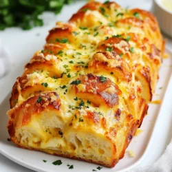 To make cheesy garlic pull-apart bread, you need the following ingredients: - 1 large loaf of fresh sourdough or Italian bread - 1/2 cup (1 stick) unsalted butter, melted - 4 cloves of garlic, minced - 1 teaspoon dried oregano - 1 teaspoon dried parsley - 1 cup shredded mozzarella cheese - 1/2 cup grated Parmesan cheese - Salt and pepper to taste - Fresh parsley for garnish (optional) Each ingredient plays a key role in flavor and texture. The bread gives a great base. The butter adds richness, while garlic brings a strong, savory taste. Oregano and parsley add depth and freshness. Mozzarella provides gooeyness, and Parmesan adds a sharp bite. When you choose your bread, go for fresh and crusty. Sourdough adds a tangy taste, while Italian bread is soft and fluffy. Either way, you want a loaf that can hold all that cheesy goodness. Gather your ingredients before you start cooking. This makes the process smooth and fun. Plus, it helps you stay organized! {{ingredient_image_1}} - Preheating the oven First, set your oven to 350°F (175°C). This step gets your oven ready for baking. - Mixing the garlic butter mixture In a small bowl, combine the melted butter, minced garlic, dried oregano, dried parsley, salt, and pepper. Stir until well mixed. This mixture adds great flavor. - Cutting the bread for pull-apart style Take a serrated knife and carefully cut the loaf into 1-inch slices. Be sure not to cut all the way through. You want the loaf to hold together. - Creating the cheesy fillings Stuff each slice with mozzarella cheese. Sprinkle some Parmesan cheese between the cuts. This makes every pull apart cheesy and delicious. - Drizzling garlic butter Drizzle half of the garlic butter mixture over the bread. Make sure to get it in between the slices for extra flavor. - Wrapping the bread for baking Place the bread on a large piece of aluminum foil and wrap it up. This helps keep the bread moist while baking. - Baking times and methods Bake the wrapped bread for 15 minutes. Then, open the foil to expose the top. Bake for an additional 10-15 minutes until the cheese is melted and bubbly. The top should be golden brown. Enjoy the aroma filling your kitchen! - Choosing the right bread type I love using fresh sourdough or Italian bread. These breads hold up well when cut. They also soak up the garlic butter nicely. - Ensuring even cheese distribution When cutting the bread, make sure to slice evenly. This helps the cheese melt throughout. Each bite should burst with cheesy goodness. - Tips for a crispy crust Bake the bread wrapped in foil for part of the time. This keeps it moist. Unwrap for the last few minutes to get that perfect golden crust. - Cutting too deep into the loaf Avoid cutting all the way through the bottom. This keeps the loaf intact for easy pulling apart. - Overbaking the bread Watch the time closely. Overbaking can dry out the bread and ruin the texture. Remove it when the cheese bubbles and the top is golden. - Missing flavor enhancements Don’t skip the garlic and herbs. They add loads of flavor. Also, consider adding extra cheese for a richer taste. Pro Tips Use Fresh Ingredients: For the best flavor, use fresh garlic and high-quality cheeses. Fresh garlic delivers a stronger, more aromatic flavor, while good mozzarella and Parmesan enhance the overall taste. Let the Bread Rest: After baking, allow the bread to rest for a few minutes before serving. This helps the cheese set slightly, making it easier to pull apart without losing too much filling. Experiment with Cheese: While mozzarella and Parmesan are classic choices, feel free to mix in other cheeses like cheddar, gouda, or even feta for a unique flavor twist. Perfect the Cut: When slicing the bread, be careful not to cut all the way through the bottom. This keeps the loaf intact and allows for easier pulling apart later. {{image_2}} You can easily boost the flavor of your cheesy garlic pull-apart bread. Try adding herbs like thyme or rosemary. These herbs pair well with garlic and cheese. They add a nice touch of freshness. Just sprinkle them in with the garlic butter mix. You can also play with different types of cheese. While mozzarella is classic, consider using sharp cheddar or creamy gouda. Each cheese adds its own unique taste. Mixing cheeses creates a delightful combination that will surprise your taste buds. If you need gluten-free options, you can use gluten-free bread. There are many tasty gluten-free loaves available today. They work well with this recipe. Just make sure to check the labels for good quality. For a vegan twist, swap out the butter for olive oil or vegan butter. You can also use plant-based cheese. There are great vegan cheeses that melt nicely. These substitutes keep the dish creamy and rich, without dairy. To keep your cheesy garlic pull-apart bread fresh, store it in an airtight bag or wrap it tightly. This will help prevent it from drying out. If you have leftover bread, it’s best to eat it within two days. When you reheat the bread, wrap it in foil. This keeps the cheese gooey and the crust soft. Heat it in a 350°F (175°C) oven for about 10 to 15 minutes. You can also use a microwave, but this may make the bread a bit soggy. You can freeze cheesy garlic pull-apart bread for later enjoyment. To do this, first let the bread cool completely. Then, wrap it tightly in plastic wrap. After that, place it in a freezer-safe bag. It can last up to three months in the freezer without losing flavor. When you are ready to enjoy it, take the bread out and let it thaw in the fridge overnight. For faster thawing, leave it at room temperature for a few hours. After thawing, you can reheat it in the oven as mentioned before. This will help restore its warm, cheesy goodness. I recommend using a large loaf of fresh sourdough or Italian bread. These breads are soft yet sturdy, making them perfect for pulling apart. They soak up the garlic butter well, adding flavor to every bite. Yes, you can prepare the bread before baking. Just cut and fill it with cheese and garlic butter. Wrap it tightly in foil and store it in the fridge for up to 24 hours. When you're ready, bake it right from the fridge. This saves time and still gives you that fresh, warm bread. This bread is best enjoyed fresh but can last for about 2 days at room temperature. Just keep it wrapped in foil or in an airtight container to keep it moist. If you want it to last longer, consider freezing it. This pull-apart bread pairs well with soups and salads. You can also serve it as a fun appetizer at parties. Try it with marinara sauce or your favorite dip for extra flavor. In this post, we covered cheesy garlic pull-apart bread from ingredients to storage tips. You learned about the right bread to use, the easy steps for preparation, and common mistakes to avoid. Remember, using fresh herbs and cheeses can enhance flavors. Try making this dish and enjoy the wonderful taste it brings. With a few simple changes, you can adapt it for dietary needs. This recipe is a great blend of flavor and fun, perfect for sharing. Enjoy your cooking adventure!