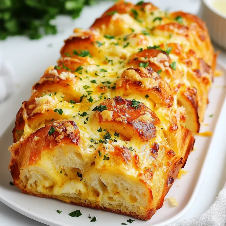 To make cheesy garlic pull-apart bread, you need the following ingredients: - 1 large loaf of fresh sourdough or Italian bread - 1/2 cup (1 stick) unsalted butter, melted - 4 cloves of garlic, minced - 1 teaspoon dried oregano - 1 teaspoon dried parsley - 1 cup shredded mozzarella cheese - 1/2 cup grated Parmesan cheese - Salt and pepper to taste - Fresh parsley for garnish (optional) Each ingredient plays a key role in flavor and texture. The bread gives a great base. The butter adds richness, while garlic brings a strong, savory taste. Oregano and parsley add depth and freshness. Mozzarella provides gooeyness, and Parmesan adds a sharp bite. When you choose your bread, go for fresh and crusty. Sourdough adds a tangy taste, while Italian bread is soft and fluffy. Either way, you want a loaf that can hold all that cheesy goodness. Gather your ingredients before you start cooking. This makes the process smooth and fun. Plus, it helps you stay organized! {{ingredient_image_1}} - Preheating the oven First, set your oven to 350°F (175°C). This step gets your oven ready for baking. - Mixing the garlic butter mixture In a small bowl, combine the melted butter, minced garlic, dried oregano, dried parsley, salt, and pepper. Stir until well mixed. This mixture adds great flavor. - Cutting the bread for pull-apart style Take a serrated knife and carefully cut the loaf into 1-inch slices. Be sure not to cut all the way through. You want the loaf to hold together. - Creating the cheesy fillings Stuff each slice with mozzarella cheese. Sprinkle some Parmesan cheese between the cuts. This makes every pull apart cheesy and delicious. - Drizzling garlic butter Drizzle half of the garlic butter mixture over the bread. Make sure to get it in between the slices for extra flavor. - Wrapping the bread for baking Place the bread on a large piece of aluminum foil and wrap it up. This helps keep the bread moist while baking. - Baking times and methods Bake the wrapped bread for 15 minutes. Then, open the foil to expose the top. Bake for an additional 10-15 minutes until the cheese is melted and bubbly. The top should be golden brown. Enjoy the aroma filling your kitchen! - Choosing the right bread type I love using fresh sourdough or Italian bread. These breads hold up well when cut. They also soak up the garlic butter nicely. - Ensuring even cheese distribution When cutting the bread, make sure to slice evenly. This helps the cheese melt throughout. Each bite should burst with cheesy goodness. - Tips for a crispy crust Bake the bread wrapped in foil for part of the time. This keeps it moist. Unwrap for the last few minutes to get that perfect golden crust. - Cutting too deep into the loaf Avoid cutting all the way through the bottom. This keeps the loaf intact for easy pulling apart. - Overbaking the bread Watch the time closely. Overbaking can dry out the bread and ruin the texture. Remove it when the cheese bubbles and the top is golden. - Missing flavor enhancements Don’t skip the garlic and herbs. They add loads of flavor. Also, consider adding extra cheese for a richer taste. Pro Tips Use Fresh Ingredients: For the best flavor, use fresh garlic and high-quality cheeses. Fresh garlic delivers a stronger, more aromatic flavor, while good mozzarella and Parmesan enhance the overall taste. Let the Bread Rest: After baking, allow the bread to rest for a few minutes before serving. This helps the cheese set slightly, making it easier to pull apart without losing too much filling. Experiment with Cheese: While mozzarella and Parmesan are classic choices, feel free to mix in other cheeses like cheddar, gouda, or even feta for a unique flavor twist. Perfect the Cut: When slicing the bread, be careful not to cut all the way through the bottom. This keeps the loaf intact and allows for easier pulling apart later. {{image_2}} You can easily boost the flavor of your cheesy garlic pull-apart bread. Try adding herbs like thyme or rosemary. These herbs pair well with garlic and cheese. They add a nice touch of freshness. Just sprinkle them in with the garlic butter mix. You can also play with different types of cheese. While mozzarella is classic, consider using sharp cheddar or creamy gouda. Each cheese adds its own unique taste. Mixing cheeses creates a delightful combination that will surprise your taste buds. If you need gluten-free options, you can use gluten-free bread. There are many tasty gluten-free loaves available today. They work well with this recipe. Just make sure to check the labels for good quality. For a vegan twist, swap out the butter for olive oil or vegan butter. You can also use plant-based cheese. There are great vegan cheeses that melt nicely. These substitutes keep the dish creamy and rich, without dairy. To keep your cheesy garlic pull-apart bread fresh, store it in an airtight bag or wrap it tightly. This will help prevent it from drying out. If you have leftover bread, it’s best to eat it within two days. When you reheat the bread, wrap it in foil. This keeps the cheese gooey and the crust soft. Heat it in a 350°F (175°C) oven for about 10 to 15 minutes. You can also use a microwave, but this may make the bread a bit soggy. You can freeze cheesy garlic pull-apart bread for later enjoyment. To do this, first let the bread cool completely. Then, wrap it tightly in plastic wrap. After that, place it in a freezer-safe bag. It can last up to three months in the freezer without losing flavor. When you are ready to enjoy it, take the bread out and let it thaw in the fridge overnight. For faster thawing, leave it at room temperature for a few hours. After thawing, you can reheat it in the oven as mentioned before. This will help restore its warm, cheesy goodness. I recommend using a large loaf of fresh sourdough or Italian bread. These breads are soft yet sturdy, making them perfect for pulling apart. They soak up the garlic butter well, adding flavor to every bite. Yes, you can prepare the bread before baking. Just cut and fill it with cheese and garlic butter. Wrap it tightly in foil and store it in the fridge for up to 24 hours. When you're ready, bake it right from the fridge. This saves time and still gives you that fresh, warm bread. This bread is best enjoyed fresh but can last for about 2 days at room temperature. Just keep it wrapped in foil or in an airtight container to keep it moist. If you want it to last longer, consider freezing it. This pull-apart bread pairs well with soups and salads. You can also serve it as a fun appetizer at parties. Try it with marinara sauce or your favorite dip for extra flavor. In this post, we covered cheesy garlic pull-apart bread from ingredients to storage tips. You learned about the right bread to use, the easy steps for preparation, and common mistakes to avoid. Remember, using fresh herbs and cheeses can enhance flavors. Try making this dish and enjoy the wonderful taste it brings. With a few simple changes, you can adapt it for dietary needs. This recipe is a great blend of flavor and fun, perfect for sharing. Enjoy your cooking adventure!