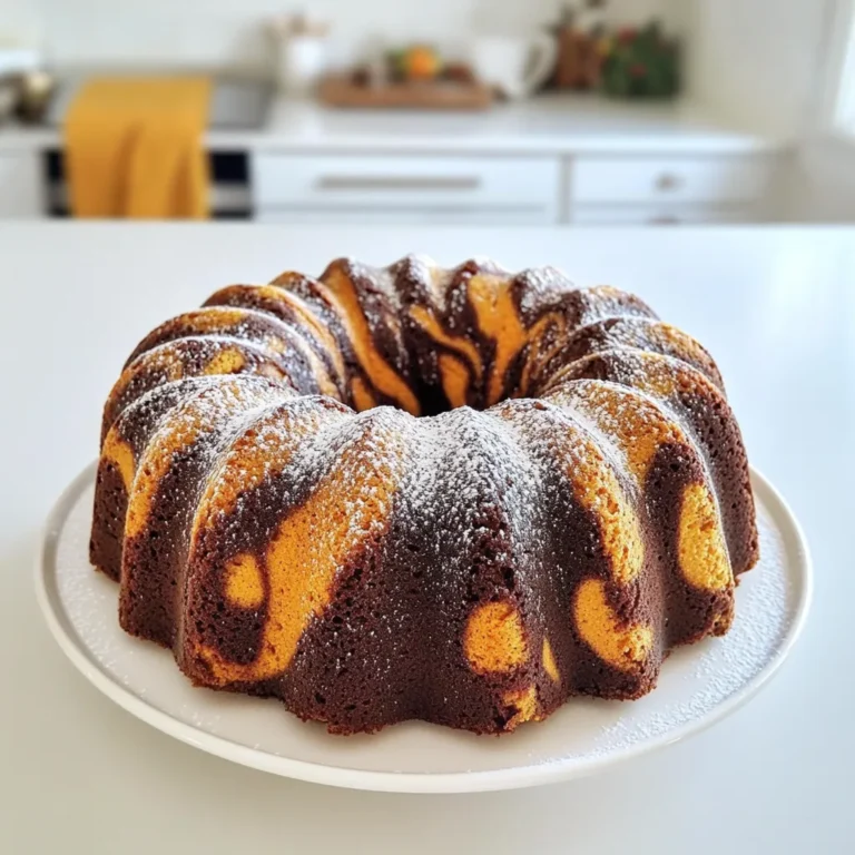 - 1 ½ cups all-purpose flour - ½ cup unsalted butter, softened - 1 cup canned pumpkin puree These key ingredients form the base of your Pumpkin Marble Bundt Cake. The all-purpose flour provides structure, while the unsalted butter adds richness. Canned pumpkin puree brings in that lovely fall flavor and moisture. - 1 teaspoon baking powder - ½ teaspoon baking soda - 1 teaspoon ground cinnamon - ½ teaspoon ground nutmeg These baking essentials help your cake rise and add warmth to the flavor. Baking powder and baking soda create a nice lift, while cinnamon and nutmeg give your cake that cozy taste. - ½ cup cocoa powder - ⅓ cup milk - Powdered sugar for dusting You can mix cocoa powder into your batter for a chocolatey twist. Adding milk helps keep the cake moist. Dusting with powdered sugar at the end adds a touch of sweetness and elegance. Feel free to get creative! First, preheat your oven to 350°F (175°C). This step is key for even baking. Next, take your 10-cup Bundt pan and grease it well. Use butter or cooking spray, then dust it lightly with flour. This helps the cake slide out easily after baking. In a medium bowl, combine the dry ingredients. Mix 1 ½ cups of all-purpose flour, 1 teaspoon of baking powder, ½ teaspoon of baking soda, ½ teaspoon of salt, 1 teaspoon of ground cinnamon, and ½ teaspoon of ground nutmeg. Set this bowl aside. In a large mixing bowl, cream ½ cup of softened unsalted butter with 1 cup of granulated sugar. Mix until it looks light and fluffy. Now, add 2 large eggs, one at a time. Mix well after each egg. Then, stir in 1 cup of canned pumpkin puree and 1 teaspoon of vanilla extract until everything is combined. Gradually add the dry ingredient mix to this pumpkin mixture. Alternate with ⅓ cup of milk, mixing until just combined. Be careful not to overmix. Now, divide the batter into two separate bowls. In one bowl, add ½ cup of unsweetened cocoa powder. Mix until it is fully combined. To create the marbled effect, spoon dollops of the pumpkin batter and the chocolate batter into your prepared Bundt pan. Alternate the dollops to make it pretty. Use a knife or skewer to gently swirl the two batters together. Bake your cake for 55-60 minutes. Check if it’s done by inserting a toothpick in the center. If it comes out clean, it’s ready. Let the cake cool in the pan for 15 minutes. Then, invert it onto a wire rack to cool completely. How to test for doneness To know when your cake is ready, use a toothpick. Insert it into the center of the cake. If it comes out clean, the cake is done. This simple test helps avoid undercooking or overcooking. Importance of room temperature ingredients Using room temperature ingredients makes mixing easier. It helps the batter become smooth and fluffy. Let your eggs and butter sit out for about 30 minutes before you start. This small step can make a big difference in the cake’s texture. Decorating with powdered sugar or glaze Once your cake is cool, you can dust it with powdered sugar. This adds a nice touch and sweetness. You can also make a simple glaze with powdered sugar and a bit of milk. Drizzle it over the cake for an extra treat. Garnishing options (cinnamon, nuts) For a special look, sprinkle some cinnamon on top. You can also add chopped nuts for crunch. These toppings not only look great but also enhance the flavor. Overmixing the batter Mixing too much can make your cake tough. Once you add the dry ingredients, mix just until combined. This keeps the cake light and fluffy. Improper cooling techniques Letting the cake cool in the pan too long can cause it to stick. After 15 minutes, carefully invert it onto a wire rack. This allows it to cool evenly and helps prevent sogginess. {{image_2}} Want to spice up your pumpkin marble bundt cake? Adding chocolate chips can give it a rich, sweet twist. Use about 1 cup of semi-sweet or dark chocolate chips. Mix them into the batter before you divide it for marbling. Incorporating nuts or dried fruits can add texture. Chopped walnuts or pecans work well. If you prefer dried fruits, consider raisins or cranberries. Just fold in about ½ cup of your chosen add-ins. You can make your cake even more special with different glazes. Cream cheese frosting is a great choice. Mix 8 oz of softened cream cheese with 2 cups of powdered sugar. Add a splash of vanilla for extra flavor. Spread it on top after the cake cools. Another option is using a chocolate ganache. Heat 1 cup of heavy cream until it simmers. Pour it over 8 oz of chopped chocolate and stir until smooth. Drizzle this warm ganache over the cake for a rich finish. If you need gluten-free options, swap all-purpose flour for a gluten-free blend. Make sure it has xanthan gum for good texture. For vegan alternatives, replace eggs with flax eggs. Mix 1 tablespoon of ground flaxseed with 2.5 tablespoons of water for each egg. Use plant-based butter and a non-dairy milk like almond or oat milk to keep it fully vegan. These variations can help you customize your pumpkin marble bundt cake. Enjoy exploring different flavors! To keep your Pumpkin Marble Bundt Cake fresh, store it at room temperature. Wrap it in plastic wrap or place it in an airtight container. This helps retain moisture. If your kitchen is warm or humid, consider using refrigeration. Just make sure to wrap it well to avoid drying out. Freezing is a great option if you want to save some cake for later. First, let the cake cool completely. Then, wrap it tightly in plastic wrap, followed by aluminum foil. This prevents freezer burn. To thaw, remove the cake from the freezer and leave it in the fridge overnight. For a quicker thaw, place it at room temperature for a few hours. Your Pumpkin Marble Bundt Cake can last for about 3 to 5 days at room temperature. If refrigerated, it can last up to a week. Always check for spoilage before eating. Signs include a change in texture or smell. If it looks dry or hard, it’s best to toss it. Enjoy your cake while it’s fresh for the best flavor! Pumpkin Marble Bundt Cake can last for about four to five days. To keep it fresh, store it in an airtight container. You can also cover it with plastic wrap. If you want to extend its life, keep it in the fridge. This will help it stay moist longer. Just remember to bring it back to room temperature before serving. Yes, you can use fresh pumpkin! However, prepare it properly. Fresh pumpkin has more moisture than canned. This can change the cake's texture. Make sure to cook and puree the pumpkin well. Drain any excess water to avoid a soggy cake. Canned pumpkin gives a consistent texture, so keep that in mind. This cake pairs well with many treats. Here are some ideas: - Coffee or tea for a warm drink option - Vanilla ice cream for a creamy contrast - Whipped cream for added lightness - A drizzle of chocolate sauce for extra sweetness These pairings enhance the cake's flavors and make it even more enjoyable! This blog post covered how to make a Pumpkin Marble Bundt Cake. We discussed the key ingredients like flour and pumpkin puree. I shared step-by-step instructions for mixing and marbling the batter. Helpful tips on baking and presentation followed, along with ways to avoid common mistakes. Remember, you can also customize the cake with various add-ins or frostings. Store it properly for freshness. Enjoy making this tasty treat and impress your friends and family. There's nothing like homemade cake to bring joy!