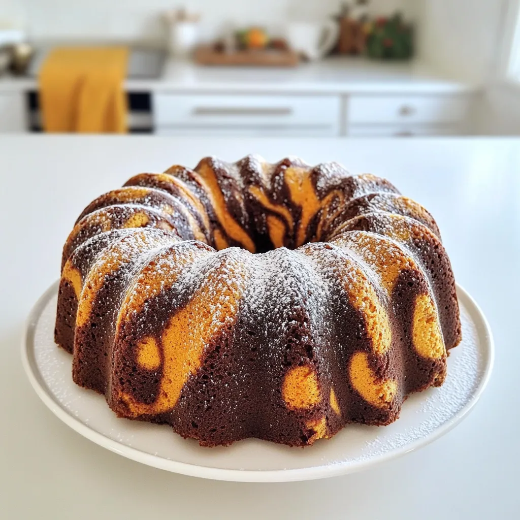 - 1 ½ cups all-purpose flour - ½ cup unsalted butter, softened - 1 cup canned pumpkin puree These key ingredients form the base of your Pumpkin Marble Bundt Cake. The all-purpose flour provides structure, while the unsalted butter adds richness. Canned pumpkin puree brings in that lovely fall flavor and moisture. - 1 teaspoon baking powder - ½ teaspoon baking soda - 1 teaspoon ground cinnamon - ½ teaspoon ground nutmeg These baking essentials help your cake rise and add warmth to the flavor. Baking powder and baking soda create a nice lift, while cinnamon and nutmeg give your cake that cozy taste. - ½ cup cocoa powder - ⅓ cup milk - Powdered sugar for dusting You can mix cocoa powder into your batter for a chocolatey twist. Adding milk helps keep the cake moist. Dusting with powdered sugar at the end adds a touch of sweetness and elegance. Feel free to get creative! First, preheat your oven to 350°F (175°C). This step is key for even baking. Next, take your 10-cup Bundt pan and grease it well. Use butter or cooking spray, then dust it lightly with flour. This helps the cake slide out easily after baking. In a medium bowl, combine the dry ingredients. Mix 1 ½ cups of all-purpose flour, 1 teaspoon of baking powder, ½ teaspoon of baking soda, ½ teaspoon of salt, 1 teaspoon of ground cinnamon, and ½ teaspoon of ground nutmeg. Set this bowl aside. In a large mixing bowl, cream ½ cup of softened unsalted butter with 1 cup of granulated sugar. Mix until it looks light and fluffy. Now, add 2 large eggs, one at a time. Mix well after each egg. Then, stir in 1 cup of canned pumpkin puree and 1 teaspoon of vanilla extract until everything is combined. Gradually add the dry ingredient mix to this pumpkin mixture. Alternate with ⅓ cup of milk, mixing until just combined. Be careful not to overmix. Now, divide the batter into two separate bowls. In one bowl, add ½ cup of unsweetened cocoa powder. Mix until it is fully combined. To create the marbled effect, spoon dollops of the pumpkin batter and the chocolate batter into your prepared Bundt pan. Alternate the dollops to make it pretty. Use a knife or skewer to gently swirl the two batters together. Bake your cake for 55-60 minutes. Check if it’s done by inserting a toothpick in the center. If it comes out clean, it’s ready. Let the cake cool in the pan for 15 minutes. Then, invert it onto a wire rack to cool completely. How to test for doneness To know when your cake is ready, use a toothpick. Insert it into the center of the cake. If it comes out clean, the cake is done. This simple test helps avoid undercooking or overcooking. Importance of room temperature ingredients Using room temperature ingredients makes mixing easier. It helps the batter become smooth and fluffy. Let your eggs and butter sit out for about 30 minutes before you start. This small step can make a big difference in the cake’s texture. Decorating with powdered sugar or glaze Once your cake is cool, you can dust it with powdered sugar. This adds a nice touch and sweetness. You can also make a simple glaze with powdered sugar and a bit of milk. Drizzle it over the cake for an extra treat. Garnishing options (cinnamon, nuts) For a special look, sprinkle some cinnamon on top. You can also add chopped nuts for crunch. These toppings not only look great but also enhance the flavor. Overmixing the batter Mixing too much can make your cake tough. Once you add the dry ingredients, mix just until combined. This keeps the cake light and fluffy. Improper cooling techniques Letting the cake cool in the pan too long can cause it to stick. After 15 minutes, carefully invert it onto a wire rack. This allows it to cool evenly and helps prevent sogginess. {{image_2}} Want to spice up your pumpkin marble bundt cake? Adding chocolate chips can give it a rich, sweet twist. Use about 1 cup of semi-sweet or dark chocolate chips. Mix them into the batter before you divide it for marbling. Incorporating nuts or dried fruits can add texture. Chopped walnuts or pecans work well. If you prefer dried fruits, consider raisins or cranberries. Just fold in about ½ cup of your chosen add-ins. You can make your cake even more special with different glazes. Cream cheese frosting is a great choice. Mix 8 oz of softened cream cheese with 2 cups of powdered sugar. Add a splash of vanilla for extra flavor. Spread it on top after the cake cools. Another option is using a chocolate ganache. Heat 1 cup of heavy cream until it simmers. Pour it over 8 oz of chopped chocolate and stir until smooth. Drizzle this warm ganache over the cake for a rich finish. If you need gluten-free options, swap all-purpose flour for a gluten-free blend. Make sure it has xanthan gum for good texture. For vegan alternatives, replace eggs with flax eggs. Mix 1 tablespoon of ground flaxseed with 2.5 tablespoons of water for each egg. Use plant-based butter and a non-dairy milk like almond or oat milk to keep it fully vegan. These variations can help you customize your pumpkin marble bundt cake. Enjoy exploring different flavors! To keep your Pumpkin Marble Bundt Cake fresh, store it at room temperature. Wrap it in plastic wrap or place it in an airtight container. This helps retain moisture. If your kitchen is warm or humid, consider using refrigeration. Just make sure to wrap it well to avoid drying out. Freezing is a great option if you want to save some cake for later. First, let the cake cool completely. Then, wrap it tightly in plastic wrap, followed by aluminum foil. This prevents freezer burn. To thaw, remove the cake from the freezer and leave it in the fridge overnight. For a quicker thaw, place it at room temperature for a few hours. Your Pumpkin Marble Bundt Cake can last for about 3 to 5 days at room temperature. If refrigerated, it can last up to a week. Always check for spoilage before eating. Signs include a change in texture or smell. If it looks dry or hard, it’s best to toss it. Enjoy your cake while it’s fresh for the best flavor! Pumpkin Marble Bundt Cake can last for about four to five days. To keep it fresh, store it in an airtight container. You can also cover it with plastic wrap. If you want to extend its life, keep it in the fridge. This will help it stay moist longer. Just remember to bring it back to room temperature before serving. Yes, you can use fresh pumpkin! However, prepare it properly. Fresh pumpkin has more moisture than canned. This can change the cake's texture. Make sure to cook and puree the pumpkin well. Drain any excess water to avoid a soggy cake. Canned pumpkin gives a consistent texture, so keep that in mind. This cake pairs well with many treats. Here are some ideas: - Coffee or tea for a warm drink option - Vanilla ice cream for a creamy contrast - Whipped cream for added lightness - A drizzle of chocolate sauce for extra sweetness These pairings enhance the cake's flavors and make it even more enjoyable! This blog post covered how to make a Pumpkin Marble Bundt Cake. We discussed the key ingredients like flour and pumpkin puree. I shared step-by-step instructions for mixing and marbling the batter. Helpful tips on baking and presentation followed, along with ways to avoid common mistakes. Remember, you can also customize the cake with various add-ins or frostings. Store it properly for freshness. Enjoy making this tasty treat and impress your friends and family. There's nothing like homemade cake to bring joy!