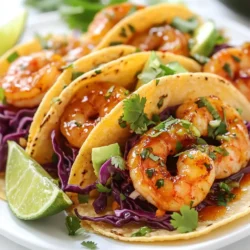 To make these tasty tacos, gather these main ingredients: - 1 lb shrimp, peeled and deveined - 8 small corn tortillas - 1 cup red cabbage, shredded - 1 avocado, sliced - Fresh cilantro, for garnish - Lime wedges, for serving These ingredients offer a great mix of flavors and textures. The shrimp provides protein, while the cabbage adds crunch. The avocado gives creaminess, and the cilantro adds freshness. Now, let’s talk about the seasonings and marinade for the shrimp. You will need: - 2 tablespoons honey - 2 tablespoons lime juice - 1 teaspoon lime zest - 1 teaspoon chili powder - 1 teaspoon garlic powder - Salt and pepper to taste These ingredients create a sweet and tangy marinade that makes the shrimp really pop. Honey balances the tart lime juice. The chili powder and garlic powder add warmth and depth. To finish your tacos, consider these tasty toppings: - Shredded red cabbage (for crunch) - Sliced avocado (for creaminess) - Fresh cilantro (for brightness) - Lime wedges (for extra zing) Feel free to mix and match your toppings! Each one adds a unique taste to your tacos. Enjoy experimenting with flavors and find your perfect combination! {{ingredient_image_1}} To start, grab a medium bowl. In this bowl, mix together 2 tablespoons of honey and 2 tablespoons of lime juice. Add 1 teaspoon of lime zest for that bright flavor. Next, sprinkle in 1 teaspoon of chili powder and 1 teaspoon of garlic powder. Season with salt and pepper to taste. Whisk it all together until smooth. This marinade will make your shrimp taste amazing. Now, take 1 pound of peeled and deveined shrimp. Add the shrimp to your marinade. Toss the shrimp gently to coat them well. Let the shrimp sit in the marinade for 15 to 20 minutes. This step is key. It allows the shrimp to soak up all the tasty flavors. While the shrimp marinates, prepare your corn tortillas. Heat a skillet over medium heat. Toast each tortilla for about 30 seconds on each side. You want them warm and slightly crisp. After that, add the marinated shrimp to the skillet. Cook the shrimp for 2 to 3 minutes on each side. They should turn pink and opaque when done. Remove the shrimp from the heat. Now, it’s time to build your tacos! Start with a warm tortilla. Add a generous amount of shredded red cabbage. Top with your cooked shrimp and slices of avocado. Finish with fresh cilantro for a pop of color and flavor. Serve the tacos with lime wedges on the side for that extra zest. Enjoy! To make the best shrimp tacos, cook your shrimp just right. Overcooked shrimp turn tough. Aim for a light pink color. Cook them for about 2 to 3 minutes per side. Keep an eye on them as they cook. You want them opaque, not rubbery. Warming your corn tortillas is key to great tacos. Use a skillet over medium heat. Place each tortilla in the skillet for about 30 seconds on each side. This softens the tortillas and adds a nice flavor. You can also wrap them in a damp cloth and microwave for 20 seconds. Good presentation makes your tacos shine. Start with a base of shredded red cabbage for color. Layer the shrimp on top for a pop of flavor. Add slices of creamy avocado next. Finish with fresh cilantro for a burst of green. Serve with lime wedges on the side for a zesty touch. Pro Tips Fresh Shrimp is Best: Always opt for fresh shrimp if possible. It enhances the flavor and texture of your tacos, making them more enjoyable. Customize Your Spice Level: Adjust the amount of chili powder to your preference. For a spicier kick, consider adding diced jalapeños or a dash of cayenne pepper. Warm Tortillas: Warming your tortillas is essential as it makes them more pliable and prevents them from tearing. Use a dry skillet or wrap them in foil and warm in the oven. Garnish for Flavor: Don’t skip the cilantro and lime wedges! They add freshness and brightness that elevate the overall taste of your tacos. {{image_2}} You can switch shrimp for several other proteins. Chicken works well and is easy to cook. Just marinate it like the shrimp. Fish, like tilapia or mahi-mahi, gives a fresh taste. Tofu is a great choice for a plant-based meal. It absorbs flavors nicely and adds a nice texture. If you run out of honey, use agave syrup. It has a similar sweetness. For lime juice, lemon juice is a good substitute. It adds a nice tang too. If you want less heat, skip the chili powder. Instead, try smoked paprika for a different flavor. Serve your tacos with a side of rice and beans for a full meal. You can also add a fresh salsa for more zing. Try a mango salsa for a sweet twist. If you like heat, top with a spicy sauce. Don't forget the lime wedges for a zesty kick. After enjoying your tacos, store leftovers in an airtight container. Keep the shrimp separate from the tortillas. This way, the tortillas won't get soggy. Place the shrimp in the fridge. They stay fresh for up to two days. Always check for any off smells before eating! To reheat shrimp, place them in a skillet over low heat. Heat them for a few minutes until warm. Stir gently to avoid overcooking. For tortillas, wrap them in foil and warm in the oven at 350°F for about five minutes. This keeps them soft and tasty. You can freeze leftover shrimp and marinade together. Use a freezer-safe bag. Remove as much air as possible before sealing. Shrimp can stay in the freezer for about three months. When ready to use, thaw in the fridge overnight before reheating. This keeps the flavor intact! Yes, you can use frozen shrimp. Just make sure to thaw them first. Place them in the fridge overnight or run cold water over them for a quick thaw. After thawing, follow the marinade steps as usual. Using frozen shrimp can save time and still taste great. If you need a substitute for avocado, try using sliced cucumber or creamy hummus. Both options add a fresh taste. You can also use Greek yogurt for a tangy twist. Feel free to get creative with your toppings! These tacos have a mild spice level. The chili powder adds a gentle kick, but it’s not overwhelming. If you like more heat, add jalapeños or hot sauce. Adjust the spice to suit your taste! You’ve now learned how to make delicious honey lime shrimp tacos from scratch. We covered the main ingredients, marinade, and cooking instructions to create tasty tacos. I shared tips for perfect shrimp and warm tortillas. You also saw variations with other proteins and toppings. Lastly, I provided storage tips and answered common questions. These tacos are simple, fun, and packed with flavor. Enjoy making and sharing them with others!