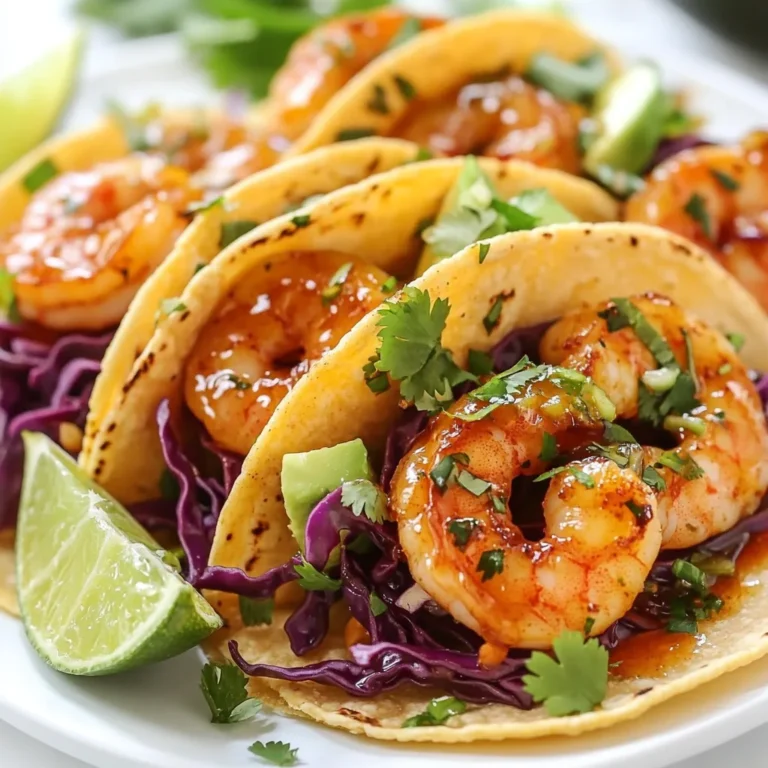 To make these tasty tacos, gather these main ingredients: - 1 lb shrimp, peeled and deveined - 8 small corn tortillas - 1 cup red cabbage, shredded - 1 avocado, sliced - Fresh cilantro, for garnish - Lime wedges, for serving These ingredients offer a great mix of flavors and textures. The shrimp provides protein, while the cabbage adds crunch. The avocado gives creaminess, and the cilantro adds freshness. Now, let’s talk about the seasonings and marinade for the shrimp. You will need: - 2 tablespoons honey - 2 tablespoons lime juice - 1 teaspoon lime zest - 1 teaspoon chili powder - 1 teaspoon garlic powder - Salt and pepper to taste These ingredients create a sweet and tangy marinade that makes the shrimp really pop. Honey balances the tart lime juice. The chili powder and garlic powder add warmth and depth. To finish your tacos, consider these tasty toppings: - Shredded red cabbage (for crunch) - Sliced avocado (for creaminess) - Fresh cilantro (for brightness) - Lime wedges (for extra zing) Feel free to mix and match your toppings! Each one adds a unique taste to your tacos. Enjoy experimenting with flavors and find your perfect combination! {{ingredient_image_1}} To start, grab a medium bowl. In this bowl, mix together 2 tablespoons of honey and 2 tablespoons of lime juice. Add 1 teaspoon of lime zest for that bright flavor. Next, sprinkle in 1 teaspoon of chili powder and 1 teaspoon of garlic powder. Season with salt and pepper to taste. Whisk it all together until smooth. This marinade will make your shrimp taste amazing. Now, take 1 pound of peeled and deveined shrimp. Add the shrimp to your marinade. Toss the shrimp gently to coat them well. Let the shrimp sit in the marinade for 15 to 20 minutes. This step is key. It allows the shrimp to soak up all the tasty flavors. While the shrimp marinates, prepare your corn tortillas. Heat a skillet over medium heat. Toast each tortilla for about 30 seconds on each side. You want them warm and slightly crisp. After that, add the marinated shrimp to the skillet. Cook the shrimp for 2 to 3 minutes on each side. They should turn pink and opaque when done. Remove the shrimp from the heat. Now, it’s time to build your tacos! Start with a warm tortilla. Add a generous amount of shredded red cabbage. Top with your cooked shrimp and slices of avocado. Finish with fresh cilantro for a pop of color and flavor. Serve the tacos with lime wedges on the side for that extra zest. Enjoy! To make the best shrimp tacos, cook your shrimp just right. Overcooked shrimp turn tough. Aim for a light pink color. Cook them for about 2 to 3 minutes per side. Keep an eye on them as they cook. You want them opaque, not rubbery. Warming your corn tortillas is key to great tacos. Use a skillet over medium heat. Place each tortilla in the skillet for about 30 seconds on each side. This softens the tortillas and adds a nice flavor. You can also wrap them in a damp cloth and microwave for 20 seconds. Good presentation makes your tacos shine. Start with a base of shredded red cabbage for color. Layer the shrimp on top for a pop of flavor. Add slices of creamy avocado next. Finish with fresh cilantro for a burst of green. Serve with lime wedges on the side for a zesty touch. Pro Tips Fresh Shrimp is Best: Always opt for fresh shrimp if possible. It enhances the flavor and texture of your tacos, making them more enjoyable. Customize Your Spice Level: Adjust the amount of chili powder to your preference. For a spicier kick, consider adding diced jalapeños or a dash of cayenne pepper. Warm Tortillas: Warming your tortillas is essential as it makes them more pliable and prevents them from tearing. Use a dry skillet or wrap them in foil and warm in the oven. Garnish for Flavor: Don’t skip the cilantro and lime wedges! They add freshness and brightness that elevate the overall taste of your tacos. {{image_2}} You can switch shrimp for several other proteins. Chicken works well and is easy to cook. Just marinate it like the shrimp. Fish, like tilapia or mahi-mahi, gives a fresh taste. Tofu is a great choice for a plant-based meal. It absorbs flavors nicely and adds a nice texture. If you run out of honey, use agave syrup. It has a similar sweetness. For lime juice, lemon juice is a good substitute. It adds a nice tang too. If you want less heat, skip the chili powder. Instead, try smoked paprika for a different flavor. Serve your tacos with a side of rice and beans for a full meal. You can also add a fresh salsa for more zing. Try a mango salsa for a sweet twist. If you like heat, top with a spicy sauce. Don't forget the lime wedges for a zesty kick. After enjoying your tacos, store leftovers in an airtight container. Keep the shrimp separate from the tortillas. This way, the tortillas won't get soggy. Place the shrimp in the fridge. They stay fresh for up to two days. Always check for any off smells before eating! To reheat shrimp, place them in a skillet over low heat. Heat them for a few minutes until warm. Stir gently to avoid overcooking. For tortillas, wrap them in foil and warm in the oven at 350°F for about five minutes. This keeps them soft and tasty. You can freeze leftover shrimp and marinade together. Use a freezer-safe bag. Remove as much air as possible before sealing. Shrimp can stay in the freezer for about three months. When ready to use, thaw in the fridge overnight before reheating. This keeps the flavor intact! Yes, you can use frozen shrimp. Just make sure to thaw them first. Place them in the fridge overnight or run cold water over them for a quick thaw. After thawing, follow the marinade steps as usual. Using frozen shrimp can save time and still taste great. If you need a substitute for avocado, try using sliced cucumber or creamy hummus. Both options add a fresh taste. You can also use Greek yogurt for a tangy twist. Feel free to get creative with your toppings! These tacos have a mild spice level. The chili powder adds a gentle kick, but it’s not overwhelming. If you like more heat, add jalapeños or hot sauce. Adjust the spice to suit your taste! You’ve now learned how to make delicious honey lime shrimp tacos from scratch. We covered the main ingredients, marinade, and cooking instructions to create tasty tacos. I shared tips for perfect shrimp and warm tortillas. You also saw variations with other proteins and toppings. Lastly, I provided storage tips and answered common questions. These tacos are simple, fun, and packed with flavor. Enjoy making and sharing them with others!