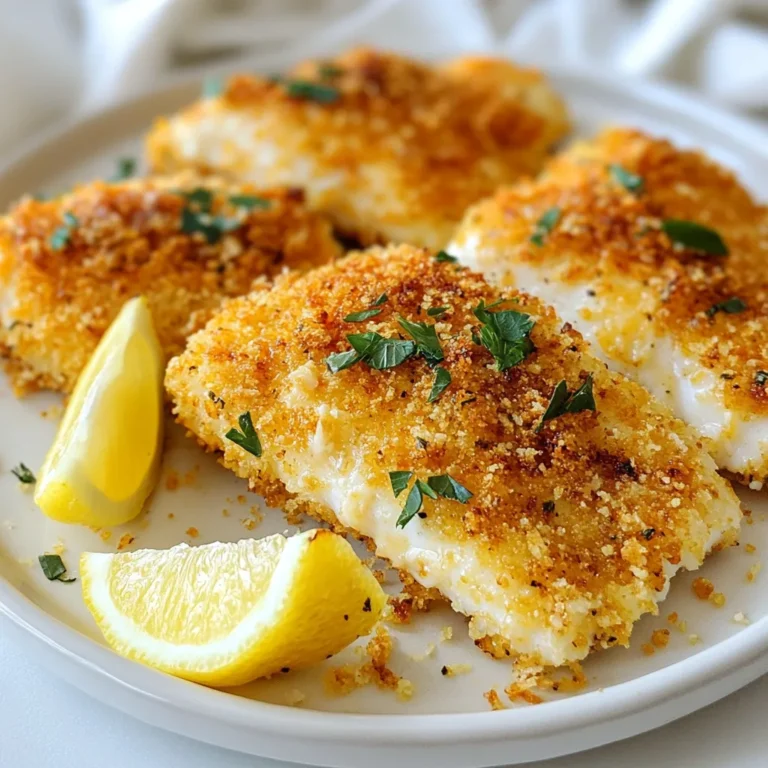 - 4 tilapia fillets - 1 cup breadcrumbs (panko preferred for extra crunch) - 1/2 cup grated Parmesan cheese - 1 teaspoon garlic powder - 1 teaspoon paprika - 1/2 teaspoon dried oregano - 1/2 teaspoon salt - 1/4 teaspoon black pepper - 2 eggs, beaten - 1/4 cup all-purpose flour - Olive oil spray or 2 tablespoons olive oil for drizzling - Lemon wedges, for serving When making crispy Parmesan crusted tilapia, accurate measurements matter. Using panko breadcrumbs gives a better crunch than regular ones. If you do not have panko, regular breadcrumbs work too, but the texture will change slightly. For the cheese, I recommend using fresh grated Parmesan. Pre-packaged versions may not melt as well. If you want a different flavor, try using Pecorino Romano instead. The spices in this recipe, like garlic powder and paprika, add taste and color. You can adjust these based on your preference. For a spicy kick, add more paprika or even some cayenne pepper. - Tilapia fillets: This mild fish cooks quickly and has a tender texture. It’s perfect for this recipe because it soaks up flavors well. - Breadcrumbs: Panko breadcrumbs are light and airy, giving the tilapia a crispy crust. They are larger than regular breadcrumbs, which adds extra crunch. - Parmesan cheese: This cheese adds a salty and nutty flavor. It forms a nice crust when baked, enhancing the dish's overall taste. - Garlic powder and paprika: Garlic powder gives a savory depth, while paprika adds warmth and color. Together, they create a balanced flavor. - Olive oil: This helps the crust get golden and crisp. You can use a spray for even coverage or drizzle it for a richer flavor. With these ingredients, you're set to create a delicious meal. Each component plays a vital role in achieving that perfect crispy texture and rich flavor. {{ingredient_image_1}} First, preheat your oven to 400°F (200°C). This step is key for a crispy finish. Line a baking sheet with parchment paper. The paper helps the fish cook evenly and makes cleanup easier. Set up three shallow dishes for the dredging. In the first dish, add 1/4 cup of all-purpose flour. This helps the coating stick. In the second dish, beat 2 eggs until smooth. This will coat the fish and add moisture. In the third dish, mix together 1 cup of breadcrumbs, 1/2 cup of grated Parmesan cheese, 1 teaspoon of garlic powder, 1 teaspoon of paprika, 1/2 teaspoon of dried oregano, 1/2 teaspoon of salt, and 1/4 teaspoon of black pepper. Now, take a tilapia fillet. First, coat it in the flour, shaking off any extra. Next, dip it into the beaten eggs. Make sure it’s fully coated. Finally, press the fillet into the breadcrumb mixture. Cover both sides well. Place the coated fillet on the lined baking sheet. Repeat this for all four fillets. Once all the fillets are on the baking sheet, lightly spray the tops with olive oil. You can also drizzle a small amount of olive oil over them. This boosts crispiness and flavor. Bake the fillets in the preheated oven for 15-20 minutes. They are done when the crust is golden brown and the fish flakes easily with a fork. Remove them from the oven. Serve hot with lemon wedges for a fresh touch. To make your tilapia super crispy, use panko breadcrumbs. Panko is lighter and airier than regular breadcrumbs. This helps create a crunchier crust. Before coating, toast the panko lightly in a pan. This adds flavor and enhances crunch. You can also mix in some crushed cornflakes for added texture. When you bake, make sure to spray oil on top. This helps the crust turn golden and crispy. For a tasty twist, add spices to your breadcrumb mix. Try chili powder for heat or lemon zest for brightness. Fresh herbs like parsley or thyme can make it fragrant. You can also add a pinch of cayenne for a kick. This extra seasoning will boost the flavor of your tilapia. Remember to adjust salt based on your tastes. It is always good to taste as you go. To keep your tilapia moist, don’t overbake it. Cook it just until it flakes easily with a fork. This usually takes about 15 to 20 minutes at 400°F. If your oven has hot spots, rotate the pan halfway through. You can also cover the fish with foil for the first half of baking. This traps steam and keeps the fish moist. Serve with lemon wedges to add a fresh zing right before eating. Pro Tips Use Fresh Ingredients: Whenever possible, opt for fresh tilapia fillets and freshly grated Parmesan cheese for the best flavor and texture. Preheat Your Oven: Make sure to preheat the oven thoroughly before baking to ensure even cooking and a crispy crust. Don’t Skip the Resting Time: Allow the coated fillets to rest for a few minutes before baking. This helps the crust adhere better during cooking. Experiment with Seasonings: Feel free to add other herbs and spices to the breadcrumb mixture, such as thyme or cayenne pepper, for a personalized touch. {{image_2}} You can change the coating for a new taste. Instead of regular breadcrumbs, try seasoned breadcrumbs. They add extra flavor and crunch. You can also use nuts like almonds or pecans. Just crush them finely. This adds a rich, nutty flavor that pairs well with tilapia. Citrus fruits brighten up this dish. Try adding lemon zest to the breadcrumb mix. It gives a fresh kick. You can also use lime or orange zest for a twist. Fresh herbs like parsley or dill add a lovely touch too. Just chop them finely and mix them in for extra flavor. To make a full meal, serve the tilapia with sides. Roasted vegetables like carrots, broccoli, or bell peppers work well. You can also serve it on a bed of mixed greens. Add some rice or quinoa for a filling option. Finish with lemon wedges for a zesty bite. Each plate will look and taste amazing! To keep your crispy Parmesan crusted tilapia fresh, store it in an airtight container. Place a piece of parchment paper between the fish layers to prevent sogginess. Make sure the fish cools completely before sealing the container. Proper storage helps maintain its flavor and texture. Aim to eat leftovers within two days for the best taste. To reheat your tilapia, avoid the microwave. Instead, use an oven or an air fryer. Preheat the oven to 350°F (175°C). Place the fish on a baking sheet and heat for about 10-15 minutes. If using an air fryer, set it to 350°F (175°C) and cook for about 5-7 minutes. This way, the crust stays crispy and delicious. Yes, you can freeze cooked tilapia! Make sure it’s completely cooled first. Wrap each fillet tightly in plastic wrap, then place it in a freezer-safe bag. Remove as much air as possible. This helps prevent freezer burn. You can freeze it for up to three months. When ready to eat, thaw it in the fridge overnight before reheating. You can tell tilapia is done when it flakes easily with a fork. The crust should be golden brown. I recommend checking it at 15 minutes of baking. If it needs more time, you can bake for 5 more minutes. The fish should look opaque and not shiny. This means it is cooked through and safe to eat. Yes, you can use other types of fish. Cod, haddock, or sole work well in this recipe. Each fish has its own flavor, so the taste will change a bit. Make sure to adjust cooking time based on the thickness of the fillets. Thicker fillets may need a bit longer to cook. Just keep an eye on them to avoid overcooking. Crispy Parmesan Crusted Tilapia goes well with many sides. Here are some great options: - Mixed greens salad with lemon vinaigrette - Steamed broccoli or green beans - Roasted sweet potatoes or asparagus - Rice pilaf or quinoa for a hearty meal - A side of tartar sauce for dipping These sides will complement the fish and create a balanced meal. Enjoy experimenting with flavors! This blog post covered how to make crispy Parmesan crusted tilapia. We looked at the key ingredients and how each adds flavor. I shared step-by-step instructions for perfect baking. You learned tips for extra crispiness and tasty variations. We also discussed how to store leftovers correctly. In summary, this dish is easy and fun to make. You can enjoy it in many ways, ensuring a delightful meal every time. Happy cooking!