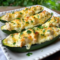 To make Chicken Alfredo Zucchini Boats, gather these key items: - 4 medium zucchinis - 1 cup cooked chicken, shredded - 1 cup Alfredo sauce (store-bought or homemade) - 1 cup mozzarella cheese, shredded - 1/2 cup Parmesan cheese, grated - 2 cloves garlic, minced - 1 teaspoon Italian seasoning - Salt and pepper to taste - Fresh parsley, chopped (for garnish) These ingredients work together to create a tasty and filling dish. The zucchinis serve as boats, holding the creamy filling. The chicken and cheese add protein and flavor. You can mix and match some ingredients to suit your taste. Here are a few options: - Swap cooked chicken for turkey or tofu for a vegetarian option. - Use any creamy sauce if you don’t have Alfredo sauce. - Try different cheeses like cheddar or gouda for a new flavor. - Add veggies like spinach or bell peppers for extra nutrition. These swaps can help you customize the dish. Each serving of Chicken Alfredo Zucchini Boats is not only delicious but also nutritious. Here's a rough breakdown: - Calories: Approximately 350 - Protein: 25g - Fat: 20g - Carbohydrates: 10g - Fiber: 3g These numbers can vary based on your ingredient choices. This dish gives you a good mix of protein and healthy fats while keeping carbs lower with the zucchini. Enjoy this meal knowing it’s tasty and beneficial! {{ingredient_image_1}} First, preheat your oven to 375°F (190°C). This helps cook the zucchini right. While it heats, grab the zucchinis. Slice them in half lengthwise. Use a spoon to scoop out the center. This creates your boats. Save the scooped-out flesh if you want to add it later. Next, gather a mixing bowl. In it, combine one cup of shredded chicken and one cup of Alfredo sauce. Add two cloves of minced garlic and one teaspoon of Italian seasoning. Mix them well. Then, add half of your shredded mozzarella cheese. Stir until everything blends. Season with salt and pepper to taste. Now it’s time to fill the boats! Spoon the chicken Alfredo mix into each zucchini half. Make sure to fill them generously. Place the stuffed zucchinis on a baking sheet. Line it with parchment paper for easy clean-up. Sprinkle the remaining mozzarella and half a cup of grated Parmesan cheese over the top. Bake for 25-30 minutes. You want the zucchinis tender and the cheese golden brown. Once done, let them cool for a few minutes. Garnish with chopped parsley before serving. Enjoy your tasty meal! Choose zucchinis that are firm and shiny. Look for ones that are medium-sized, about six to eight inches long. Avoid zucchinis with soft spots or wrinkles. Fresh zucchinis taste better and hold their shape well when cooked. You can pick organic zucchinis for better flavor and health benefits. To boost the taste, use garlic, Italian seasoning, and a pinch of salt. Garlic adds a nice kick. Italian seasoning gives depth to the dish. Feel free to adjust the amount based on your taste. You can also add red pepper flakes for some heat if you like spice. Fresh herbs like basil or thyme can brighten the flavor as well. Cut the zucchinis in half lengthwise for even cooking. Scoop out the insides to create boats, but leave some flesh for flavor. Bake at 375°F (190°C) for 25-30 minutes. This will make the zucchinis tender without losing their shape. Make sure to check them halfway through to ensure they cook evenly. Pro Tips Use Fresh Zucchini: For the best flavor and texture, choose firm and fresh zucchinis. Look for ones that are medium-sized and have a vibrant green color. Customize Your Filling: Feel free to add vegetables like bell peppers or spinach to the chicken Alfredo mixture for extra flavor and nutrition. Make It Ahead: You can prepare the zucchini boats in advance and store them in the refrigerator. Just bake them right before serving to enjoy them warm and cheesy. Experiment with Cheese: Try mixing different types of cheese like cheddar or gouda for a unique flavor twist on your zucchini boats! {{image_2}} You can make a tasty vegetarian version of these zucchini boats. Instead of chicken, use cooked quinoa or lentils. This swap adds protein and keeps it filling. Mix in your favorite veggies like spinach, mushrooms, or bell peppers. You can also add more cheese for a rich flavor. This way, you still enjoy a hearty meal without meat. While Alfredo sauce is creamy and rich, you can try other sauces too. Use marinara for a classic Italian twist. Pesto adds fresh herbs and a burst of flavor. If you want something lighter, try a simple olive oil and garlic mix. Each sauce will change the taste but keep the dish fun and exciting. Get creative with toppings for your zucchini boats. You can add diced tomatoes, olives, or even jalapeños for a kick. For cheese, consider using feta for a tangy taste or gouda for a smoky flavor. Sprinkle fresh herbs like basil or chives on top before serving. These small changes can make a big difference in flavor and presentation. To store your leftover zucchini boats, first let them cool. Place them in an airtight container. You can keep them in the fridge for up to three days. If you want to keep them longer, consider freezing them. Reheating is simple. Preheat your oven to 350°F (175°C). Place the zucchini boats on a baking sheet. Cover them with foil to prevent drying. Heat for about 15-20 minutes. You can also reheat in the microwave for about 2-3 minutes. If you want to freeze the zucchini boats, assemble them but do not bake. Wrap each boat in plastic wrap. Place them in a freezer-safe bag. They can stay in the freezer for up to three months. When you're ready to eat, thaw them overnight in the fridge. Then, bake as directed until hot and bubbly. Yes, you can make Chicken Alfredo Zucchini Boats ahead of time. Prepare the filling and stuff the zucchini boats. Cover them and store in the fridge. Bake them when you are ready to eat. This saves time on busy nights. You can use a few options instead of Alfredo sauce. Try a homemade cheese sauce or a vegan cream sauce. You can also use marinara for a different flavor. Just ensure it matches your taste preference. Zucchini boats last about three to four days in the fridge. Store them in an airtight container. If they start to look soft, it’s best to toss them. You want to enjoy them fresh! Yes, you can use other proteins in this recipe. Ground turkey, shrimp, or even tofu work well. Just make sure to cook the protein before adding it to the filling. Get creative with your favorite flavors! In this blog post, we explored how to make Chicken Alfredo Zucchini Boats. We covered the key ingredients, step-by-step instructions, and useful tips. Nutritional facts helped you understand its health benefits. Variations let you customize the dish. We also discussed storage and answered common questions. Enjoy making your Chicken Alfredo Zucchini Boats. With these tips, you'll impress everyone at your table. Happy cooking!