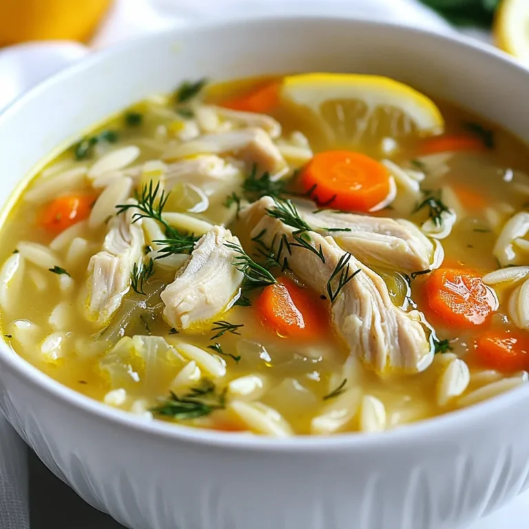 - 1 lb boneless chicken breasts, diced - 4 cups chicken broth - 1 medium onion, finely chopped - 2 cloves garlic, minced - 2 large carrots, diced - 1 cup orzo pasta - 2 large eggs - 1/4 cup fresh lemon juice (about 2 lemons) - 1 tablespoon fresh dill, chopped (or 1 teaspoon dried dill) - 2 tablespoons olive oil - Salt and pepper to taste - Fresh parsley, for garnish This soup is full of bright flavors and warmth. You start with chicken, which gives the soup a rich taste. The broth adds depth, while the vegetables enhance the texture. The carrots not only bring sweetness but also color. I love using orzo pasta because it adds heartiness. It is small and cooks quickly, making it perfect for soup. For the seasoning, lemon juice brightens the dish. Dill adds a fresh herbal note that complements the chicken. The eggs create a creamy and smooth texture. Finally, parsley makes a lovely garnish. It adds freshness and a pop of color. Each ingredient plays a role in making this dish comforting and flavorful. It is simple yet packed with taste. I always recommend using fresh ingredients for the best results. {{ingredient_image_1}} 1. Sautéing onion and garlic Start by heating olive oil in a large pot over medium heat. Add the finely chopped onion and minced garlic. Cook them for about 3-4 minutes. You want them to soften and become fragrant. This step builds a strong flavor base for your soup. 2. Browning the chicken Next, add the diced chicken to the pot. Stir it well and cook for 5-7 minutes. The chicken should become browned on the outside and cooked through. This step adds richness to the soup and locks in the chicken's flavor. 1. Incorporating carrots After the chicken is cooked, stir in the diced carrots. Cook them for another 3 minutes. This adds a sweet crunch and bright color to your soup. 2. Bringing soup to a boil Now, pour in the chicken broth. Bring the mixture to a boil. Once boiling, add the orzo pasta. Reduce the heat to a simmer. Let the soup cook for about 10 minutes. You want the orzo to be al dente, or firm to the bite. 1. Whisking eggs and lemon juice In a separate bowl, whisk together the eggs and fresh lemon juice. Mix them well until smooth. This mixture will give the soup its creamy texture and zesty flavor. 2. Tempering the egg mixture To avoid scrambling the eggs, slowly add a ladle of hot soup broth into the egg mixture while whisking. This process is called tempering. It helps the eggs adjust to the heat so they can combine smoothly with the soup. 1. Combining tempered eggs into the soup Slowly stir the tempered egg mixture back into the pot of soup. Keep stirring constantly. This will create a creamy, lemony texture that makes the soup special. 2. Adding fresh dill and seasoning Finally, stir in the fresh dill. Season with salt and pepper to taste. Allow the soup to heat through for another 2-3 minutes without boiling. This step enhances the soup's flavor and aroma. To make your Greek Lemon Chicken Soup truly shine, balancing acidity is key. The lemon juice adds brightness, but you must season well with salt and pepper. Taste as you go. Adjust the seasoning until it feels just right. This will help lift the soup's flavors. Next, think about the texture. Adding orzo pasta gives a nice bite. Cook it until just al dente. This means it should have a slight firmness. It will soak up the soup’s flavors without turning mushy. One common mistake is ending up with scrambled eggs in the soup. To avoid this, always temper the eggs. Whisk them with hot broth first before adding to the pot. This keeps them smooth and creamy. Another mistake is overcooking the orzo. If you let it cook too long, it will become soft and sticky. Keep an eye on it and take it off the heat when it’s just right. For sides, consider serving crusty bread or a fresh salad. Both add texture and flavor. You can also pair it with a light Greek salad. The freshness balances the warm soup well. For presentation, serve the soup in shallow bowls. Garnish with fresh parsley. This adds a pop of color. You can also sprinkle a bit of extra dill on top. It looks inviting and enhances the taste. Pro Tips Use Fresh Ingredients: Fresh herbs and citrus enhance the flavor significantly, so opt for fresh dill and lemons when possible. Tempering the Eggs: Gradually adding hot broth to the egg mixture helps prevent scrambling, ensuring a smooth and creamy soup. Adjusting Consistency: If the soup becomes too thick after cooking, add a little more chicken broth to achieve your desired consistency. Garnish for Flavor: Fresh parsley not only adds color but also a fresh flavor that complements the lemon-dill notes beautifully. {{image_2}} You can change some ingredients in Greek lemon chicken soup. If you want to swap the chicken, try using turkey or even tofu. Both work well in this dish. For broth, you can use vegetable broth for a lighter taste. If you follow a vegetarian or vegan diet, this soup can still be yours. Replace the chicken with chickpeas or lentils. Use vegetable broth instead of chicken broth. For creaminess, add coconut milk. To make the soup even better, consider adding more spices or herbs. You can try thyme or oregano for a classic touch. Adding a pinch of red pepper flakes can give it a nice kick. If you prefer a tangier flavor, you can modify the acidity. Add more lemon juice or a splash of vinegar. This adds brightness and balances the flavors. After making this soup, let it cool before storing. Place it in a container that seals well. Glass or plastic containers work great. Make sure they are clean and dry. This keeps the soup fresh for about three to four days. If you want to save some for later, label the container with the date. This way, you can track how long it has been in the fridge. To freeze the soup, start by letting it cool completely. Then, pour it into a freezer-safe bag or container. Be sure to leave some space at the top for expansion. Seal it tightly to keep out air. You can freeze it for up to three months without losing flavor. When you are ready to eat, take it out of the freezer and place it in the fridge overnight. This will help it thaw slowly. If you need it fast, you can also thaw it in a pot on low heat. Stir it often to avoid hot spots. When it is warmed through, enjoy a bowl of comforting soup! Greek Lemon Chicken Soup is a classic dish known as Avgolemono. It has roots in Greek cuisine. This dish combines chicken, lemon, and egg to create a creamy soup. It is warm, flavorful, and comforting. You can enjoy it on a cold day or when you feel under the weather. The bright lemon juice adds a refreshing taste, making it unique. Yes, you can prepare this soup ahead of time. Make the soup and let it cool. Store it in the fridge for up to three days. When you want to eat it, just reheat it on the stove over low heat. Stir often to keep it creamy. If the soup thickens too much, add a bit of broth or water. Yes, you can freeze Greek Lemon Chicken Soup. First, let it cool completely. Then, pour it into airtight containers or freezer bags. Make sure to leave some space for expansion. The soup can last up to three months in the freezer. When ready to eat, thaw it in the fridge overnight. Reheat it gently on the stove, stirring to keep its creamy texture. In this article, we explored how to make a comforting bowl of Greek lemon chicken soup. We covered the key ingredients, cooking steps, and helpful tips for the best flavor. Remember to watch out for common mistakes and consider fun variations to customize your dish. Proper storage can keep your leftovers tasty, so take notes on how to freeze and reheat. Enjoy your cooking! It’s simple and rewarding to make this soup at home.