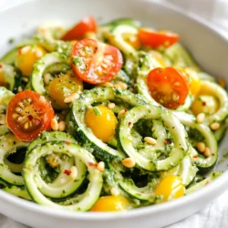 To make Cilantro Pesto Zucchini Noodles, you need simple, fresh ingredients. Here’s a complete list of what you will need: - 4 medium zucchinis, spiralized - 1 cup fresh cilantro leaves - 1/4 cup nuts (pine nuts or walnuts) - 1/4 cup grated Parmesan cheese (or nutritional yeast for vegan) - 1 garlic clove, minced - 1/3 cup extra virgin olive oil - Juice of 1 lime - Salt and pepper to taste - Optional garnishes: - Cherry tomatoes, halved - Crushed red pepper flakes (for spice) These ingredients work together to create a dish that is vibrant and full of flavor. The zucchini adds a nice crunch, while the cilantro pesto brings a fresh, herby taste. The nuts give it a creamy texture, and the lime juice adds a zesty kick. You can easily swap out the cheese for nutritional yeast if you prefer a vegan option. This dish is not only tasty but also healthy, making it perfect for any meal. {{ingredient_image_1}} First, we need to spiralize the zucchini. Grab 4 medium zucchinis. Using a spiralizer, turn them into long, curly noodles, also known as zoodles. This fun step makes your dish look great and keeps it light. Next, place the zoodles in a colander. Sprinkle a pinch of salt over them. Let them sit for about 15 minutes. This helps draw out excess moisture. Doing this step makes your zoodles firmer. You want to avoid a watery dish! Now let's make the cilantro pesto. For this, we will use a food processor. In the processor, add 1 cup of fresh cilantro leaves. Then, toss in 1/4 cup of nuts. You can use pine nuts or walnuts, depending on your taste. Next, add 1/4 cup of grated Parmesan cheese. If you want a vegan option, substitute it with nutritional yeast. Add 1 minced garlic clove, the juice of 1 lime, and a pinch of salt and pepper. Pulse the mixture until it is finely chopped. To make it creamy, keep the processor running. Slowly drizzle in 1/3 cup of extra virgin olive oil. This step creates a smooth pesto. Taste it and adjust the seasoning to your liking. Now we combine the zoodles and pesto. Heat a large pan over medium heat. Once hot, add the zoodles. Cook them for 2-3 minutes, stirring often. You want them just softened, not mushy. Remove the pan from the heat. Add the cilantro pesto to the warm zoodles. Toss them together until well coated. If your pesto is too thick, you can add a bit of water or extra olive oil. This helps reach your desired consistency. Your Cilantro Pesto Zucchini Noodles are ready to serve! Enjoy with halved cherry tomatoes on top. For an added kick, sprinkle with crushed red pepper flakes. For making zucchini noodles, a spiralizer is key. You can choose from two types: handheld and countertop. Handheld spiralizers are compact and easy to store. They work well if you only make zoodles now and then. Countertop spiralizers are larger and can handle more zucchini at once. They often have different blade options for various noodle shapes. When picking a spiralizer, look for these features: - Durability: Choose one made from strong materials. - Ease of use: Select one that feels comfortable in your hands. - Versatility: Check if it has different blades for various cuts. - Cleaning: Look for models that are easy to clean. To make your cilantro pesto even better, try adding extra herbs or spices. Fresh basil pairs great with cilantro. For a kick, consider adding a pinch of cayenne pepper or lemon zest. If you want to switch up the cheese, you can use nutritional yeast for a vegan option. It adds a cheesy flavor without dairy. Other good choices include feta or goat cheese for a tangy twist. For sides, serve your cilantro pesto zucchini noodles with a light salad or grilled veggies. They complement the fresh flavors well. You can also try a side of roasted chickpeas for added protein. When plating, get creative! Use a large bowl or plate. Twirl the zoodles to create a nest shape. Top it with cherry tomatoes and a sprinkle of crushed red pepper flakes for color and taste. Pro Tips Use Fresh Ingredients: Always opt for fresh cilantro and ripe cherry tomatoes to enhance the flavor of your dish. Customize the Nuts: Experiment with different nuts like cashews or almonds for a unique twist on the pesto. Adjust Consistency: If your pesto is too thick, don't hesitate to add a little pasta water or more olive oil to achieve the ideal smoothness. Perfect Zoodles: Be careful not to overcook the zoodles; they should be tender yet still have a slight crunch for the best texture. {{image_2}} If you want a vegan twist, you can swap the cheese. Use nutritional yeast instead of Parmesan. It adds a cheesy flavor without animal products. For nuts, try sunflower seeds or cashews. They blend well in pesto and offer healthy fats. Want to make this dish heartier? Add protein like chicken, shrimp, or tofu. For chicken, grill or sauté it until it's cooked through. Shrimp cooks fast; just sauté for a few minutes until pink. Tofu is great too! Press it to remove water, then cube and fry until golden. Mix your choice of protein with the zoodles and pesto for a filling meal. You can change it up with seasonal veggies. In summer, add bell peppers or corn. In fall, try roasted butternut squash or kale. Fresh herbs can boost flavor too! Use basil or parsley when cilantro is not in season. This keeps your dish fresh and exciting all year round. To keep your dish fresh, store leftover zoodles and pesto separately. The zoodles can get soggy if mixed with the pesto. Use airtight containers for best results. Glass containers or BPA-free plastic ones work well. Make sure they seal tightly to keep air out. In the fridge, your zoodles can last about 2-3 days. The cilantro pesto will stay fresh for about a week. If you want to save them longer, freezing is an option. You can freeze both zoodles and pesto. For zoodles, place them in freezer bags and remove as much air as possible. For pesto, try ice cube trays. This way, you can thaw only what you need later. You can prepare zucchini noodles ahead of time. Start by spiralizing the zucchinis. After cutting them into zoodles, sprinkle a little salt on them. Let them rest in a colander for about 15 minutes. This step helps to drain extra moisture. After that, you can store the zoodles in an airtight container in the fridge for up to three days. Just be sure to pat them dry before cooking. Yes, you can use other vegetables instead of zucchini. Some great options are carrots, sweet potatoes, or butternut squash. Each vegetable has a different cooking time. For example, carrots will take about 5-7 minutes to soften. Sweet potatoes might need 8-10 minutes, while butternut squash can take about 6-8 minutes. Adjust your cooking time based on the veggie you choose. Cilantro pesto is freezer-friendly! To freeze it, place the pesto in ice cube trays. This way, you can easily use small amounts later. Once frozen, transfer the cubes to a freezer bag. When you want to use it, thaw it in the fridge overnight or place it in warm water for a quick thaw. This method keeps the flavor fresh and vibrant. To make your zoodles less watery, start by salting them. As mentioned, allow them to rest in a colander for 15 minutes. Pat them dry with a clean towel to remove more moisture. You can also try cooking them on medium heat for a shorter time, about 2-3 minutes. This quick cooking helps keep them firm. Lastly, serve them right away after mixing with the pesto for the best texture. You now know how to make a tasty dish with zucchini noodles and cilantro pesto. We covered the essential ingredients, step-by-step instructions, and helpful tips. Don't forget to try the variations and storage options to keep your meals fresh. With these skills, you can impress friends and family with healthy and vibrant meals. Experiment and have fun in the kitchen! Enjoy your cooking adventure with zoodles and pesto.