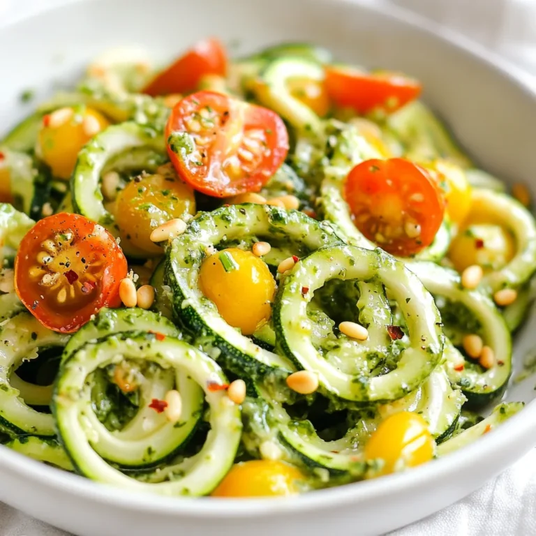 To make Cilantro Pesto Zucchini Noodles, you need simple, fresh ingredients. Here’s a complete list of what you will need: - 4 medium zucchinis, spiralized - 1 cup fresh cilantro leaves - 1/4 cup nuts (pine nuts or walnuts) - 1/4 cup grated Parmesan cheese (or nutritional yeast for vegan) - 1 garlic clove, minced - 1/3 cup extra virgin olive oil - Juice of 1 lime - Salt and pepper to taste - Optional garnishes: - Cherry tomatoes, halved - Crushed red pepper flakes (for spice) These ingredients work together to create a dish that is vibrant and full of flavor. The zucchini adds a nice crunch, while the cilantro pesto brings a fresh, herby taste. The nuts give it a creamy texture, and the lime juice adds a zesty kick. You can easily swap out the cheese for nutritional yeast if you prefer a vegan option. This dish is not only tasty but also healthy, making it perfect for any meal. {{ingredient_image_1}} First, we need to spiralize the zucchini. Grab 4 medium zucchinis. Using a spiralizer, turn them into long, curly noodles, also known as zoodles. This fun step makes your dish look great and keeps it light. Next, place the zoodles in a colander. Sprinkle a pinch of salt over them. Let them sit for about 15 minutes. This helps draw out excess moisture. Doing this step makes your zoodles firmer. You want to avoid a watery dish! Now let's make the cilantro pesto. For this, we will use a food processor. In the processor, add 1 cup of fresh cilantro leaves. Then, toss in 1/4 cup of nuts. You can use pine nuts or walnuts, depending on your taste. Next, add 1/4 cup of grated Parmesan cheese. If you want a vegan option, substitute it with nutritional yeast. Add 1 minced garlic clove, the juice of 1 lime, and a pinch of salt and pepper. Pulse the mixture until it is finely chopped. To make it creamy, keep the processor running. Slowly drizzle in 1/3 cup of extra virgin olive oil. This step creates a smooth pesto. Taste it and adjust the seasoning to your liking. Now we combine the zoodles and pesto. Heat a large pan over medium heat. Once hot, add the zoodles. Cook them for 2-3 minutes, stirring often. You want them just softened, not mushy. Remove the pan from the heat. Add the cilantro pesto to the warm zoodles. Toss them together until well coated. If your pesto is too thick, you can add a bit of water or extra olive oil. This helps reach your desired consistency. Your Cilantro Pesto Zucchini Noodles are ready to serve! Enjoy with halved cherry tomatoes on top. For an added kick, sprinkle with crushed red pepper flakes. For making zucchini noodles, a spiralizer is key. You can choose from two types: handheld and countertop. Handheld spiralizers are compact and easy to store. They work well if you only make zoodles now and then. Countertop spiralizers are larger and can handle more zucchini at once. They often have different blade options for various noodle shapes. When picking a spiralizer, look for these features: - Durability: Choose one made from strong materials. - Ease of use: Select one that feels comfortable in your hands. - Versatility: Check if it has different blades for various cuts. - Cleaning: Look for models that are easy to clean. To make your cilantro pesto even better, try adding extra herbs or spices. Fresh basil pairs great with cilantro. For a kick, consider adding a pinch of cayenne pepper or lemon zest. If you want to switch up the cheese, you can use nutritional yeast for a vegan option. It adds a cheesy flavor without dairy. Other good choices include feta or goat cheese for a tangy twist. For sides, serve your cilantro pesto zucchini noodles with a light salad or grilled veggies. They complement the fresh flavors well. You can also try a side of roasted chickpeas for added protein. When plating, get creative! Use a large bowl or plate. Twirl the zoodles to create a nest shape. Top it with cherry tomatoes and a sprinkle of crushed red pepper flakes for color and taste. Pro Tips Use Fresh Ingredients: Always opt for fresh cilantro and ripe cherry tomatoes to enhance the flavor of your dish. Customize the Nuts: Experiment with different nuts like cashews or almonds for a unique twist on the pesto. Adjust Consistency: If your pesto is too thick, don't hesitate to add a little pasta water or more olive oil to achieve the ideal smoothness. Perfect Zoodles: Be careful not to overcook the zoodles; they should be tender yet still have a slight crunch for the best texture. {{image_2}} If you want a vegan twist, you can swap the cheese. Use nutritional yeast instead of Parmesan. It adds a cheesy flavor without animal products. For nuts, try sunflower seeds or cashews. They blend well in pesto and offer healthy fats. Want to make this dish heartier? Add protein like chicken, shrimp, or tofu. For chicken, grill or sauté it until it's cooked through. Shrimp cooks fast; just sauté for a few minutes until pink. Tofu is great too! Press it to remove water, then cube and fry until golden. Mix your choice of protein with the zoodles and pesto for a filling meal. You can change it up with seasonal veggies. In summer, add bell peppers or corn. In fall, try roasted butternut squash or kale. Fresh herbs can boost flavor too! Use basil or parsley when cilantro is not in season. This keeps your dish fresh and exciting all year round. To keep your dish fresh, store leftover zoodles and pesto separately. The zoodles can get soggy if mixed with the pesto. Use airtight containers for best results. Glass containers or BPA-free plastic ones work well. Make sure they seal tightly to keep air out. In the fridge, your zoodles can last about 2-3 days. The cilantro pesto will stay fresh for about a week. If you want to save them longer, freezing is an option. You can freeze both zoodles and pesto. For zoodles, place them in freezer bags and remove as much air as possible. For pesto, try ice cube trays. This way, you can thaw only what you need later. You can prepare zucchini noodles ahead of time. Start by spiralizing the zucchinis. After cutting them into zoodles, sprinkle a little salt on them. Let them rest in a colander for about 15 minutes. This step helps to drain extra moisture. After that, you can store the zoodles in an airtight container in the fridge for up to three days. Just be sure to pat them dry before cooking. Yes, you can use other vegetables instead of zucchini. Some great options are carrots, sweet potatoes, or butternut squash. Each vegetable has a different cooking time. For example, carrots will take about 5-7 minutes to soften. Sweet potatoes might need 8-10 minutes, while butternut squash can take about 6-8 minutes. Adjust your cooking time based on the veggie you choose. Cilantro pesto is freezer-friendly! To freeze it, place the pesto in ice cube trays. This way, you can easily use small amounts later. Once frozen, transfer the cubes to a freezer bag. When you want to use it, thaw it in the fridge overnight or place it in warm water for a quick thaw. This method keeps the flavor fresh and vibrant. To make your zoodles less watery, start by salting them. As mentioned, allow them to rest in a colander for 15 minutes. Pat them dry with a clean towel to remove more moisture. You can also try cooking them on medium heat for a shorter time, about 2-3 minutes. This quick cooking helps keep them firm. Lastly, serve them right away after mixing with the pesto for the best texture. You now know how to make a tasty dish with zucchini noodles and cilantro pesto. We covered the essential ingredients, step-by-step instructions, and helpful tips. Don't forget to try the variations and storage options to keep your meals fresh. With these skills, you can impress friends and family with healthy and vibrant meals. Experiment and have fun in the kitchen! Enjoy your cooking adventure with zoodles and pesto.