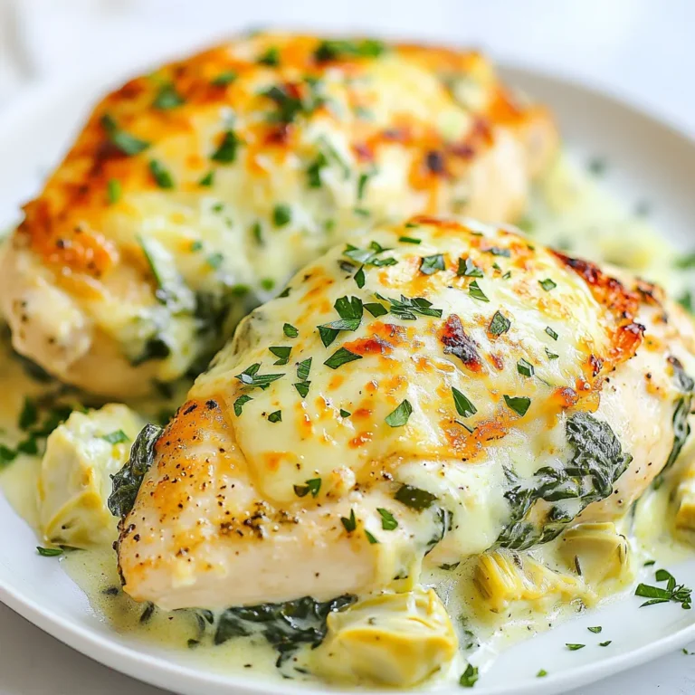 - 4 boneless, skinless chicken breasts - 1 cup fresh spinach, chopped - 1 can (14 oz) artichoke hearts, drained and chopped - 1 cup cream cheese, softened - 1/2 cup sour cream - 1/2 cup grated Parmesan cheese - 1 teaspoon garlic powder - 1 teaspoon onion powder - Salt and pepper, to taste - 2 tablespoons olive oil - Fresh parsley, for garnish To make creamy spinach artichoke chicken, gather these simple ingredients. You need boneless, skinless chicken breasts for a tender base. Fresh spinach adds color and nutrition. Artichoke hearts give a delightful flavor and texture. Cream cheese makes the dish rich and creamy. Sour cream adds a tangy note. Grated Parmesan cheese brings a salty kick. Garlic powder and onion powder enhance the taste. Salt and pepper balance everything out. Olive oil helps sear the chicken and adds flavor. Finally, fresh parsley adds a bright touch as a garnish. This mix of ingredients creates a colorful and tasty dish that everyone will love. Each bite offers a blend of creamy textures and vibrant flavors. You will impress your friends and family with this delightful meal! {{ingredient_image_1}} 1. Preheating the oven Set your oven to 375°F (190°C). This heat helps cook the chicken evenly. 2. Searing the chicken In a large skillet, heat 2 tablespoons of olive oil over medium heat. Season the 4 chicken breasts with garlic powder, onion powder, salt, and pepper. Sear them for about 5 minutes on each side. Look for a nice golden brown color. Once done, take the chicken out and set it aside. 3. Cooking spinach and artichokes In the same skillet, lower the heat. Add 1 cup of chopped artichoke hearts and 1 cup of chopped fresh spinach. Cook for 2-3 minutes. You'll know it's ready when the spinach wilts down. 4. Making the creamy mixture In a mixing bowl, combine the cooked spinach and artichokes with 1 cup of softened cream cheese, 1/2 cup of sour cream, and 1/2 cup of grated Parmesan cheese. Mix well until everything blends together. This creamy mixture gives the dish its rich taste. 5. Assembling in the baking dish Take a baking dish and place the seared chicken breasts inside. Spoon the creamy spinach artichoke mixture on top of each chicken breast. Make sure to cover them well. 6. Baking and resting the dish Place the baking dish in the oven. Bake for 25-30 minutes. The chicken should be fully cooked and the topping bubbly. After taking it out, let it rest for 5 minutes to keep it juicy. Garnish with fresh parsley before serving. Enjoy your creamy delight! - Tips for tender chicken: Always start with fresh chicken. You can also pound the chicken slightly to make it even. This helps it cook evenly and stay juicy. - Best way to wilt spinach: Use low heat for the spinach. When you add it to the skillet, stir often. This way, it wilts in just a few minutes. - Customizing the creamy mixture: You can swap the cream cheese with ricotta for a lighter taste. Adding herbs like dill or basil can also give it a fresh kick. - Searing vs. baking: Searing gives the chicken a nice brown crust. This locks in flavor and keeps the chicken moist. Baking finishes the cooking process and warms the creamy topping perfectly. - Importance of resting chicken: Letting the chicken rest after baking helps the juices settle. This makes each bite tender and full of flavor. Just five minutes is enough! Pro Tips Use Fresh Spinach: Fresh spinach will provide a vibrant flavor and texture compared to frozen spinach, which can be watery. Perfectly Cooked Chicken: Ensure your chicken breasts are of uniform thickness for even cooking; consider pounding them to achieve this. Add a Zesty Twist: For an extra flavor kick, squeeze a bit of lemon juice over the dish before serving. Make it Ahead: Prepare the creamy spinach artichoke mixture a day in advance and store in the refrigerator for flavors to deepen. {{image_2}} You can easily change this recipe to fit your taste. For cheese, you might try mozzarella or goat cheese. These options will give a different flavor and creaminess. If you want more veggies, add bell peppers or mushrooms. They will add color and texture. You can also mix in some sun-dried tomatoes for a burst of flavor. If you need a gluten-free option, check your cream cheese. Most brands are gluten-free, but always read labels. For a low-carb meal, skip the sour cream. Use more cream cheese instead. You can also serve this dish with a side salad for a healthy touch. This way, you can enjoy a tasty meal that fits your diet. To keep your creamy spinach artichoke chicken fresh, use airtight containers. Glass containers work well, but plastic ones are fine too. Make sure the chicken cools down before you seal it. Store leftovers in the fridge for up to three days. If you want to save them longer, consider freezing. Use freezer bags and remove as much air as you can. This way, the flavor will stay strong. When it's time to enjoy your leftovers, reheating properly is key. The best way is to use the oven. Preheat it to 350°F (175°C). Place the chicken in a baking dish and cover it with foil. Heat for about 15-20 minutes. This keeps the chicken moist and creamy. You can also use the microwave, but be careful. Heat in short bursts at medium power. Stir the mixture if you can. This helps keep the creaminess intact. Enjoy your tasty meal again! Yes, you can use frozen spinach. Just thaw it and squeeze out the water. This will help keep the dish from getting too watery. I recommend using about 1 cup of thawed spinach. Frozen spinach is a good time-saver. The chicken is done when it reaches an internal temperature of 165°F (75°C). You can use a meat thermometer to check this. The chicken should also look golden brown and no longer be pink inside. Yes, you can make this dish ahead of time. Prepare the chicken and creamy mixture, then store them separately in the fridge. When you're ready to cook, assemble and bake it. This can save time on busy nights. This dish combines chicken, spinach, and artichokes for a tasty meal. You learned about the key ingredients and preparation steps. I shared tips to make chicken tender and ways to personalize your dish. We explored variations for different diets and storage tips to keep leftovers fresh. In conclusion, enjoy your time in the kitchen experimenting with this recipe. Make it your own and savor every bite. Happy cooking!