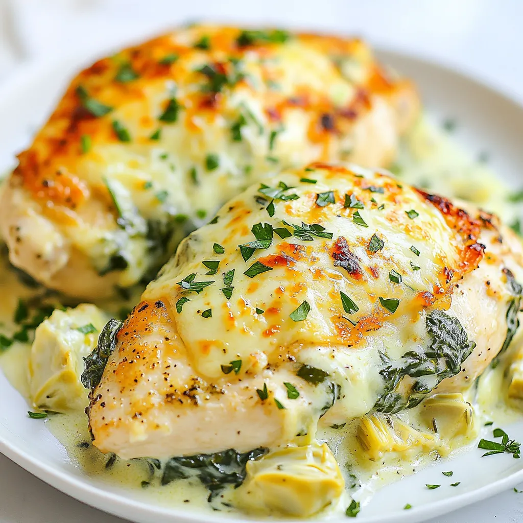 - 4 boneless, skinless chicken breasts - 1 cup fresh spinach, chopped - 1 can (14 oz) artichoke hearts, drained and chopped - 1 cup cream cheese, softened - 1/2 cup sour cream - 1/2 cup grated Parmesan cheese - 1 teaspoon garlic powder - 1 teaspoon onion powder - Salt and pepper, to taste - 2 tablespoons olive oil - Fresh parsley, for garnish To make creamy spinach artichoke chicken, gather these simple ingredients. You need boneless, skinless chicken breasts for a tender base. Fresh spinach adds color and nutrition. Artichoke hearts give a delightful flavor and texture. Cream cheese makes the dish rich and creamy. Sour cream adds a tangy note. Grated Parmesan cheese brings a salty kick. Garlic powder and onion powder enhance the taste. Salt and pepper balance everything out. Olive oil helps sear the chicken and adds flavor. Finally, fresh parsley adds a bright touch as a garnish. This mix of ingredients creates a colorful and tasty dish that everyone will love. Each bite offers a blend of creamy textures and vibrant flavors. You will impress your friends and family with this delightful meal! {{ingredient_image_1}} 1. Preheating the oven Set your oven to 375°F (190°C). This heat helps cook the chicken evenly. 2. Searing the chicken In a large skillet, heat 2 tablespoons of olive oil over medium heat. Season the 4 chicken breasts with garlic powder, onion powder, salt, and pepper. Sear them for about 5 minutes on each side. Look for a nice golden brown color. Once done, take the chicken out and set it aside. 3. Cooking spinach and artichokes In the same skillet, lower the heat. Add 1 cup of chopped artichoke hearts and 1 cup of chopped fresh spinach. Cook for 2-3 minutes. You'll know it's ready when the spinach wilts down. 4. Making the creamy mixture In a mixing bowl, combine the cooked spinach and artichokes with 1 cup of softened cream cheese, 1/2 cup of sour cream, and 1/2 cup of grated Parmesan cheese. Mix well until everything blends together. This creamy mixture gives the dish its rich taste. 5. Assembling in the baking dish Take a baking dish and place the seared chicken breasts inside. Spoon the creamy spinach artichoke mixture on top of each chicken breast. Make sure to cover them well. 6. Baking and resting the dish Place the baking dish in the oven. Bake for 25-30 minutes. The chicken should be fully cooked and the topping bubbly. After taking it out, let it rest for 5 minutes to keep it juicy. Garnish with fresh parsley before serving. Enjoy your creamy delight! - Tips for tender chicken: Always start with fresh chicken. You can also pound the chicken slightly to make it even. This helps it cook evenly and stay juicy. - Best way to wilt spinach: Use low heat for the spinach. When you add it to the skillet, stir often. This way, it wilts in just a few minutes. - Customizing the creamy mixture: You can swap the cream cheese with ricotta for a lighter taste. Adding herbs like dill or basil can also give it a fresh kick. - Searing vs. baking: Searing gives the chicken a nice brown crust. This locks in flavor and keeps the chicken moist. Baking finishes the cooking process and warms the creamy topping perfectly. - Importance of resting chicken: Letting the chicken rest after baking helps the juices settle. This makes each bite tender and full of flavor. Just five minutes is enough! Pro Tips Use Fresh Spinach: Fresh spinach will provide a vibrant flavor and texture compared to frozen spinach, which can be watery. Perfectly Cooked Chicken: Ensure your chicken breasts are of uniform thickness for even cooking; consider pounding them to achieve this. Add a Zesty Twist: For an extra flavor kick, squeeze a bit of lemon juice over the dish before serving. Make it Ahead: Prepare the creamy spinach artichoke mixture a day in advance and store in the refrigerator for flavors to deepen. {{image_2}} You can easily change this recipe to fit your taste. For cheese, you might try mozzarella or goat cheese. These options will give a different flavor and creaminess. If you want more veggies, add bell peppers or mushrooms. They will add color and texture. You can also mix in some sun-dried tomatoes for a burst of flavor. If you need a gluten-free option, check your cream cheese. Most brands are gluten-free, but always read labels. For a low-carb meal, skip the sour cream. Use more cream cheese instead. You can also serve this dish with a side salad for a healthy touch. This way, you can enjoy a tasty meal that fits your diet. To keep your creamy spinach artichoke chicken fresh, use airtight containers. Glass containers work well, but plastic ones are fine too. Make sure the chicken cools down before you seal it. Store leftovers in the fridge for up to three days. If you want to save them longer, consider freezing. Use freezer bags and remove as much air as you can. This way, the flavor will stay strong. When it's time to enjoy your leftovers, reheating properly is key. The best way is to use the oven. Preheat it to 350°F (175°C). Place the chicken in a baking dish and cover it with foil. Heat for about 15-20 minutes. This keeps the chicken moist and creamy. You can also use the microwave, but be careful. Heat in short bursts at medium power. Stir the mixture if you can. This helps keep the creaminess intact. Enjoy your tasty meal again! Yes, you can use frozen spinach. Just thaw it and squeeze out the water. This will help keep the dish from getting too watery. I recommend using about 1 cup of thawed spinach. Frozen spinach is a good time-saver. The chicken is done when it reaches an internal temperature of 165°F (75°C). You can use a meat thermometer to check this. The chicken should also look golden brown and no longer be pink inside. Yes, you can make this dish ahead of time. Prepare the chicken and creamy mixture, then store them separately in the fridge. When you're ready to cook, assemble and bake it. This can save time on busy nights. This dish combines chicken, spinach, and artichokes for a tasty meal. You learned about the key ingredients and preparation steps. I shared tips to make chicken tender and ways to personalize your dish. We explored variations for different diets and storage tips to keep leftovers fresh. In conclusion, enjoy your time in the kitchen experimenting with this recipe. Make it your own and savor every bite. Happy cooking!