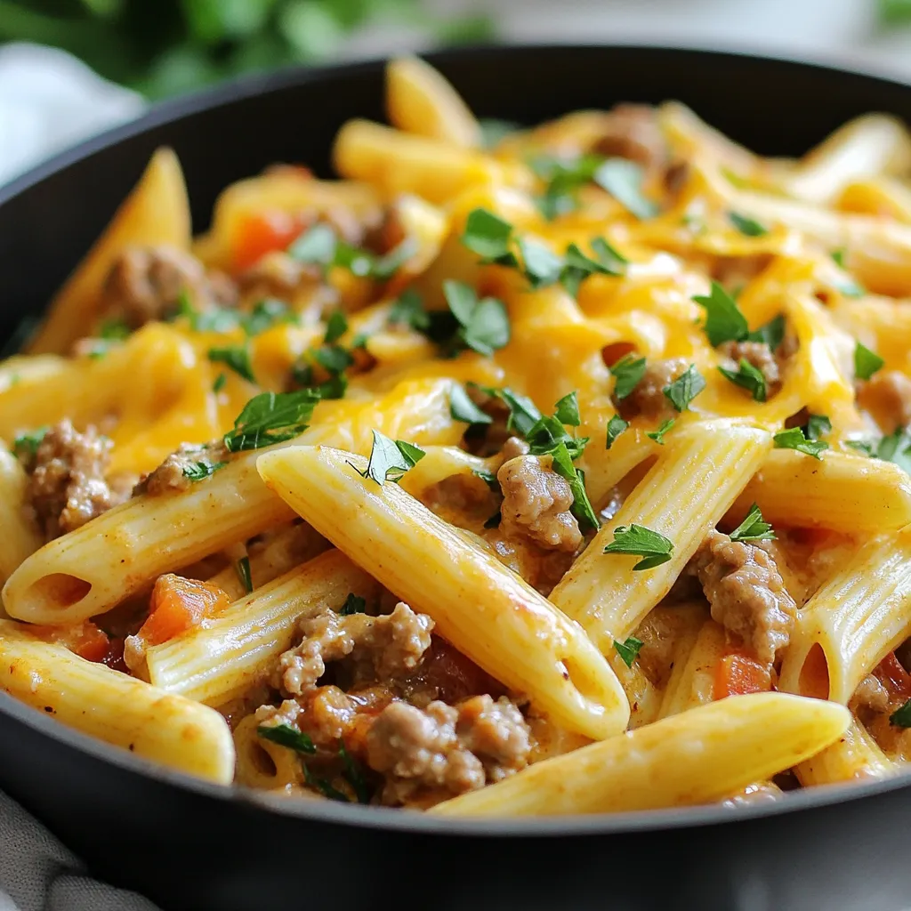 - 1 lb ground turkey - 8 oz penne pasta - 1 tablespoon Cajun seasoning - 1 medium onion, diced - 1 bell pepper (any color), diced - 2 cloves garlic, minced - 1 cup diced tomatoes (canned or fresh) - 1 cup chicken broth - 1 cup heavy cream - 1 cup shredded cheddar cheese - Fresh parsley, chopped for garnish To make Cajun Turkey Pasta Skillet, gather these ingredients first. Start with the ground turkey, which gives the dish its protein. The penne pasta adds a nice texture and helps soak up flavors. Cajun seasoning is key for that punchy taste. Next, chop your vegetables. The onion and bell pepper bring sweetness and crunch. Garlic adds depth to the dish. Then, you need some liquids. Diced tomatoes give a fresh taste and color. Chicken broth adds richness, while heavy cream makes the sauce creamy and smooth. Finally, consider your garnishes. Shredded cheddar cheese melts beautifully on top. Fresh parsley adds a splash of color and freshness. These ingredients come together to make a meal that's quick, tasty, and satisfying. {{ingredient_image_1}} - First, dice one medium onion and one bell pepper. Use any color you like. - Next, mince two cloves of garlic. This adds great flavor to our dish. - Measure out one tablespoon of Cajun seasoning and one cup of chicken broth. - Finally, get one cup of heavy cream and one cup of diced tomatoes ready. - In a large skillet, heat two tablespoons of olive oil over medium heat. - Add the diced onion and bell pepper. Sauté them for about 3-4 minutes until they soften. - Then, add the minced garlic and one pound of ground turkey to the skillet. Cook for 6-8 minutes until the turkey is browned and fully cooked. - Now, stir in the Cajun seasoning. Make sure the turkey is well coated with spices. - Add the diced tomatoes, one cup of chicken broth, and 8 ounces of penne pasta to the skillet. - Bring everything to a simmer. Cover it and cook for 12-15 minutes until the pasta is al dente. Stir occasionally to keep it from sticking. - Once the pasta is cooked, reduce the heat. Stir in one cup of heavy cream. Cook for another 2-3 minutes until it becomes creamy. - Sprinkle one cup of shredded cheddar cheese on top. Stir until the cheese melts and blends well. - Lastly, season with salt and pepper to taste. You can adjust to your liking. To make this dish shine, try adjusting the Cajun seasoning. If you like heat, add more. For a milder taste, use less. You can also mix in some smoked paprika for a deeper flavor. To enhance creaminess, consider adding more heavy cream. You can also stir in a bit of cream cheese. This gives it a rich texture that many love. When sautéing, make sure your oil is hot. This helps the onions and bell peppers cook evenly. Stir them often for about 3-4 minutes. You want them soft but not brown. Managing pasta texture is key. Cook the penne until it's al dente. This means it should be firm when bitten. If you overcook it, the pasta gets mushy. Always stir the pasta as it cooks. This keeps it from sticking together. For pairing ideas, serve this dish with a side salad. A fresh green salad balances the meal well. You can also add garlic bread for a tasty side. Recommended side dishes include steamed veggies or a light soup. Both are great options that complement the Cajun flavor. Enjoy your meal! Pro Tips Use Fresh Ingredients: Fresh vegetables and herbs can significantly enhance the flavor of your dish. Opt for fresh bell peppers and parsley for a vibrant taste. Customize the Spice Level: Adjust the amount of Cajun seasoning to suit your taste preference. For a milder dish, start with less and add more as desired. Leftover Transformation: This dish reheats beautifully! Use leftovers in a wrap or salad for a quick meal the next day. Perfect Pasta Cooking: Stir the pasta occasionally while it simmers to prevent it from sticking together and ensure even cooking. {{image_2}} You can switch ground turkey for other proteins. Chicken works well, giving a lighter taste. Simply use ground chicken in the same way. You can also try sausage. It adds a nice kick and flavor. Just brown it with the onions and bell pepper. If you prefer a meat-free meal, consider using plant-based meat. It mimics ground turkey's texture and flavor. Look for options at your local store. They usually cook the same way, so it’s easy to swap! You don’t have to stick with penne pasta. Try other shapes like rotini or fusilli. They hold sauce well, making each bite tasty. If you want a healthy choice, use whole grain pasta. It adds fiber and keeps you full longer. Gluten-free pasta is another option. There are many kinds made from rice or chickpeas. Just check the package for cooking times. Adding different vegetables can change the dish. You could toss in spinach, zucchini, or mushrooms. They add color and nutrition. Feel free to be creative! If you like spice, play with the Cajun seasoning. Add more for heat or try a dash of hot sauce. You can also mix in smoked paprika for a deeper flavor. Adjust these to match your taste. Cooking should be fun! To store leftovers, place them in an airtight container. This keeps your Cajun turkey pasta fresh. Make sure to cool it down before sealing. You can keep it in the fridge for up to three days. When reheating, the best method is on the stove. Use low heat and add a splash of chicken broth. This helps keep the dish creamy and moist. You can also microwave it, but stir it halfway through. This ensures even heating. You can freeze Cajun turkey pasta for up to three months. To freeze, let it cool completely. Then, place it in a freezer-safe container or bag. Make sure to label it with the date for easy tracking. When you’re ready to eat, thaw it overnight in the fridge. Reheat it in a skillet over low heat. Add a bit of chicken broth as needed to restore creaminess. In the fridge, this dish lasts three days when stored properly. Watch for signs of spoilage like a sour smell or mold. If it smells off or looks unusual, it’s best to toss it. Always trust your nose and eyes when checking food! Yes, you can make this dish ahead. Cook the turkey and veggies. Then, store them in the fridge. When you are ready to eat, just heat them up. Add the pasta, broth, and cream when you cook it. This way, it stays fresh and tasty. If you want a dairy-free version, use coconut milk. It adds a nice creaminess. You can also use almond milk mixed with cornstarch for thickness. Cashew cream is another great choice. Just blend soaked cashews with water for a smooth texture. The Cajun seasoning gives it a kick. If you want less heat, use half the seasoning. For more spice, add hot sauce or red pepper flakes. Always taste as you go. This way, you can find the perfect level for your taste. You can skip the cheese, but it will change the dish. Cheese adds creaminess and flavor. Without it, the dish may feel lighter. To keep some creaminess, try adding a bit more heavy cream or a sprinkle of nutritional yeast for flavor. This recipe blends tasty ground turkey, vibrant veggies, and creamy sauce into a delight. You learned how to prep ingredients, cook the base, and add flavor. I shared tips for perfecting taste and suggested variations for your needs. Storing leftovers and meal prep ideas keep this dish flexible. Try this hearty meal for your next gathering or dinner. Enjoy the flavors and make it your own!