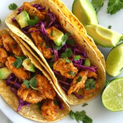 To make smoky chipotle chicken tacos, you need: - 2 chicken breasts, diced - 2 tablespoons olive oil - 2 tablespoons adobo sauce (from chipotle peppers) - 1 teaspoon smoked paprika - 1 teaspoon garlic powder - 1 teaspoon cumin - Salt and pepper to taste - 8 small corn tortillas - 1 cup red cabbage, shredded - 1 avocado, sliced - 1/2 cup fresh cilantro, chopped - Lime wedges for serving If you want to add more flavor, consider these options: - Sour cream for topping - Sliced jalapeños for heat - Queso fresco for creaminess - Hot sauce for extra spice You can swap ingredients if you have dietary needs or preferences: - Use chicken thighs instead of breasts for juiciness. - Substitute olive oil with avocado oil for a different taste. - Replace corn tortillas with flour tortillas if you prefer. - Try different greens, like lettuce or spinach, instead of red cabbage. - Use lime juice instead of wedges if you want a splash of flavor. These ingredients make your tacos flavorful and easy to prepare. Using fresh items will enhance the taste and make your meal even better. {{ingredient_image_1}} Start by taking a medium bowl. Add diced chicken breasts to the bowl. Pour in the olive oil and adobo sauce. Then sprinkle in smoked paprika, garlic powder, cumin, salt, and pepper. Mix everything well. Let the chicken marinate for at least 15 minutes. If you have more time, let it sit for up to 2 hours in the fridge. This helps the flavors soak in fully. Next, heat a skillet over medium-high heat. Once the skillet is hot, add the marinated chicken. Cook the chicken for about 7 to 10 minutes. Stir it occasionally to ensure even cooking. Look for a nice smoky char on the chicken. When it’s cooked through, remove it from the heat. While the chicken cooks, warm your corn tortillas. You can do this in another pan. Heat each tortilla for about 30 seconds on each side. They should feel soft and pliable. Alternatively, wrap them in foil and place them in a warm oven set at 200°F. This keeps them warm until you are ready to serve. Now, it’s time to build your tacos. Take a warm tortilla and place a generous scoop of smoky chipotle chicken on top. Add a handful of shredded red cabbage for crunch. Then, place a slice of creamy avocado on the chicken. Finish with a sprinkle of fresh cilantro. Serve the tacos with lime wedges on the side. If you like, add a dollop of sour cream for extra creaminess. Enjoy your delicious creation! To get the best flavor, marinate your chicken well. Use a medium bowl and mix diced chicken with olive oil, adobo sauce, smoked paprika, garlic powder, cumin, salt, and pepper. Toss it all together so every piece is coated. Let it sit for at least 15 minutes. For deeper flavor, marinate for up to 2 hours in the fridge. This step makes the chicken juicy and tasty. Heat your skillet to medium-high. Once it's hot, add the marinated chicken. Cook for about 7 to 10 minutes. Stir occasionally to ensure even cooking. Watch for a nice smoky char on each piece. This char adds great flavor and texture. Make sure the chicken is cooked all the way through. Warm your corn tortillas before serving. You can do this in a pan or an oven. Add a generous spoonful of smoky chipotle chicken to each tortilla. Top it with shredded red cabbage for crunch, slices of avocado for creaminess, and fresh cilantro for a pop of flavor. Serve with lime wedges on the side. A dollop of sour cream is a tasty option too. It all comes together for a fun and delicious meal! Pro Tips Marination Time: Allow the chicken to marinate for at least 2 hours in the fridge for the best flavor infusion. Perfectly Warm Tortillas: To keep tortillas warm and pliable, wrap them in a clean kitchen towel after warming. Customizable Toppings: Feel free to add your favorite toppings like pickled onions or jalapeños for extra flavor and heat. Leftover Chicken: Use leftover smoky chipotle chicken in salads or burrito bowls for a quick and tasty meal. {{image_2}} You can easily swap chicken for veggies. Try using mushrooms or zucchini. Both absorb flavors well. Dice them and marinate just like chicken. You can also use black beans for protein. They add a nice texture. Top your tacos with grilled corn for sweetness. This makes them fresh and fun! If you want to switch proteins, use pork or shrimp. Pork shoulder works great. Marinate it like chicken, and shred it after cooking. For shrimp, just cook for a few minutes. They cook fast and soak up the chipotle flavor nicely. Tofu is another great option for a plant-based meal. Use firm tofu, and make sure to press it before marinating. Heat can change your taco experience. If you love spice, add more adobo sauce. You can also toss in chopped fresh jalapeños. For a milder taste, use less adobo and more lime juice. Adding sour cream can help cool the heat too. Adjust it to fit your taste buds, and enjoy! To store leftover tacos, first, separate the chicken and toppings. Place the chicken in an airtight container. Add a paper towel to absorb moisture. Store the toppings, like cabbage and cilantro, in separate containers. Keep everything in the fridge. Consume within three days for best taste. When you're ready to eat your leftovers, reheat the chicken in a skillet over medium heat. Stir it until it's warm, about five minutes. For the tortillas, warm them in a pan for 30 seconds on each side. This keeps them soft and tasty. If you want to freeze the chicken, let it cool first. Place the chicken in a freezer-safe bag. Seal it tightly, removing as much air as possible. This helps prevent freezer burn. You can freeze the chicken for up to three months. When ready, thaw it overnight in the fridge before reheating. Chipotle peppers are smoked jalapeños. They add a deep, rich flavor to dishes. The adobo sauce from these peppers is spicy and tangy. It elevates the smoky taste of the chicken. This makes each bite of the taco burst with flavor. The heat is balanced by the sweetness of the smoke. Yes, you can use different tortillas. Corn tortillas are traditional and gluten-free. Flour tortillas are softer and easier to roll. You can also try lettuce wraps for a low-carb option. Each type brings its own taste and texture to the taco. To make the tacos spicier, add more adobo sauce. You can also include fresh jalapeños or hot sauce. For milder tacos, reduce the adobo sauce. You can also use sweet peppers or skip the spicy toppings. Adjusting the toppings lets you tailor the heat to your taste. Many sides go well with these tacos. Here are a few great options: - Mexican rice - Refried beans - Grilled corn - Fresh salsa - Guacamole - Chips and queso These sides complement the smoky flavors and create a complete meal. This blog post covered how to make smoky chipotle chicken tacos. We discussed the key ingredients, including optional ones for better taste. I shared step-by-step instructions for marinating and cooking the chicken, and how to assemble your tacos. We explored tips for extra flavor and variations for different diets. Remember, storing leftovers properly keeps them fresh. Enjoy trying out these recipes and tips. They will help you create delicious meals. Start your taco adventure today!