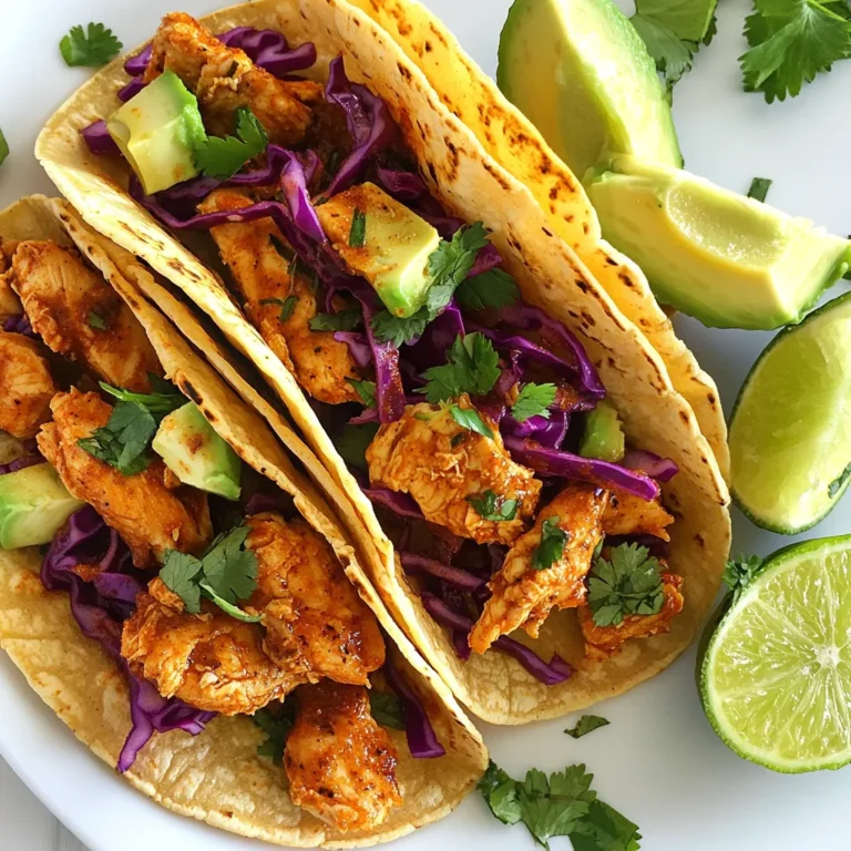 To make smoky chipotle chicken tacos, you need: - 2 chicken breasts, diced - 2 tablespoons olive oil - 2 tablespoons adobo sauce (from chipotle peppers) - 1 teaspoon smoked paprika - 1 teaspoon garlic powder - 1 teaspoon cumin - Salt and pepper to taste - 8 small corn tortillas - 1 cup red cabbage, shredded - 1 avocado, sliced - 1/2 cup fresh cilantro, chopped - Lime wedges for serving If you want to add more flavor, consider these options: - Sour cream for topping - Sliced jalapeños for heat - Queso fresco for creaminess - Hot sauce for extra spice You can swap ingredients if you have dietary needs or preferences: - Use chicken thighs instead of breasts for juiciness. - Substitute olive oil with avocado oil for a different taste. - Replace corn tortillas with flour tortillas if you prefer. - Try different greens, like lettuce or spinach, instead of red cabbage. - Use lime juice instead of wedges if you want a splash of flavor. These ingredients make your tacos flavorful and easy to prepare. Using fresh items will enhance the taste and make your meal even better. {{ingredient_image_1}} Start by taking a medium bowl. Add diced chicken breasts to the bowl. Pour in the olive oil and adobo sauce. Then sprinkle in smoked paprika, garlic powder, cumin, salt, and pepper. Mix everything well. Let the chicken marinate for at least 15 minutes. If you have more time, let it sit for up to 2 hours in the fridge. This helps the flavors soak in fully. Next, heat a skillet over medium-high heat. Once the skillet is hot, add the marinated chicken. Cook the chicken for about 7 to 10 minutes. Stir it occasionally to ensure even cooking. Look for a nice smoky char on the chicken. When it’s cooked through, remove it from the heat. While the chicken cooks, warm your corn tortillas. You can do this in another pan. Heat each tortilla for about 30 seconds on each side. They should feel soft and pliable. Alternatively, wrap them in foil and place them in a warm oven set at 200°F. This keeps them warm until you are ready to serve. Now, it’s time to build your tacos. Take a warm tortilla and place a generous scoop of smoky chipotle chicken on top. Add a handful of shredded red cabbage for crunch. Then, place a slice of creamy avocado on the chicken. Finish with a sprinkle of fresh cilantro. Serve the tacos with lime wedges on the side. If you like, add a dollop of sour cream for extra creaminess. Enjoy your delicious creation! To get the best flavor, marinate your chicken well. Use a medium bowl and mix diced chicken with olive oil, adobo sauce, smoked paprika, garlic powder, cumin, salt, and pepper. Toss it all together so every piece is coated. Let it sit for at least 15 minutes. For deeper flavor, marinate for up to 2 hours in the fridge. This step makes the chicken juicy and tasty. Heat your skillet to medium-high. Once it's hot, add the marinated chicken. Cook for about 7 to 10 minutes. Stir occasionally to ensure even cooking. Watch for a nice smoky char on each piece. This char adds great flavor and texture. Make sure the chicken is cooked all the way through. Warm your corn tortillas before serving. You can do this in a pan or an oven. Add a generous spoonful of smoky chipotle chicken to each tortilla. Top it with shredded red cabbage for crunch, slices of avocado for creaminess, and fresh cilantro for a pop of flavor. Serve with lime wedges on the side. A dollop of sour cream is a tasty option too. It all comes together for a fun and delicious meal! Pro Tips Marination Time: Allow the chicken to marinate for at least 2 hours in the fridge for the best flavor infusion. Perfectly Warm Tortillas: To keep tortillas warm and pliable, wrap them in a clean kitchen towel after warming. Customizable Toppings: Feel free to add your favorite toppings like pickled onions or jalapeños for extra flavor and heat. Leftover Chicken: Use leftover smoky chipotle chicken in salads or burrito bowls for a quick and tasty meal. {{image_2}} You can easily swap chicken for veggies. Try using mushrooms or zucchini. Both absorb flavors well. Dice them and marinate just like chicken. You can also use black beans for protein. They add a nice texture. Top your tacos with grilled corn for sweetness. This makes them fresh and fun! If you want to switch proteins, use pork or shrimp. Pork shoulder works great. Marinate it like chicken, and shred it after cooking. For shrimp, just cook for a few minutes. They cook fast and soak up the chipotle flavor nicely. Tofu is another great option for a plant-based meal. Use firm tofu, and make sure to press it before marinating. Heat can change your taco experience. If you love spice, add more adobo sauce. You can also toss in chopped fresh jalapeños. For a milder taste, use less adobo and more lime juice. Adding sour cream can help cool the heat too. Adjust it to fit your taste buds, and enjoy! To store leftover tacos, first, separate the chicken and toppings. Place the chicken in an airtight container. Add a paper towel to absorb moisture. Store the toppings, like cabbage and cilantro, in separate containers. Keep everything in the fridge. Consume within three days for best taste. When you're ready to eat your leftovers, reheat the chicken in a skillet over medium heat. Stir it until it's warm, about five minutes. For the tortillas, warm them in a pan for 30 seconds on each side. This keeps them soft and tasty. If you want to freeze the chicken, let it cool first. Place the chicken in a freezer-safe bag. Seal it tightly, removing as much air as possible. This helps prevent freezer burn. You can freeze the chicken for up to three months. When ready, thaw it overnight in the fridge before reheating. Chipotle peppers are smoked jalapeños. They add a deep, rich flavor to dishes. The adobo sauce from these peppers is spicy and tangy. It elevates the smoky taste of the chicken. This makes each bite of the taco burst with flavor. The heat is balanced by the sweetness of the smoke. Yes, you can use different tortillas. Corn tortillas are traditional and gluten-free. Flour tortillas are softer and easier to roll. You can also try lettuce wraps for a low-carb option. Each type brings its own taste and texture to the taco. To make the tacos spicier, add more adobo sauce. You can also include fresh jalapeños or hot sauce. For milder tacos, reduce the adobo sauce. You can also use sweet peppers or skip the spicy toppings. Adjusting the toppings lets you tailor the heat to your taste. Many sides go well with these tacos. Here are a few great options: - Mexican rice - Refried beans - Grilled corn - Fresh salsa - Guacamole - Chips and queso These sides complement the smoky flavors and create a complete meal. This blog post covered how to make smoky chipotle chicken tacos. We discussed the key ingredients, including optional ones for better taste. I shared step-by-step instructions for marinating and cooking the chicken, and how to assemble your tacos. We explored tips for extra flavor and variations for different diets. Remember, storing leftovers properly keeps them fresh. Enjoy trying out these recipes and tips. They will help you create delicious meals. Start your taco adventure today!