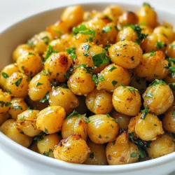- 1 can (15 oz) chickpeas - 2 tablespoons olive oil - 4 cloves garlic, minced - 1 teaspoon dried oregano - 1 teaspoon dried thyme - 1 teaspoon smoked paprika - Salt and black pepper To make garlic herb roasted chickpeas, start with a can of chickpeas. Rinse and drain them well. Drying is key for crunch. Next, gather olive oil and garlic. You want the flavor of fresh garlic, so use four cloves. For herbs, grab oregano, thyme, and smoked paprika. Season with salt and black pepper to your taste. - Fresh parsley - Extra paprika for serving Fresh parsley adds a nice touch of color and flavor. If you want more spice, sprinkle extra paprika on top when serving. These small details make your dish pop! {{ingredient_image_1}} - Preheat oven to 400°F (200°C). - Dry the chickpeas thoroughly. This step is key for crispiness. Use a clean towel to pat them dry after rinsing. The dryer they are, the crunchier they will become. - Combine chickpeas with olive oil and seasonings. In a large bowl, mix the chickpeas, 2 tablespoons of olive oil, 4 cloves of minced garlic, 1 teaspoon dried oregano, 1 teaspoon dried thyme, 1 teaspoon smoked paprika, salt, and black pepper. - Ensure even coating. Toss everything well so each chickpea is covered in oil and spices. This gives them a great flavor. - Spread coated chickpeas on a baking sheet. Place them in a single layer. This helps them roast evenly and get crunchy all over. - Roast for 25-30 minutes and shake pan halfway through. This step allows the chickpeas to cook evenly. You want them golden brown and crispy. Check them a few times for doneness. To make your chickpeas crunchy, start by drying them well. Use a clean kitchen towel and pat them dry. Any moisture makes them steam instead of roast. For the best texture, preheat your oven to 400°F (200°C). This hot temperature helps create that perfect crispy shell. Adjust the seasonings to suit your taste. Feel free to add more garlic or spices if you want a stronger flavor. After roasting, sprinkle a bit of sea salt for an extra kick. This finishing touch makes the flavors pop and enhances the overall experience. Serving your roasted chickpeas in colorful bowls makes them look more appealing. You can also sprinkle a little extra paprika for a nice touch. Pair them with dips like tzatziki for added flavor and fun. This combination will impress guests and add variety to your snack. Pro Tips Dry Chickpeas Thoroughly: Ensuring that the chickpeas are completely dry before roasting is key to achieving that perfect crispy texture. Experiment with Spices: Don't hesitate to customize the seasoning mix! Add cayenne for heat or cumin for a different flavor profile. Use a High-Quality Olive Oil: The quality of your olive oil can greatly influence the flavor of the roasted chickpeas, so choose a good one. Storage Tips: Store leftover roasted chickpeas in an airtight container at room temperature for up to 3 days, but they are best enjoyed fresh! {{image_2}} You can change the flavor of these roasted chickpeas easily. For a spicy kick, add cayenne pepper. Just a pinch will do. You’ll love how the heat dances with the garlic. Another option is to switch herbs. Instead of oregano and thyme, try rosemary or basil. These herbs bring a fresh taste. You can mix and match until you find your favorite. Garlic herb roasted chickpeas make a great snack or appetizer. They crunch perfectly and are full of flavor. Serve them in a bowl at your next gathering. Guests will enjoy munching on them. You can also add them to salads or grain bowls. Their crunch adds texture to leafy greens. They work well with rice or quinoa too. Just sprinkle them on top for a tasty twist. To store garlic herb roasted chickpeas, let them cool to room temperature. Place them in an airtight container. This helps keep them fresh and crunchy. I recommend using a glass or plastic container with a tight seal. Avoid using metal containers, as they may affect the flavor. If your roasted chickpeas lose their crunch, don't worry! You can restore their crispiness. Preheat your oven to 375°F (190°C). Spread the chickpeas on a baking sheet in a single layer. Bake for about 5-10 minutes, watching closely to prevent burning. This quick method brings back the crunch. When stored properly, roasted chickpeas can last for about 1 week. If you keep them in an airtight container, they will stay fresh longer. However, for the best taste and texture, enjoy them within the first few days. Yes, you can use dried chickpeas. Start by soaking one cup of dried chickpeas in water overnight. This helps them soften. The next day, drain and rinse the chickpeas. Cook them in boiling water for about 1 to 1.5 hours until tender. Once cooked, follow the same steps as for canned chickpeas. Dry them well and coat with oil and spices before roasting. To add heat, mix in cayenne pepper or red pepper flakes. Start with 1/4 teaspoon and add more if you want extra spice. You can also use spicy paprika for a different flavor. For a bold kick, toss in some chopped jalapeños before roasting. Adjust the spice to suit your taste. Yes, these chickpeas are healthy! They are high in protein and fiber, which help keep you full. Chickpeas also offer vitamins and minerals, like iron and magnesium. The olive oil adds healthy fats. This snack is much better than chips or cookies. Enjoy them guilt-free! Absolutely! Preheat your air fryer to 400°F (200°C). Prepare the chickpeas as usual by drying and seasoning them. Place the chickpeas in the air fryer basket in a single layer. Cook for about 15-20 minutes, shaking the basket halfway through. Keep an eye on them to prevent burning. Enjoy the crispy results! Roasted chickpeas are a tasty and healthy snack. We covered the main ingredients, preparation steps, and tips to make them crispy. You can also explore flavor variations and learn how to store leftovers. Remember, adjusting seasonings can enhance your snack. Try serving with dips for added fun. Enjoy making roasted chickpeas, whether for yourself or with friends! They are versatile and easy to adapt to your taste. Happy cooking!