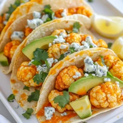 - 1 medium head of cauliflower, cut into florets - 1 cup all-purpose flour - 1 cup buttermilk (or a dairy-free alternative) - 1 cup breadcrumbs (Panko recommended) - Fresh cilantro - Avocado slices - Crumbled blue cheese or feta (optional) - Lemon wedges for serving - Salt and pepper to taste - Tortilla options: corn or flour For my Buffalo Cauliflower Tacos, I start with a medium head of cauliflower. This veggie brings a nice texture and flavor. I cut it into florets, which makes them easy to handle. The batter needs flour and buttermilk, or a dairy-free choice if you prefer. The flour gives it a nice crunch when baked. I also use breadcrumbs, and Panko works best for that extra crispiness. Next, I add fresh cilantro and avocado slices. They add bright flavors to the tacos. Crumbled blue cheese or feta is optional, but they bring a lovely creaminess. I always serve these tacos with lemon wedges. A squeeze of lemon brightens up the dish and adds freshness. Don’t forget to season with salt and pepper. It really enhances the taste. For tortillas, I like to use small corn or flour ones. They hold everything together well. Each ingredient plays a key role in making these tacos tasty and fun to eat. {{ingredient_image_1}} - Preheat the oven to 450°F (230°C). - Line a baking sheet with parchment paper. Start by getting your oven nice and hot. This helps the cauliflower get crispy. The parchment paper will keep the cauliflower from sticking. - Combine flour, garlic powder, onion powder, smoked paprika, and seasonings. - Mix in the buttermilk until smooth. In a large bowl, mix the flour and seasonings. This adds great flavor. Then, pour in the buttermilk. Stir until the batter is smooth. It should be thick but not lumpy. - Dip cauliflower florets in batter and coat with breadcrumbs. - Bake for 20-25 minutes, flipping halfway. - Toss with buffalo sauce and bake for an additional 5-10 minutes. Now, take your cauliflower florets. Dip each piece into the batter. Let any extra batter drip off. Then, coat each floret in breadcrumbs. This gives them a nice crunch. Place them on the baking sheet. Bake the cauliflower for 20-25 minutes. Flip them halfway through to get an even bake. When they are golden and crispy, take them out. Toss them in buffalo sauce until well coated. Return them to the oven for 5-10 minutes. This makes them spicy and delicious! To get that perfect crunch, use Panko breadcrumbs. They are lighter and crispier than regular breadcrumbs. This helps your cauliflower stay crispy even after baking. Next, focus on the batter. You want it thick enough to coat the florets but not too thick. If it is too runny, the breadcrumbs won’t stick. If it is too thick, it won’t coat well. Aim for a smooth, pourable batter. For tacos, I recommend soft corn or flour tortillas. They hold up well and complement the flavors. If you want a gluten-free option, corn tortillas are the way to go. Add fresh toppings to enhance the dish. Sliced avocado adds creaminess. Crumbled blue cheese or feta gives a salty touch. Fresh cilantro brightens up the flavors. Don’t forget lemon wedges for a zesty finish! Store any leftovers in an airtight container. This keeps them fresh for up to three days. To prevent sogginess, store the cauliflower and tortillas separately. When reheating, use an oven or air fryer. Preheat your oven to 350°F (175°C). Bake for about 10-15 minutes to regain that crispy texture. Avoid the microwave, as it makes the cauliflower soggy. Pro Tips Use Fresh Ingredients: Fresh cauliflower will provide the best flavor and texture. Look for heads that are firm and free of dark spots. Customize the Heat: Adjust the amount of buffalo sauce according to your spice preference. You can mix it with a bit of honey for a sweeter kick! Extra Crunch: For an even crunchier texture, use Panko breadcrumbs instead of regular breadcrumbs. This will elevate the crispiness of the cauliflower. Meal Prep Friendly: Prepare the cauliflower ahead of time and store it in the refrigerator. You can bake it fresh right before serving for a quick meal! {{image_2}} You can switch up the sauce to change the flavor. Try a spicy sriracha sauce for extra heat. You could also use a tangy barbecue sauce for a sweeter note. If you want to adjust the heat of your buffalo sauce, mix in honey for sweetness or add cayenne pepper for more kick. This makes it fun to create your own version! If you want a vegan version, swap the buttermilk for a plant-based milk like almond or oat milk. You can also use a dairy-free yogurt for extra creaminess. For the blue cheese, try using vegan feta or cashew cheese. These substitutes keep the tacos flavorful without using animal products. Feel free to get creative with toppings. Chopped green onions add crunch, while sliced radishes bring a nice bite. You can also try pickled jalapeños for tang. For sides, serve these tacos with a fresh salad or guacamole. Dips like salsa or a creamy avocado dip pair well too! Buffalo cauliflower tacos are packed with vitamins and minerals. Cauliflower is rich in vitamin C, K, and folate. These nutrients help boost your immune system and support bone health. Cauliflower also contains fiber, which aids digestion. When you eat these tacos, you get a healthy dose of nutrients in each bite. Each serving of buffalo cauliflower tacos has about 300 calories. This can change with added toppings. If you add blue cheese or avocado, calories may rise. Still, these toppings add flavor and healthy fats. They enhance the overall taste and nutrition of your meal. These tacos can easily fit into many diets. They are gluten-free if you use gluten-free flour. You can also make low-carb tacos by using lettuce wraps instead of tortillas. This way, you can enjoy the flavors without the extra carbs. Buffalo cauliflower tacos can be a great choice for various dietary needs. Buffalo cauliflower tacos are a fun twist on traditional tacos. They use crispy cauliflower instead of meat. The cauliflower is coated in spicy buffalo sauce, which gives it a bold flavor. This dish became popular due to its great taste and plant-based appeal. Many people love it as a tasty, meatless option. It fits perfectly in a taco, topped with fresh avocado and creamy cheese. Yes, you can prep this recipe ahead of time. You can prepare the cauliflower and coat it in batter. Place the coated florets on a baking sheet, cover them, and store them in the fridge. When you’re ready, just bake them. You can also make the tacos and store them in the fridge without toppings. Just add fresh ingredients right before serving. This way, you save time and still enjoy delicious tacos. Buffalo cauliflower tacos can be spicy, but you can control the heat. The buffalo sauce adds the heat, but you can adjust it. Use less sauce for a milder flavor. You can also choose a milder sauce or mix it with yogurt. This way, you can enjoy the great taste without too much spice. Feel free to experiment to find the perfect level for you. To make these tacos gluten-free, swap out a few ingredients. Use gluten-free flour instead of all-purpose flour. You can also use gluten-free breadcrumbs or skip them entirely. Make sure to check your tortillas. Look for corn tortillas, as they are often gluten-free. With these simple swaps, you can enjoy the same great flavors without gluten. Buffalo cauliflower tacos are a tasty and fun dish. You learned about key ingredients, like cauliflower and Panko breadcrumbs, and how to prepare them. We talked about ways to enhance flavors with sauces and toppings, plus tips for perfecting the crunch. Nutritional details and dietary options help you make smart choices. Remember, these tacos are easy to adapt for any diet. Try making them with your favorite toppings for a fun meal. Enjoy your cooking adventure with these delicious tacos!