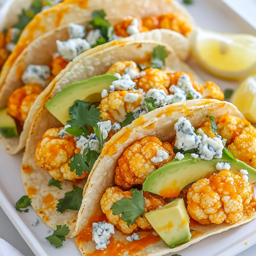 - 1 medium head of cauliflower, cut into florets - 1 cup all-purpose flour - 1 cup buttermilk (or a dairy-free alternative) - 1 cup breadcrumbs (Panko recommended) - Fresh cilantro - Avocado slices - Crumbled blue cheese or feta (optional) - Lemon wedges for serving - Salt and pepper to taste - Tortilla options: corn or flour For my Buffalo Cauliflower Tacos, I start with a medium head of cauliflower. This veggie brings a nice texture and flavor. I cut it into florets, which makes them easy to handle. The batter needs flour and buttermilk, or a dairy-free choice if you prefer. The flour gives it a nice crunch when baked. I also use breadcrumbs, and Panko works best for that extra crispiness. Next, I add fresh cilantro and avocado slices. They add bright flavors to the tacos. Crumbled blue cheese or feta is optional, but they bring a lovely creaminess. I always serve these tacos with lemon wedges. A squeeze of lemon brightens up the dish and adds freshness. Don’t forget to season with salt and pepper. It really enhances the taste. For tortillas, I like to use small corn or flour ones. They hold everything together well. Each ingredient plays a key role in making these tacos tasty and fun to eat. {{ingredient_image_1}} - Preheat the oven to 450°F (230°C). - Line a baking sheet with parchment paper. Start by getting your oven nice and hot. This helps the cauliflower get crispy. The parchment paper will keep the cauliflower from sticking. - Combine flour, garlic powder, onion powder, smoked paprika, and seasonings. - Mix in the buttermilk until smooth. In a large bowl, mix the flour and seasonings. This adds great flavor. Then, pour in the buttermilk. Stir until the batter is smooth. It should be thick but not lumpy. - Dip cauliflower florets in batter and coat with breadcrumbs. - Bake for 20-25 minutes, flipping halfway. - Toss with buffalo sauce and bake for an additional 5-10 minutes. Now, take your cauliflower florets. Dip each piece into the batter. Let any extra batter drip off. Then, coat each floret in breadcrumbs. This gives them a nice crunch. Place them on the baking sheet. Bake the cauliflower for 20-25 minutes. Flip them halfway through to get an even bake. When they are golden and crispy, take them out. Toss them in buffalo sauce until well coated. Return them to the oven for 5-10 minutes. This makes them spicy and delicious! To get that perfect crunch, use Panko breadcrumbs. They are lighter and crispier than regular breadcrumbs. This helps your cauliflower stay crispy even after baking. Next, focus on the batter. You want it thick enough to coat the florets but not too thick. If it is too runny, the breadcrumbs won’t stick. If it is too thick, it won’t coat well. Aim for a smooth, pourable batter. For tacos, I recommend soft corn or flour tortillas. They hold up well and complement the flavors. If you want a gluten-free option, corn tortillas are the way to go. Add fresh toppings to enhance the dish. Sliced avocado adds creaminess. Crumbled blue cheese or feta gives a salty touch. Fresh cilantro brightens up the flavors. Don’t forget lemon wedges for a zesty finish! Store any leftovers in an airtight container. This keeps them fresh for up to three days. To prevent sogginess, store the cauliflower and tortillas separately. When reheating, use an oven or air fryer. Preheat your oven to 350°F (175°C). Bake for about 10-15 minutes to regain that crispy texture. Avoid the microwave, as it makes the cauliflower soggy. Pro Tips Use Fresh Ingredients: Fresh cauliflower will provide the best flavor and texture. Look for heads that are firm and free of dark spots. Customize the Heat: Adjust the amount of buffalo sauce according to your spice preference. You can mix it with a bit of honey for a sweeter kick! Extra Crunch: For an even crunchier texture, use Panko breadcrumbs instead of regular breadcrumbs. This will elevate the crispiness of the cauliflower. Meal Prep Friendly: Prepare the cauliflower ahead of time and store it in the refrigerator. You can bake it fresh right before serving for a quick meal! {{image_2}} You can switch up the sauce to change the flavor. Try a spicy sriracha sauce for extra heat. You could also use a tangy barbecue sauce for a sweeter note. If you want to adjust the heat of your buffalo sauce, mix in honey for sweetness or add cayenne pepper for more kick. This makes it fun to create your own version! If you want a vegan version, swap the buttermilk for a plant-based milk like almond or oat milk. You can also use a dairy-free yogurt for extra creaminess. For the blue cheese, try using vegan feta or cashew cheese. These substitutes keep the tacos flavorful without using animal products. Feel free to get creative with toppings. Chopped green onions add crunch, while sliced radishes bring a nice bite. You can also try pickled jalapeños for tang. For sides, serve these tacos with a fresh salad or guacamole. Dips like salsa or a creamy avocado dip pair well too! Buffalo cauliflower tacos are packed with vitamins and minerals. Cauliflower is rich in vitamin C, K, and folate. These nutrients help boost your immune system and support bone health. Cauliflower also contains fiber, which aids digestion. When you eat these tacos, you get a healthy dose of nutrients in each bite. Each serving of buffalo cauliflower tacos has about 300 calories. This can change with added toppings. If you add blue cheese or avocado, calories may rise. Still, these toppings add flavor and healthy fats. They enhance the overall taste and nutrition of your meal. These tacos can easily fit into many diets. They are gluten-free if you use gluten-free flour. You can also make low-carb tacos by using lettuce wraps instead of tortillas. This way, you can enjoy the flavors without the extra carbs. Buffalo cauliflower tacos can be a great choice for various dietary needs. Buffalo cauliflower tacos are a fun twist on traditional tacos. They use crispy cauliflower instead of meat. The cauliflower is coated in spicy buffalo sauce, which gives it a bold flavor. This dish became popular due to its great taste and plant-based appeal. Many people love it as a tasty, meatless option. It fits perfectly in a taco, topped with fresh avocado and creamy cheese. Yes, you can prep this recipe ahead of time. You can prepare the cauliflower and coat it in batter. Place the coated florets on a baking sheet, cover them, and store them in the fridge. When you’re ready, just bake them. You can also make the tacos and store them in the fridge without toppings. Just add fresh ingredients right before serving. This way, you save time and still enjoy delicious tacos. Buffalo cauliflower tacos can be spicy, but you can control the heat. The buffalo sauce adds the heat, but you can adjust it. Use less sauce for a milder flavor. You can also choose a milder sauce or mix it with yogurt. This way, you can enjoy the great taste without too much spice. Feel free to experiment to find the perfect level for you. To make these tacos gluten-free, swap out a few ingredients. Use gluten-free flour instead of all-purpose flour. You can also use gluten-free breadcrumbs or skip them entirely. Make sure to check your tortillas. Look for corn tortillas, as they are often gluten-free. With these simple swaps, you can enjoy the same great flavors without gluten. Buffalo cauliflower tacos are a tasty and fun dish. You learned about key ingredients, like cauliflower and Panko breadcrumbs, and how to prepare them. We talked about ways to enhance flavors with sauces and toppings, plus tips for perfecting the crunch. Nutritional details and dietary options help you make smart choices. Remember, these tacos are easy to adapt for any diet. Try making them with your favorite toppings for a fun meal. Enjoy your cooking adventure with these delicious tacos!
