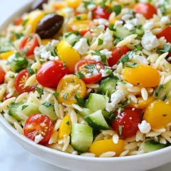 - 1 cup orzo pasta - 2 cups vegetable broth (or water) - 1 cup cherry tomatoes, halved - 1 cucumber, diced - 1 bell pepper, diced (red or yellow) - 1/2 red onion, finely chopped - 1 cup feta cheese, crumbled - 1/4 cup Kalamata olives, pitted and sliced - 1/4 cup fresh parsley, chopped - Juice of 1 lemon - 3 tablespoons olive oil - 1 teaspoon dried oregano - Salt and pepper to taste Each ingredient plays a key part in this dish. The orzo pasta adds a nice base. It gives a satisfying bite and absorbs the flavors well. The vegetable broth enhances the orzo's taste. Using broth adds depth that plain water cannot match. Cherry tomatoes provide a burst of sweetness and color. Their juiciness brightens the salad. Cucumbers add a crisp texture. They bring a refreshing crunch. Bell peppers contribute sweetness and a pop of color. Red onion offers a sharp bite that balances the flavors. Feta cheese adds creaminess and tang. Its salty flavor elevates the dish. Kalamata olives bring a briny note. They add richness and complexity. Fresh parsley gives a burst of color and a mild herb taste. The lemon juice adds acidity, which brightens all the flavors. Olive oil rounds out the dish with richness. Oregano adds an earthy flavor, tying everything together. When shopping, look for plump cherry tomatoes. They should be firm and brightly colored. Choose cucumbers that feel crisp and smooth. A good cucumber should have no soft spots. Pick bell peppers that are shiny and firm. They should feel heavy for their size. For red onions, select ones that feel solid and have no soft spots. Fresh parsley should look vibrant and green. Avoid any that are wilted or yellowing. Feta cheese should be crumbly and moist. If you can, buy it from the deli. Fresh olives should be pitted and look shiny. For olive oil, choose a high-quality extra virgin variety for the best flavor. {{ingredient_image_1}} Start by boiling two cups of vegetable broth or water in a medium saucepan. Once it boils, add one cup of orzo pasta. Cook according to the package, usually about eight to ten minutes. When the orzo is al dente, drain it in a colander. Rinse it under cold water to stop the cooking. This step keeps the orzo from getting mushy. Grab a large mixing bowl for the next step. In this bowl, add one cup of halved cherry tomatoes, one diced cucumber, and one diced bell pepper. You can use red or yellow bell pepper; both taste great. Next, finely chop half a red onion and toss it in. These fresh veggies add color and crunch to your salad. Now, it's time to mix everything. Add the cooked orzo to the bowl with your veggies. Sprinkle in one cup of crumbled feta cheese and a quarter cup of sliced Kalamata olives. These ingredients bring a salty and creamy flavor. Drizzle the salad with the juice of one lemon and three tablespoons of olive oil. Add one teaspoon of dried oregano, along with salt and pepper to taste. Gently toss everything together. Make sure the flavors blend well. Cover the salad and chill it in the fridge for at least 30 minutes. This wait lets the flavors meld and enhances the taste. To cook orzo perfectly, start with a pot of boiling vegetable broth or water. Use 1 cup of orzo for every 2 cups of liquid. Cook for 8 to 10 minutes. Stir occasionally to prevent sticking. Test the orzo for doneness; it should be firm but not hard. Once done, drain the orzo and rinse it under cold water. This stops the cooking and helps keep it from becoming mushy. Fresh herbs make a big difference in flavor. Use parsley for a fresh taste. Dried oregano adds a classic Greek note. Lemon juice brightens the salad and balances the richness of feta. Don’t forget salt and pepper; they bring out the flavors of all the ingredients. Experiment with spices like garlic powder or red pepper flakes for an extra kick. Serve the Greek Orzo Salad in a big bowl or on individual plates. Garnish with extra parsley and lemon wedges for color and freshness. This salad pairs well with grilled chicken or fish for a complete meal. You can also serve it as a side dish at parties. Make it a day ahead for best flavor; the tastes blend nicely when chilled. Pro Tips Cook Orzo Perfectly: To achieve the perfect texture, make sure to cook the orzo until al dente, as it will continue to absorb flavors and moisture while chilling. Fresh Ingredients Matter: Use fresh, high-quality vegetables and herbs for the best flavor. This salad shines with vibrant, seasonal produce. Customize Your Salad: Feel free to add other ingredients like artichoke hearts, red pepper flakes, or grilled chicken to make the salad your own. Chill for Flavor: Allowing the salad to chill for at least 30 minutes enhances the flavors as they meld together, making every bite delicious. {{image_2}} You can boost Greek Orzo Salad with protein. Cooked chicken adds a hearty touch. Grilled shrimp gives a nice seafood flair. For a plant-based option, add chickpeas. They are tasty and full of fiber. Simply mix in your choice after adding the orzo. This keeps the salad filling and satisfying. If you want a veggie twist, try roasted vegetables. Zucchini or eggplant works well. You can also use artichoke hearts for a tangy flavor. These add depth to the salad without meat. Sun-dried tomatoes bring a sweet and savory taste. Mix them in for extra zest. While lemon and olive oil is classic, don't be shy to experiment. A balsamic vinaigrette brings sweetness and depth. You could also try a yogurt dressing for creaminess. For a spicy kick, add some hot sauce to your dressing. This keeps the salad fresh and exciting every time! To keep your Greek Orzo Salad fresh, store it in an airtight container. This helps prevent the salad from drying out or absorbing other odors in your fridge. Make sure to let it cool before sealing it. If you have extra lemon juice or olive oil, consider adding a splash before storage. This adds moisture back to the salad when you eat it later. Greek Orzo Salad stays fresh in the fridge for about 3 to 5 days. After that, the veggies may lose their crunch, and the flavors can fade. Always check for any signs of spoilage before eating. If it looks or smells off, it's best to toss it out. Freezing Greek Orzo Salad is not the best option. The orzo and veggies may become mushy when thawed. If you still want to freeze it, separate the salad into portions. Leave out the feta cheese and olives, as these do not freeze well. When you’re ready to eat, thaw in the fridge overnight and add fresh feta and olives just before serving. Yes, you can make Greek Orzo Salad ahead of time. In fact, making it a few hours early helps the flavors blend. After mixing all the ingredients, cover the salad and chill it. It stays fresh in the fridge for up to three days. Just give it a quick stir before serving. This makes it a great option for meal prep or gatherings. If you need a feta cheese substitute, try using goat cheese or ricotta. Both give a creamy texture and fresh taste. You can also use vegan feta if you want a dairy-free option. Crumbled tofu mixed with some lemon juice works well too. Each substitute brings its own flavor, so choose one that fits your taste. No, orzo is not gluten-free. It is made from wheat and contains gluten. If you need a gluten-free option, look for rice or corn-based orzo. These alternatives give a similar shape and texture, making them great for salads. Always check the labels to ensure your choice is safe for your diet. Greek Orzo Salad holds fresh flavors and nutrition. We’ve detailed each ingredient's role, ensuring every bite counts. I shared tips to pick the freshest produce and how to cook orzo just right. You can even add proteins for extra taste. Remember, storage practices help keep your salad fresh longer. Enjoying this dish brings joy to your meal. I encourage you to try the variations and make it your own. Trust me, this salad will shine at any table.