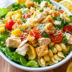 - 2 cups rotini pasta - 1 cup cooked chicken breast, diced - 1 cup romaine lettuce, chopped - 1/2 cup cherry tomatoes, halved - 1/4 cup parmesan cheese, grated - 1/4 cup Caesar dressing (store-bought or homemade) - 1/4 cup croutons (store-bought or homemade) - 1 tablespoon fresh parsley, chopped - Freshly ground black pepper to taste - Optional: Lemon wedges for serving To make a great Chicken Caesar Pasta Salad, you need fresh ingredients. Start with rotini pasta. This pasta shape holds onto the dressing well. Next, use cooked chicken breast. I recommend diced chicken for easy bites. For crunch, chop up romaine lettuce. Cherry tomatoes add a splash of color and sweetness. Grated parmesan cheese gives a nice salty kick. Caesar dressing brings it all together, and croutons add a delightful crunch. Finally, fresh parsley brightens the dish, and black pepper adds a hint of spice. - Additional proteins (like bacon or shrimp) - Different vegetables (like bell peppers or cucumbers) - Homemade dressing variations (like yogurt-based or lemon vinaigrette) You can customize your salad with optional ingredients. For extra protein, add crispy bacon or shrimp. Try different vegetables like bell peppers or cucumbers for more crunch. If you want a twist, make a homemade dressing. A yogurt-based dressing is lighter and creamy, while a lemon vinaigrette adds zing. {{ingredient_image_1}} To cook rotini pasta, boil water in a large pot. Add a pinch of salt to the water. Once it boils, add the pasta. Cook it for about 8-10 minutes until it’s tender. Stir the pasta occasionally to keep it from sticking. After cooking, drain the pasta in a colander. Rinsing the pasta under cold water is key. This step cools it down and stops the cooking process. Timing is essential; check for doneness a minute or two before the package time ends. Perfectly cooked pasta makes your salad great. Now it’s time to combine the ingredients. In a large mixing bowl, add the cooled pasta, diced chicken, chopped romaine lettuce, halved cherry tomatoes, and grated parmesan cheese. Pour the Caesar dressing over the mixture. Use a spatula to gently toss everything together. Be careful not to crush the lettuce. For even distribution, mix in a circular motion. Make sure every bite has a bit of everything in it. Next, add the croutons on top of the salad. Toss them in lightly to keep them whole. This adds a nice crunch. Season with freshly ground black pepper to taste. Sprinkle the chopped parsley for a pop of color. If you like, serve with lemon wedges on the side. A squeeze of lemon can brighten the flavors. For serving, use a large bowl or individual jars for fun. Enjoy! - Choosing the right pasta: I love rotini for this salad. Its shape holds the dressing well, adding flavor to every bite. You can also try farfalle or penne if you prefer. - Cooking chicken efficiently: Use pre-cooked chicken if you're short on time. If cooking fresh, grill or pan-sear it for a juicy result. Make sure to let it rest before dicing. - Enhancing flavor with seasoning: Don’t skip the salt and pepper! Season the chicken while cooking. Also, add a bit of lemon juice to brighten the flavors. - Serving ideas: You can serve this salad in a large bowl for sharing. For a fun twist, use individual bowls or mason jars for a grab-and-go option. - Idea for garnishes: Top with extra parmesan and fresh parsley. A few lemon wedges on the side add a nice touch. - Tips for photo-worthy plating: Layer the ingredients for a colorful look. Arrange the salad neatly and sprinkle parsley right before serving for freshness. - Store-bought vs. homemade dressing: Store-bought Caesar dressing saves time. But homemade adds a special touch. You can mix mayo, garlic, lemon juice, and anchovies for a quick version. - How to customize the dressing: Adjust the garlic or lemon to suit your taste. Add a splash of Worcestershire sauce for depth. - Suggestions for balancing flavors: If the dressing is too rich, add yogurt or a bit of sour cream. This helps lighten the dish while keeping it creamy. Pro Tips Cook Pasta Al Dente: Cooking the rotini pasta al dente will ensure it retains a slight firmness, preventing it from becoming mushy when mixed with the dressing and other ingredients. Chill Before Serving: For optimal flavor, let the salad chill in the refrigerator for at least 30 minutes before serving. This allows the flavors to meld together beautifully. Customize Your Greens: Feel free to mix in other greens such as spinach or arugula for added texture and nutritional benefits, giving your salad a unique twist. Add Texture with Nuts: Consider adding toasted pine nuts or walnuts to your salad for a delightful crunch that complements the creamy Caesar dressing. {{image_2}} You can change the protein in your Chicken Caesar Pasta Salad for variety. Here are some great options: - Different types of cooked chicken: You can use grilled, roasted, or smoked chicken. Each adds a unique flavor. - Vegetarian options: Try using tofu or chickpeas. These add protein without meat and are very tasty. - Adding bacon or shrimp: For a twist, add crispy bacon or cooked shrimp. Both enhance the salad’s flavor and texture. You can also change up the salad itself. Here are some ideas: - Mediterranean twist with olives and feta: Add black or green olives and crumbled feta cheese for a fresh taste. - Adding avocado for creaminess: Diced avocado makes the salad creamy and delicious. It's a great way to boost healthy fats. - Alternative green choices: Instead of romaine, use spinach or kale. Each green adds its own touch and nutrition. The dressing can change the salad's mood. Here are some fun ideas: - Creamy avocado dressing: Blend ripe avocado with yogurt, garlic, and lime juice. This gives a rich, creamy flavor. - Lemon vinaigrette option: Mix lemon juice, olive oil, and a pinch of salt. This adds a bright, zesty kick. - Spicy variations: For a kick, add some hot sauce or red pepper flakes to your dressing. Spice it up to match your taste! To keep your Chicken Caesar Pasta Salad fresh, use airtight containers. Glass or plastic containers work well. Store the salad in the fridge. It stays good for up to three days. After that, the ingredients may lose their crunch and flavor. Reheating is not recommended for this salad. The pasta and veggies do not hold up well to heat. If you want to enjoy it warm, try adding it to a pan briefly. Heat it on low and just warm it through. This way, you maintain the crispness of the lettuce. You can prep some ingredients in advance. Cook and cool the rotini pasta a day before. Chop the chicken and veggies, too. Keep them in separate containers to stay fresh. Mix everything together just before serving. This helps keep the flavors bright and the textures perfect. Aim to assemble the salad within one day of prepping. Yes, you can use leftover chicken. It saves time and adds flavor. Make sure the chicken is cooked, cooled, and diced. Shredded chicken also works well. Check for any strong smells or unusual colors before using. If it smells fresh, it’s good to go! Chicken Caesar Pasta Salad stays fresh for about three days in the fridge. Store it in an airtight container to keep it crisp. If the salad looks dry, add a bit more dressing. Check for wilted lettuce or off smells before eating. Absolutely! You can make this salad a day ahead. Just store it in the fridge without the croutons. Add them right before serving for crunch. To keep the flavors fresh, mix in the dressing just before you eat. This keeps the salad bright and tasty! This article showed you how to create a tasty Chicken Caesar Pasta Salad. We discussed key ingredients like chicken, pasta, and dressing. You learned how to cook rotini pasta and assemble the salad for the best flavor. We also shared tips for serving and storing your salad. In the end, enjoy customizing this dish. Use different proteins and dressings to match your taste. This salad is not just a meal; it's fun and adaptable for any occasion. So, get cooking and create your own version!
