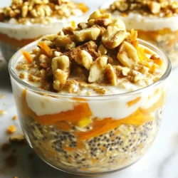 To make Vegan Carrot Cake Overnight Oats, gather these simple ingredients: - 1 cup rolled oats - 1 ½ cups unsweetened almond milk (or any plant-based milk) - 1 medium carrot, grated - 2 tablespoons chia seeds - 2 tablespoons maple syrup (adjust to taste) - 1 teaspoon vanilla extract - ½ teaspoon ground cinnamon - ¼ teaspoon ground nutmeg - ¼ cup raisins or sultanas - ¼ cup chopped walnuts or pecans (optional) - A pinch of salt You can swap some ingredients based on what you have at home. Here are a few ideas: - Use any plant-based milk, like oat or soy milk, instead of almond milk. - If you don’t have chia seeds, flax seeds work well too. - Maple syrup can be replaced with agave nectar or another sweetener of your choice. - For nuts, try sunflower seeds or omit them altogether if you prefer. Each serving of these oats is packed with nutrients. Here’s a quick look at the benefits: - Calories: Approximately 250 - Protein: 8 grams - Fiber: 7 grams - Fat: 9 grams (with nuts included) - Carbohydrates: 40 grams These oats are a great source of energy, fiber, and healthy fats. They can keep you full and satisfied all morning! {{ingredient_image_1}} Start with a large mixing bowl. Measure one cup of rolled oats and pour them in. Next, add one and a half cups of unsweetened almond milk. You can use any plant-based milk you like. Grate one medium carrot and add it to the bowl. This gives the oats a nice texture and flavor. Then, toss in two tablespoons of chia seeds. These seeds help thicken the oats and add fiber. Pour in two tablespoons of maple syrup next. You can adjust this if you want it sweeter. Finally, add one teaspoon of vanilla extract for a lovely aroma. Now it's time to mix! Add half a teaspoon of ground cinnamon and a quarter teaspoon of ground nutmeg. The spices make your oats taste like carrot cake. Don't forget a pinch of salt to enhance all the flavors. Stir everything well until the oats are fully combined. After that, fold in a quarter cup of raisins or sultanas. They add sweetness and chewiness. If you like nuts, add a quarter cup of chopped walnuts or pecans. Save some nuts for topping later. Mixing these makes the dish even more delightful. Cover the bowl with plastic wrap or a lid. Place it in the fridge overnight. This time allows the oats to soak and flavors to blend beautifully. In the morning, take the bowl out and stir the mixture. If it looks too thick, add a splash more almond milk. Serve the oats in bowls or jars. Top with the reserved nuts and a sprinkle of cinnamon. You can also drizzle a bit of maple syrup for extra sweetness. Enjoy your tasty vegan carrot cake overnight oats! To get the right texture, use rolled oats. They soak up liquid well. I recommend using 1 ½ cups of almond milk for a creamy mix. If you like a thicker texture, add more oats or chia seeds. On the other hand, if it feels too thick in the morning, just splash in some more almond milk. Stir it well to mix everything. Store your overnight oats in airtight containers. Use glass jars for easy viewing and a nice look. Keep them in the fridge for up to 5 days. If you plan to make a few servings, divide them into single portions. This way, you can grab one and go each morning. Serve your oats in fun ways to keep things exciting. Top them with fresh fruit like bananas or berries. You can also add a drizzle of extra maple syrup or a sprinkle of cinnamon. For a crunchy twist, add more nuts or seeds on top. Feel free to experiment with flavors and toppings to find your favorite! Pro Tips Adjust Sweetness: Feel free to modify the amount of maple syrup based on your personal taste preferences. Start with less and add more if desired. Chill for Flavor: Allowing the mixture to sit overnight not only softens the oats but also enhances the flavor as the ingredients meld together. Nut Variations: Experiment with different nuts such as almonds, hazelnuts, or even seeds like pumpkin or sunflower for added texture and flavor. Extra Creaminess: For a creamier texture, blend a portion of the oats and almond milk together before mixing it with the other ingredients. {{image_2}} You can change the taste of your vegan carrot cake overnight oats. Try adding fresh ginger for a spicy kick. A bit of orange zest can bring a bright, citrusy flavor. You can also use different spices. Swap nutmeg for cloves or add a dash of allspice. These small changes can make your oats feel new each time. Adding different ingredients can make your overnight oats more exciting. You might like to add shredded coconut for a tropical touch. If you want more texture, toss in some chopped apples. You can also mix in seeds like sunflower or pumpkin for extra crunch. These add-ins not only taste great but also boost nutrition. Maple syrup is sweet, but other options work well too. You can use agave nectar for a milder taste. If you like a richer flavor, try brown sugar or coconut sugar. For a low-calorie option, consider stevia or monk fruit sweetener. Experiment with these to find your perfect level of sweetness! To keep your Vegan Carrot Cake Overnight Oats fresh, use an airtight container. This helps seal in all the tasty flavors. You can use mason jars or any glass containers. Make sure to cover them well before putting them in the fridge. These oats stay good in the fridge for about 3 to 5 days. The oats absorb the liquid, so they get thicker over time. If they seem too thick, just add a splash of almond milk. Always check for any off smells before eating. If it smells bad, throw it away. You can freeze these overnight oats for up to 3 months. To do this, pour the mixture into freezer-safe containers. Leave some space at the top, as the oats will expand when frozen. When you’re ready to eat, thaw them in the fridge overnight. You can also heat them up in the microwave after thawing. Yes, you can use regular milk. It will change the taste slightly. Almond milk gives a nutty flavor. Other plant-based milks also work well. Coconut milk adds a creamy touch, while soy milk is thicker. Each type offers a unique taste. Just pick one you enjoy! Overnight oats can last up to five days in the fridge. Store them in a sealed container. This keeps them fresh and tasty. The oats may thicken over time. If they do, just stir in a bit of extra milk to loosen them up. Yes! You can prepare several jars at once. Just follow the recipe and portion them out. This way, you have a quick breakfast ready each day. Grab a jar, and you are good to go! This blog post covered the essential ingredients and methods for making overnight oats. You learned about substitutes and nutritional facts. We discussed easy steps for preparation, mixing, and serving. Tips ensured your oats have perfect consistency and fresh taste. You also discovered variations with different flavors and add-ins. Finally, storage tips kept your oats fresh and delicious. Overnight oats are fun and versatile. You can make them your own. Happy cooking!