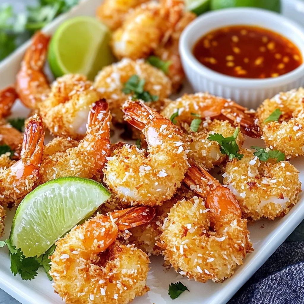 To make the air fryer coconut shrimp, gather these items: - 1 pound large shrimp, peeled and deveined - 1/2 cup all-purpose flour - 2 large eggs, beaten - 1 cup shredded coconut (sweetened or unsweetened) - 1/2 cup panko breadcrumbs - 1 teaspoon garlic powder - 1 teaspoon paprika - Salt and pepper to taste - Cooking spray You can boost the flavor of your coconut shrimp with a few extras: - A squeeze of fresh lime juice adds a zesty kick. - Adding a dash of cayenne pepper gives a nice heat. - Consider using coconut milk for soaking the shrimp before coating. - Fresh herbs, like cilantro or parsley, add color and taste. Choosing the right shrimp is key to great coconut shrimp. Here are my tips: - Look for large or jumbo shrimp; they hold the coating well. - Fresh shrimp should smell like the ocean, not fishy. - If you buy frozen shrimp, ensure they are peeled and deveined. - Check for wild-caught options; they often taste better. - Pay attention to size; uniform pieces cook evenly. With these ingredients and tips, your coconut shrimp will be a hit! {{ingredient_image_1}} Start by preheating your air fryer to 400°F (200°C). This step is key for crispy shrimp. While the air fryer heats, prepare your three shallow bowls. In the first bowl, mix 1/2 cup of all-purpose flour with salt, pepper, 1 teaspoon of garlic powder, and 1 teaspoon of paprika. This mix gives the shrimp extra flavor. Now it's time to coat the shrimp. Take each shrimp and dip it into the flour mixture. Make sure it is fully coated, then shake off any extra flour. This step helps the egg stick better. Next, dip the floured shrimp into the beaten eggs. Let any excess egg drip off. Lastly, roll the shrimp in the coconut and panko mixture. Press gently to make sure the coating sticks well. This creates that crunchy outer layer we love. Place the coated shrimp in a single layer in the air fryer basket. Make sure they are not touching. Lightly spray the shrimp with cooking spray. This helps them crisp up nicely. Air fry the shrimp for 8 to 10 minutes. Flip them halfway through for even cooking. They are done when golden brown and cooked through. Once finished, let them rest for a minute before serving. Enjoy your crispy and flavorful coconut shrimp! To get the best crispiness, use fresh shrimp. The coating needs to stick well. After coating, spray the shrimp lightly with cooking spray. This helps them brown nicely in the air fryer. Make sure to place shrimp in a single layer. Avoid overcrowding the basket; this allows hot air to move freely. Flip the shrimp halfway through cooking for even crispiness. One big mistake is skipping the coating steps. Each step builds flavor and texture. If you rush, the coating may not stick. Another mistake is not preheating the air fryer. Preheating creates a hot environment for perfect cooking. Lastly, don’t skip the cooking spray. It’s vital for achieving that golden brown finish. Serve your coconut shrimp on a lovely platter. Add lime wedges for a fresh burst of flavor. Sweet chili sauce is a great dipping option. You can also sprinkle fresh cilantro on top for color. For a full meal, pair the shrimp with a light salad or rice. This makes for a tasty, balanced dish. Pro Tips Freshness Matters: Always use fresh shrimp for the best flavor and texture. If using frozen shrimp, make sure to thaw them completely and pat them dry before cooking. Adjust the Coating: Feel free to customize the coating by adding spices like cayenne pepper for heat or using different types of breadcrumbs for varied texture. Cooking Spray is Key: A light spray of cooking oil helps achieve that golden, crispy exterior. Don't skip this step for optimal crunch! Serve Hot: Coconut shrimp are best enjoyed fresh out of the air fryer while they're still warm and crispy. Pair with a zesty dipping sauce for added flavor. {{image_2}} You can easily make coconut shrimp gluten-free. Swap the all-purpose flour for a gluten-free blend. Rice flour works well too. Use gluten-free panko breadcrumbs for the coating. This way, you get the same crunch without the gluten. If you love heat, try adding spices to the mix. Add cayenne pepper to the flour for a kick. You can also mix in some hot sauce to the eggs. This gives your shrimp a spicy twist that pairs perfectly with the coconut. Feel free to get creative with your coatings. Try crushed cornflakes instead of panko for extra crunch. You can also mix in nuts like almonds or pecans for a unique flavor. Another option is to use flavored breadcrumbs. The possibilities are endless, and each variation brings a new taste. To keep your leftover coconut shrimp fresh, place them in an airtight container. You can store them in the fridge for up to three days. Make sure they cool down before sealing the container. This helps to avoid moisture buildup, which can make them soggy. For the best taste, reheat the shrimp in the air fryer. Set it to 350°F (175°C). Heat for about 5 minutes. This method keeps them crispy and warm. You can also use an oven. Preheat it to 350°F (175°C) and bake for 10 minutes. If you use a microwave, be aware that they may not stay crispy. If you want to store coconut shrimp for longer, freezing is a good option. Place the shrimp in a single layer on a baking sheet. Freeze them for about an hour until firm. After that, transfer them to a freezer bag. They can last for up to three months in the freezer. When you're ready to eat, thaw them in the fridge overnight before reheating. I recommend using large shrimp for this recipe. Large shrimp hold up well during cooking. They also offer a nice bite and flavor. Look for shrimp that are fresh, firm, and have a sweet smell. If you can, buy wild-caught shrimp. They often taste better than farmed shrimp. Yes, you can use frozen shrimp. Just make sure to thaw them first. Place them in the fridge overnight or run them under cold water. After thawing, pat them dry with a paper towel. This step helps the coating stick better. To keep your shrimp crispy while reheating, use an air fryer. Preheat it to 375°F (190°C), then air fry the shrimp for 3-5 minutes. This method helps restore the crunch. Avoid using a microwave, as it can make them soggy. Coconut shrimp taste great with a few different sauces. Sweet chili sauce is a top choice for its sweet and spicy kick. You can also try a tangy lime dipping sauce or a creamy cilantro sauce. These add extra flavor and make the dish even more enjoyable. This guide walks you through making delicious coconut shrimp. We covered ingredients, tips for flavor, and cooking steps. You learned how to achieve crispiness and avoid common mistakes. Plus, we shared variations like gluten-free and spicy recipes. Lastly, we discussed storage and reheating for freshness. Embrace these tips and enjoy your coconut shrimp. They can be a hit at any meal!
