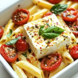 - 200g (7 oz) feta cheese - 300g (10.5 oz) penne pasta - 2 cups cherry tomatoes, halved - 1/4 cup olive oil - 4 cloves garlic, minced - 1 teaspoon dried oregano - 1/2 teaspoon red pepper flakes (adjust to taste) - Salt and pepper to taste - Fresh basil leaves for garnish - Grated Parmesan cheese for serving These ingredients create a simple yet delicious dish. The feta cheese adds creaminess. The cherry tomatoes burst with flavor after baking. Olive oil and garlic bring richness and depth. You can add a few optional ingredients to enhance the taste. Try adding: - Spinach for a boost of greens - Kalamata olives for a salty kick - Lemon zest for brightness - Pine nuts for crunch These additions can change the dish's flavor profile. Feel free to mix and match based on your taste. Baked Feta Pasta is not just tasty; it's also filling. Here’s a simple breakdown of the nutrition per serving: - Calories: Roughly 400 - Protein: 15g - Carbohydrates: 50g - Fat: 18g - Fiber: 3g This dish provides a good balance of carbs and fats. It can be part of a healthy meal plan. Adjust portions based on your dietary needs. {{ingredient_image_1}} First, gather your ingredients. You will need feta cheese, penne pasta, cherry tomatoes, and some spices. This dish is simple yet packed with flavor. Preheat your oven to 400°F (200°C) to get started. In a large baking dish, add the halved cherry tomatoes. Next, mix in minced garlic, olive oil, dried oregano, and red pepper flakes. Toss everything well. This helps the tomatoes soak in all that flavor. Place the block of feta cheese in the center. Drizzle some olive oil on top of the feta for extra richness. Bake this in the oven for about 25 minutes. The feta will soften, and the tomatoes will burst. While the feta and tomatoes bake, bring a pot of salted water to a boil. Add the penne pasta and cook it until it is al dente. This usually takes about 8 to 10 minutes, but check the package for exact times. Once cooked, drain the pasta and set it aside. When the feta and tomatoes are done, take them out of the oven. Use a fork to mash the feta and tomatoes together. This creates a creamy sauce. Add the cooked pasta to the dish and toss everything together. Make sure the pasta is well coated. Adjust the seasoning with more salt and pepper if desired. Serve warm with fresh basil and grated Parmesan on top. Enjoy your creamy baked feta pasta! To get a creamy sauce, start with high-quality feta cheese. Use a block of feta instead of crumbled. Block feta melts better and gives a smoother texture. When you mash the baked feta and tomatoes together, be gentle. This helps blend the flavors without losing the creaminess. Adding a splash of pasta water can also help. The starchy water mixes well and makes the sauce even creamier. When baking feta, ensure the oven is hot. Preheat to 400°F (200°C) for best results. Place the feta in the center of the dish, surrounded by tomatoes. This allows the cheese to soak in all the flavors. Drizzle olive oil over the top to keep it moist. Bake until the feta is soft and the tomatoes burst. This creates a rich, flavorful base for your pasta. You can easily swap out some ingredients. If you don't have penne, use any pasta you love. Bowtie or rotini work well too. For garlic lovers, add more minced garlic for a stronger flavor. Don't have cherry tomatoes? You can use diced regular tomatoes instead. If you want a twist, try adding olives or capers for a Mediterranean touch. Pro Tips Use High-Quality Feta: Opt for a block of high-quality feta cheese to achieve the creamiest texture and best flavor when baked. Customize Your Veggies: Feel free to add other vegetables like bell peppers or zucchini to the baking dish for extra flavor and nutrition. Reserve Pasta Water: Save a cup of pasta cooking water before draining; you can use it to adjust the sauce's consistency if needed. Garnish for Flavor: Top the dish with toasted pine nuts or a drizzle of balsamic glaze for an added layer of flavor and texture. {{image_2}} For a touch of the Mediterranean, consider adding olives and artichokes. Kalamata olives bring a salty burst. Artichokes add a nice texture. You can also include roasted red peppers for sweetness. These extras enhance the flavor and make your dish more colorful. Penne is great, but you can use other pasta types. Fusilli or farfalle work well, too. If you want a lighter option, try zucchini noodles or spaghetti squash. These choices keep the dish fresh and fun. You can even use whole wheat pasta for added fiber. To make this dish vegetarian, simply skip the cheese or replace it with a plant-based feta. Cashew cheese is a tasty alternative. If you're vegan, use nutritional yeast for a cheesy flavor. Adding more vegetables, like spinach or bell peppers, boosts nutrition and flavor. You can adjust the spices to keep the dish exciting. To store your baked feta pasta, let it cool down first. Use an airtight container. This helps keep the dish fresh. You can store it in the fridge for up to four days. If you want to keep it longer, consider freezing it. Use a freezer-safe container and make sure to label it. When you are ready to eat, reheat the pasta gently. Use a microwave-safe bowl and cover it with a damp paper towel. Heat in short intervals, stirring in between. You can also reheat it on the stove. Add a splash of water or olive oil to keep it moist. Stir until it is warmed through. Baked feta pasta lasts about four days in the fridge. If you freeze it, it can last up to three months. However, the texture may change after freezing. For best flavor and texture, eat it within a month of freezing. Always check for any signs of spoilage before eating. Baked feta pasta is a creamy dish made with feta cheese and pasta. You bake feta with cherry tomatoes, garlic, and spices. Once baked, it turns into a rich sauce. You mix this with cooked pasta for a delicious meal. Yes, you can prepare Baked Feta Pasta ahead of time. Cook the pasta and bake the feta and tomatoes. Let them cool and store them in the fridge. When ready to eat, warm it up in the oven. Baked feta pasta can be a healthy choice. It includes tomatoes, which are rich in vitamins. Feta cheese provides protein and calcium. You can adjust oil and cheese to make it lighter. You can use other cheeses if you prefer. Goat cheese or cream cheese work well. They will change the flavor but still create a creamy dish. To make Baked Feta Pasta gluten-free, use gluten-free pasta. Many types are available, like rice or corn-based pasta. Follow the same steps in the recipe for a tasty dish. Baked Feta Pasta is easy to make and full of flavor. We covered key ingredients and optional ones for extra taste. Step-by-step, I showed you how to bake feta, cook pasta, and achieve a creamy sauce. You learned about storage, reheating, and even variations like vegetarian options. Now, you can try this dish any way you like. Enjoy creating your own version of this tasty meal!