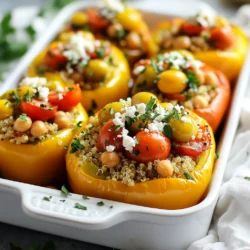 To make Mediterranean stuffed peppers, gather these simple ingredients: - 4 large bell peppers (any color) - 1 cup quinoa, rinsed - 2 cups vegetable broth - 1 can (15 oz) chickpeas, drained and rinsed - 1 cup cherry tomatoes, halved - 1/2 cup Kalamata olives, sliced - 1/2 cup feta cheese, crumbled - 1/4 cup fresh parsley, chopped - 2 tablespoons olive oil - 1 teaspoon dried oregano - 1 teaspoon garlic powder - Salt and pepper to taste You can easily swap some ingredients if needed: - Use brown rice instead of quinoa for a different grain. - Any beans can replace chickpeas, like black beans or kidney beans. - Try using sun-dried tomatoes if you don’t have fresh ones. - Use goat cheese instead of feta for a creamier taste. - Fresh basil or mint can replace parsley for a unique twist. Each ingredient brings unique benefits to this dish: - Quinoa is high in protein and fiber, making it filling. - Chickpeas add plant-based protein and are rich in vitamins. - Bell peppers are packed with vitamins A and C, enhancing your health. - Olives offer healthy fats and a rich flavor that ties everything together. - Feta cheese adds calcium and a creamy texture to the filling. These ingredients not only taste great but also provide nutrition that fuels your day. {{ingredient_image_1}} Start by preheating your oven to 375°F (190°C). While the oven warms, take your bell peppers and slice off the tops. Remove the seeds and ribs from inside. Make sure to keep the tops; you can use them later if you like! Place the bell peppers upright in a baking dish. This helps them hold their shape. In a medium saucepan, pour in 2 cups of vegetable broth and bring it to a boil. Add 1 cup of rinsed quinoa to the boiling broth. Cover the pot and turn down the heat to simmer. Cook the quinoa for 15 to 20 minutes until fluffy. Once cooked, transfer the quinoa to a large bowl. Now, mix in the filling ingredients. Add the drained chickpeas, halved cherry tomatoes, sliced Kalamata olives, and crumbled feta cheese. Toss in the chopped parsley, olive oil, oregano, garlic powder, and a pinch of salt and pepper. Stir everything until well combined. Take your bell peppers and stuff them with the quinoa mixture. Press down gently to pack the filling. This keeps the filling from falling out during cooking. Drizzle a little olive oil over the tops for added flavor. Cover the baking dish with aluminum foil. Bake the stuffed peppers in the preheated oven for 30 minutes. After 30 minutes, remove the foil and continue to bake for another 10 to 15 minutes. This will help the peppers get tender and slightly charred. Once done, take them out of the oven. Let them cool for a few minutes before serving. Enjoy your colorful and tasty Mediterranean stuffed peppers! To get tender peppers, start with fresh ones. Look for peppers that feel firm and heavy. When you bake them, cover the dish with foil for the first part of cooking. This keeps steam in. After 30 minutes, take off the foil. Bake them a bit longer to get a nice char. You want them soft but not mushy. To boost flavors, use good quality olive oil. Drizzle it on top before baking. You can also add spices like cumin or smoked paprika for a warm taste. Fresh herbs like basil or mint give a nice touch too. Try adding lemon zest for a bright flavor. Mix different cheeses, like goat cheese or mozzarella, for a twist. A big mistake is overcooking the quinoa. It should be fluffy, not mushy. Also, don’t skip the seasoning. Salt and pepper are key to bring out flavors. Be careful not to pack the filling too tight in the peppers. They need space to cook evenly. Lastly, remember to let them cool a bit before serving. Hot filling can burn your mouth! Pro Tips Choose Vibrant Peppers: Select bell peppers in various colors to create a visually appealing dish that enhances the Mediterranean theme. Quinoa Cooking Tip: Rinse quinoa thoroughly before cooking to remove its natural bitterness and achieve a fluffier texture. Customization Option: Feel free to add other Mediterranean ingredients, such as artichokes or spinach, to enhance the flavor and nutrition of your stuffing. Serving Suggestion: Serve with a side of tzatziki or a simple Greek salad for a complete and refreshing meal. {{image_2}} You can easily make this dish vegetarian or vegan. To go vegetarian, just skip the feta cheese or use a dairy-free alternative. If you want it vegan, the chickpeas and quinoa already fit the bill. Use vegan cheese, or simply add more veggies to enhance flavor. You can mix in spinach, zucchini, or mushrooms for a more filling meal. This way, you keep the same great taste while meeting your dietary needs. Feel free to customize your stuffed peppers! Here are some ideas to swap or add: - Swap quinoa for brown rice or couscous for a different texture. - Add black beans or lentils for extra protein. - Toss in some corn for sweetness and crunch. - Instead of cherry tomatoes, use sun-dried tomatoes for a rich flavor. - Try different olives, like green olives, for a new twist. These changes can take your stuffed peppers to a whole new level! You can stuff peppers with many different fillings. Consider these options: - Mediterranean Rice: Use rice with herbs, nuts, and raisins for a sweet and savory taste. - Meat Lover’s Mix: Ground beef or turkey adds a hearty touch. Cook it with onions and spices for more flavor. - Pasta Mix: Cook small pasta shapes, mix with marinara, and cheese for a fun twist. - Seafood Blend: Shrimp or crab meat can give your dish a fresh ocean flavor. Experimenting with different stuffings allows you to explore new flavors and textures! To keep your Mediterranean stuffed peppers fresh, let them cool first. Place them in an airtight container. Store them in the fridge if you plan to eat them within three days. If you have extra peppers, put them in the freezer for later. Use parchment paper to separate layers. This keeps them from sticking together. Reheating these stuffed peppers is simple. You can use the oven or microwave. For the oven, preheat it to 350°F (175°C). Place the peppers in a baking dish and cover with foil. Heat for about 20 minutes or until warm. If using a microwave, place one pepper on a plate. Heat for 2-3 minutes, checking often. Freezing is a great option for extra stuffed peppers. After cooling, wrap each pepper tightly in plastic wrap. Then, place them in a freezer bag. Squeeze out as much air as possible. You can freeze them for up to three months. When ready to eat, thaw them in the fridge overnight before reheating. Yes, you can use many types of peppers. Bell peppers are popular because they have a sweet taste. You can also try poblano, Anaheim, or even jalapeño peppers. Each type gives a different flavor and spice level. Just pick peppers that are sturdy and can hold the filling well. You will know your stuffed peppers are done when they are soft. The edges should look slightly charred. You can poke them gently with a fork. If they feel tender, they are ready. The filling should also be hot throughout. I usually bake them for 30 minutes, then check for doneness. Many side dishes can enhance your meal. Here are some great options: - A fresh Greek salad with cucumbers and olives - Creamy tzatziki sauce for dipping - Roasted vegetables like zucchini or eggplant - A side of warm pita bread These sides complement the flavors of the stuffed peppers nicely and add variety to your meal. We explored the tasty world of stuffed peppers. First, we discussed key ingredients, including their benefits and possible swaps. Next, the step-by-step guide helped with preparation and cooking. I shared tips for perfect peppers, flavor boosts, and common errors to avoid. Variations offered ideas for different diets. Finally, we covered the best storage methods and answered common questions. Now, you can make great stuffed peppers that suit your taste. Enjoy experimenting with flavors and ingredients!