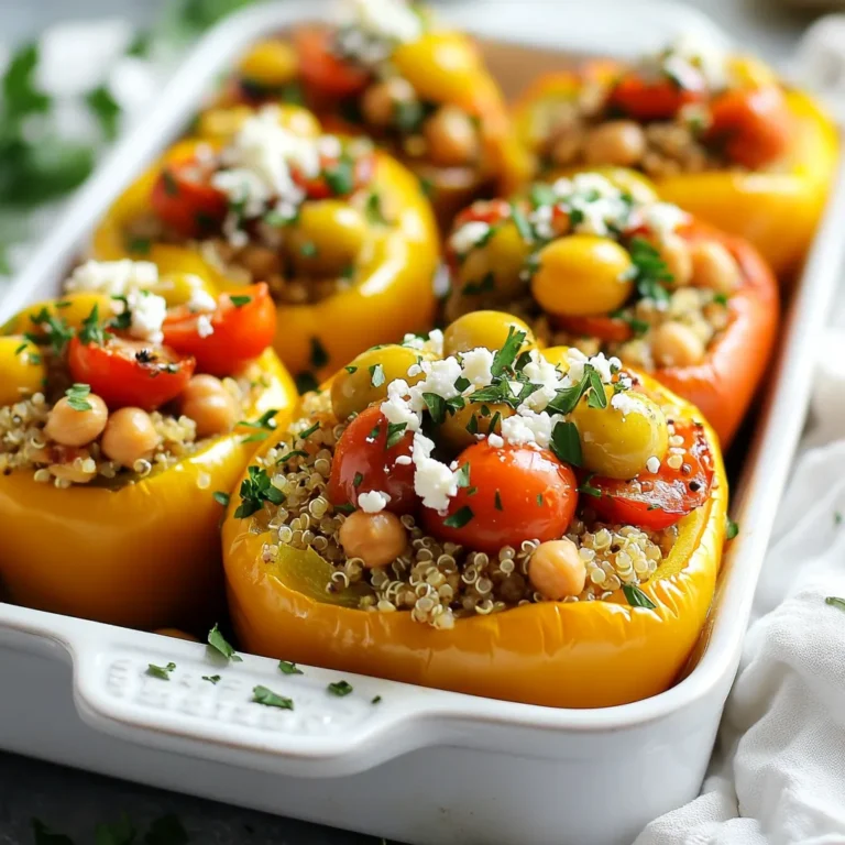To make Mediterranean stuffed peppers, gather these simple ingredients: - 4 large bell peppers (any color) - 1 cup quinoa, rinsed - 2 cups vegetable broth - 1 can (15 oz) chickpeas, drained and rinsed - 1 cup cherry tomatoes, halved - 1/2 cup Kalamata olives, sliced - 1/2 cup feta cheese, crumbled - 1/4 cup fresh parsley, chopped - 2 tablespoons olive oil - 1 teaspoon dried oregano - 1 teaspoon garlic powder - Salt and pepper to taste You can easily swap some ingredients if needed: - Use brown rice instead of quinoa for a different grain. - Any beans can replace chickpeas, like black beans or kidney beans. - Try using sun-dried tomatoes if you don’t have fresh ones. - Use goat cheese instead of feta for a creamier taste. - Fresh basil or mint can replace parsley for a unique twist. Each ingredient brings unique benefits to this dish: - Quinoa is high in protein and fiber, making it filling. - Chickpeas add plant-based protein and are rich in vitamins. - Bell peppers are packed with vitamins A and C, enhancing your health. - Olives offer healthy fats and a rich flavor that ties everything together. - Feta cheese adds calcium and a creamy texture to the filling. These ingredients not only taste great but also provide nutrition that fuels your day. {{ingredient_image_1}} Start by preheating your oven to 375°F (190°C). While the oven warms, take your bell peppers and slice off the tops. Remove the seeds and ribs from inside. Make sure to keep the tops; you can use them later if you like! Place the bell peppers upright in a baking dish. This helps them hold their shape. In a medium saucepan, pour in 2 cups of vegetable broth and bring it to a boil. Add 1 cup of rinsed quinoa to the boiling broth. Cover the pot and turn down the heat to simmer. Cook the quinoa for 15 to 20 minutes until fluffy. Once cooked, transfer the quinoa to a large bowl. Now, mix in the filling ingredients. Add the drained chickpeas, halved cherry tomatoes, sliced Kalamata olives, and crumbled feta cheese. Toss in the chopped parsley, olive oil, oregano, garlic powder, and a pinch of salt and pepper. Stir everything until well combined. Take your bell peppers and stuff them with the quinoa mixture. Press down gently to pack the filling. This keeps the filling from falling out during cooking. Drizzle a little olive oil over the tops for added flavor. Cover the baking dish with aluminum foil. Bake the stuffed peppers in the preheated oven for 30 minutes. After 30 minutes, remove the foil and continue to bake for another 10 to 15 minutes. This will help the peppers get tender and slightly charred. Once done, take them out of the oven. Let them cool for a few minutes before serving. Enjoy your colorful and tasty Mediterranean stuffed peppers! To get tender peppers, start with fresh ones. Look for peppers that feel firm and heavy. When you bake them, cover the dish with foil for the first part of cooking. This keeps steam in. After 30 minutes, take off the foil. Bake them a bit longer to get a nice char. You want them soft but not mushy. To boost flavors, use good quality olive oil. Drizzle it on top before baking. You can also add spices like cumin or smoked paprika for a warm taste. Fresh herbs like basil or mint give a nice touch too. Try adding lemon zest for a bright flavor. Mix different cheeses, like goat cheese or mozzarella, for a twist. A big mistake is overcooking the quinoa. It should be fluffy, not mushy. Also, don’t skip the seasoning. Salt and pepper are key to bring out flavors. Be careful not to pack the filling too tight in the peppers. They need space to cook evenly. Lastly, remember to let them cool a bit before serving. Hot filling can burn your mouth! Pro Tips Choose Vibrant Peppers: Select bell peppers in various colors to create a visually appealing dish that enhances the Mediterranean theme. Quinoa Cooking Tip: Rinse quinoa thoroughly before cooking to remove its natural bitterness and achieve a fluffier texture. Customization Option: Feel free to add other Mediterranean ingredients, such as artichokes or spinach, to enhance the flavor and nutrition of your stuffing. Serving Suggestion: Serve with a side of tzatziki or a simple Greek salad for a complete and refreshing meal. {{image_2}} You can easily make this dish vegetarian or vegan. To go vegetarian, just skip the feta cheese or use a dairy-free alternative. If you want it vegan, the chickpeas and quinoa already fit the bill. Use vegan cheese, or simply add more veggies to enhance flavor. You can mix in spinach, zucchini, or mushrooms for a more filling meal. This way, you keep the same great taste while meeting your dietary needs. Feel free to customize your stuffed peppers! Here are some ideas to swap or add: - Swap quinoa for brown rice or couscous for a different texture. - Add black beans or lentils for extra protein. - Toss in some corn for sweetness and crunch. - Instead of cherry tomatoes, use sun-dried tomatoes for a rich flavor. - Try different olives, like green olives, for a new twist. These changes can take your stuffed peppers to a whole new level! You can stuff peppers with many different fillings. Consider these options: - Mediterranean Rice: Use rice with herbs, nuts, and raisins for a sweet and savory taste. - Meat Lover’s Mix: Ground beef or turkey adds a hearty touch. Cook it with onions and spices for more flavor. - Pasta Mix: Cook small pasta shapes, mix with marinara, and cheese for a fun twist. - Seafood Blend: Shrimp or crab meat can give your dish a fresh ocean flavor. Experimenting with different stuffings allows you to explore new flavors and textures! To keep your Mediterranean stuffed peppers fresh, let them cool first. Place them in an airtight container. Store them in the fridge if you plan to eat them within three days. If you have extra peppers, put them in the freezer for later. Use parchment paper to separate layers. This keeps them from sticking together. Reheating these stuffed peppers is simple. You can use the oven or microwave. For the oven, preheat it to 350°F (175°C). Place the peppers in a baking dish and cover with foil. Heat for about 20 minutes or until warm. If using a microwave, place one pepper on a plate. Heat for 2-3 minutes, checking often. Freezing is a great option for extra stuffed peppers. After cooling, wrap each pepper tightly in plastic wrap. Then, place them in a freezer bag. Squeeze out as much air as possible. You can freeze them for up to three months. When ready to eat, thaw them in the fridge overnight before reheating. Yes, you can use many types of peppers. Bell peppers are popular because they have a sweet taste. You can also try poblano, Anaheim, or even jalapeño peppers. Each type gives a different flavor and spice level. Just pick peppers that are sturdy and can hold the filling well. You will know your stuffed peppers are done when they are soft. The edges should look slightly charred. You can poke them gently with a fork. If they feel tender, they are ready. The filling should also be hot throughout. I usually bake them for 30 minutes, then check for doneness. Many side dishes can enhance your meal. Here are some great options: - A fresh Greek salad with cucumbers and olives - Creamy tzatziki sauce for dipping - Roasted vegetables like zucchini or eggplant - A side of warm pita bread These sides complement the flavors of the stuffed peppers nicely and add variety to your meal. We explored the tasty world of stuffed peppers. First, we discussed key ingredients, including their benefits and possible swaps. Next, the step-by-step guide helped with preparation and cooking. I shared tips for perfect peppers, flavor boosts, and common errors to avoid. Variations offered ideas for different diets. Finally, we covered the best storage methods and answered common questions. Now, you can make great stuffed peppers that suit your taste. Enjoy experimenting with flavors and ingredients!