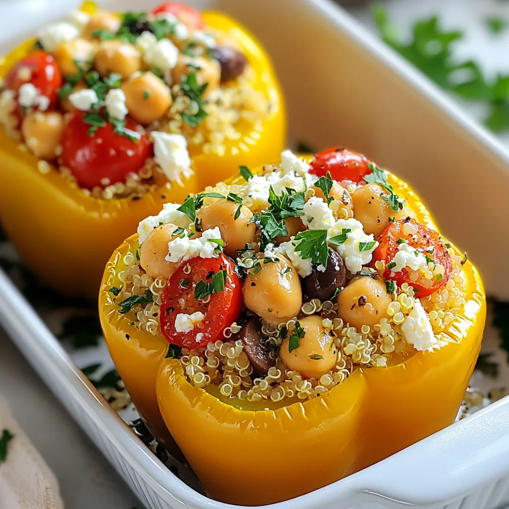 - 4 large bell peppers (any color) - 1 cup quinoa, rinsed and drained - 2 cups vegetable broth - 1 can (15 oz) chickpeas, rinsed and drained - 1 cup cherry tomatoes, halved - 1/2 cup Kalamata olives, sliced - 1/2 cup feta cheese, crumbled - 1/4 cup fresh parsley, chopped - 1 teaspoon oregano - 1 teaspoon smoked paprika - 2 tablespoons olive oil - Salt and pepper to taste When making Mediterranean stuffed peppers, you start with fresh bell peppers. Their bright colors add joy to any meal. I love using a mix of red, yellow, and green peppers for a colorful dish. Next, quinoa becomes the base of the filling. It’s packed with protein and adds a nice texture. Chickpeas bring a creamy flavor and help fill each pepper. Cherry tomatoes add a sweet burst. Kalamata olives give a briny touch, while feta cheese adds a tangy kick. Fresh parsley adds a pop of color and freshness. Oregano and smoked paprika deepen the flavor. A drizzle of olive oil ties everything together. - Ground turkey or beef - Spinach or kale - Zucchini or eggplant - Different cheeses like mozzarella or goat cheese You can easily customize your stuffed peppers. If you want more protein, add ground turkey or beef. Leafy greens like spinach or kale can boost nutrition. Diced zucchini or eggplant adds veggies to the mix. For cheese lovers, try melting mozzarella or crumbly goat cheese on top. Each serving of Mediterranean stuffed peppers is healthy and filling. They are high in fiber and protein. This recipe serves four, making it great for family meals. Each pepper is low in calories but rich in vitamins. Enjoy this hearty meal that also nourishes your body. {{ingredient_image_1}} First, preheat your oven to 375°F (190°C). This step warms the oven for even cooking. Next, take your bell peppers and cut off the tops. Remove the seeds and membranes inside. Brush the outside of each pepper with olive oil. This adds flavor and helps them brown nicely. Place the prepared peppers aside while you cook the filling. In a medium saucepan, combine 1 cup of rinsed quinoa with 2 cups of vegetable broth. Bring this mixture to a boil over medium heat. Once it boils, lower the heat and cover the pot. Let it simmer for about 15 minutes. After that time, check if the quinoa is fluffy and all the broth is absorbed. If so, remove it from heat and let it cool for a few minutes. In a large mixing bowl, combine the cooked quinoa, chickpeas, cherry tomatoes, Kalamata olives, feta cheese, parsley, oregano, and smoked paprika. Drizzle in a bit of olive oil. Stir it all together until well-mixed. Add salt and pepper to taste. Now, carefully stuff each bell pepper with this tasty filling. Press down lightly to pack it in. Arrange the stuffed peppers upright in a baking dish. If you want, pour a little vegetable broth at the bottom to keep them moist. Cover the dish with aluminum foil and bake for 30 minutes. After that, remove the foil and bake for another 10-15 minutes. This makes the peppers tender and gives them a golden top. Let them cool slightly before serving. To cook quinoa well, start with rinsing it. This removes any bitterness. Use a two-to-one ratio of broth to quinoa. Bring the broth to a boil, then reduce heat. Cover and let it simmer for about 15 minutes. The quinoa is done when it’s fluffy and the liquid is all absorbed. If you want to add more flavor, try cooking quinoa in vegetable broth instead of water. This small change makes a big difference. When choosing bell peppers, look for ones that are firm and shiny. They should feel heavy for their size. Avoid any with soft spots or wrinkles. Color can also affect taste. Red, yellow, and orange peppers are sweeter than green ones. If you want a colorful dish, mix different colors. This makes your meal look more inviting and appetizing. For a great presentation, place the stuffed peppers on a nice platter. Garnish with extra parsley for a fresh pop of color. Drizzle a bit of olive oil on top for shine. You can also add a side of tzatziki sauce. This cool dip complements the warm peppers well. A simple green salad on the side brightens up the meal. It adds a refreshing crunch that balances the hearty stuffed peppers. Pro Tips Choose Colorful Peppers: Using a mix of bell pepper colors not only enhances the visual appeal of the dish but also provides a range of flavors. Prep Ahead: You can prepare the quinoa filling a day in advance and store it in the fridge. This makes assembly quick and easy when you're ready to bake. Adjust Seasoning: Taste the filling before stuffing the peppers. Adjust the seasoning to your preference by adding more herbs or spices. Experiment with Fillings: Feel free to customize the stuffing by adding other ingredients like spinach, artichokes, or nuts for additional textures and flavors. {{image_2}} You can swap the chickpeas for different proteins. Ground turkey or chicken works well. If you prefer plant-based options, try lentils or black beans. Each choice brings its own flavor. These swaps keep the dish healthy and filling. Feel free to add more vegetables to the mix. Spinach, zucchini, or mushrooms add great taste and nutrients. You can even sneak in some finely chopped carrots or celery. These additions make your meal colorful and hearty. Plus, it’s a fun way to use leftovers! This recipe is already gluten-free thanks to quinoa. However, check your ingredients. Make sure the feta cheese and olives are gluten-free. If you want more variety, use rice or gluten-free grains. These options keep your meal safe for those with gluten sensitivities. Store your Mediterranean stuffed peppers in an airtight container. They last up to four days in the fridge. Make sure the peppers are cool before sealing them. If you leave them in the baking dish, cover it tightly with plastic wrap. This keeps the peppers fresh and tasty. To freeze, let the stuffed peppers cool completely. Wrap each pepper in plastic wrap, then place them in a freezer bag. They can stay in the freezer for up to three months. When ready to eat, you can thaw them in the fridge overnight. This keeps their flavor and texture. Reheat your stuffed peppers in the oven for the best results. Preheat the oven to 350°F (175°C). Place the peppers in a baking dish and cover with foil. Heat for about 20 minutes or until warm. You can also microwave them for quicker reheating. Just be sure to cover them to avoid drying out. Yes, you can use brown rice instead of quinoa. Brown rice will add a nice, chewy texture. Make sure to adjust the cooking time. Brown rice takes longer to cook than quinoa. It usually needs about 45 to 50 minutes to become tender. So, plan ahead if you choose this option. You can add many spices to boost your stuffed peppers. Consider adding cumin for warmth. A pinch of red pepper flakes can add heat. You might also enjoy some garlic powder for extra depth. Fresh herbs like basil or mint can brighten up the dish, too. Feel free to get creative with your spice choices! Stuffed peppers can last up to four days in the fridge. Make sure to store them in an airtight container. If you want to keep them longer, consider freezing them. They freeze well for up to three months. Just thaw and reheat before serving for a quick meal. This blog covered how to make stuffed peppers, from ingredients to cooking tips. We explored key ingredients like quinoa and optional add-ins. I shared step-by-step instructions to help you achieve tasty results. You learned about substitutions and storage for your leftovers. These stuffed peppers are easy and fun to make. With all the variations, you can keep it fresh each time. Enjoy making this healthy dish that fits your taste!