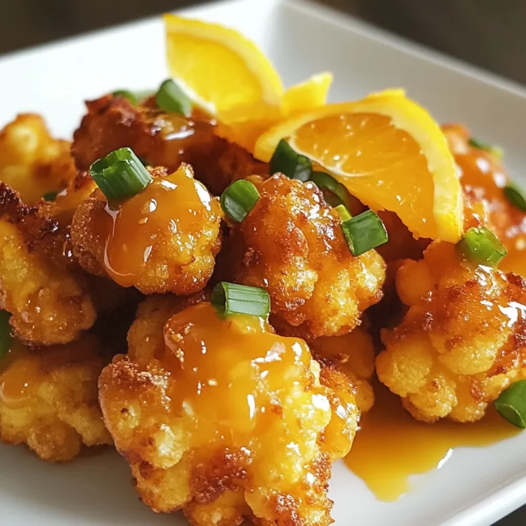 For this crispy orange cauliflower, you need: - 1 medium head of cauliflower, cut into bite-sized florets - Vegetable oil (for frying) The cauliflower should be fresh and firm. This ensures a great texture when cooked. Oil is key for frying, as it helps get that perfect crunch. The batter gives the cauliflower its crispy coating. Gather these items: - 1 cup all-purpose flour - 1 teaspoon cornstarch - 1 teaspoon garlic powder - 1 teaspoon paprika - Salt and pepper to taste - 1 cup sparkling water (chilled) Mixing flour with cornstarch helps create a light and crispy finish. The garlic powder and paprika add depth to the flavor. Use salt and pepper to match your taste. The orange sauce brings sweet and tangy notes. You will need: - Zest of 1 orange - 1/4 cup fresh orange juice - 2 tablespoons honey or maple syrup - 1 tablespoon soy sauce - 1 tablespoon rice vinegar - 1/2 teaspoon red pepper flakes (optional) - Green onions, thinly sliced (for garnish) The zest adds a bright aroma, while the juice gives a fresh kick. Honey or maple syrup balances the sauce's flavors. Add red pepper flakes for a hint of heat if you like spice. Garnish with green onions for a pop of color and taste. This mix of ingredients makes the dish vibrant and full of flavor. Enjoy the cooking process! {{ingredient_image_1}} To start, cut your medium head of cauliflower into bite-sized florets. This helps them cook evenly. Next, grab a medium bowl. In it, mix together one cup of all-purpose flour, one teaspoon of cornstarch, one teaspoon of garlic powder, one teaspoon of paprika, and salt and pepper. Stir until combined. Slowly pour in one cup of chilled sparkling water. Mix gently until you get a smooth batter. The batter should be thick enough to coat each floret well. Now, it’s time to fry! Heat about two inches of vegetable oil in a deep frying pan over medium-high heat. Aim for a temperature of 350°F (175°C). Once the oil is hot, dip each floret into the batter. Make sure they are well-coated. Carefully place the coated florets into the hot oil. Fry them in batches for about four to five minutes. You want them to turn golden brown and crispy. Use a slotted spoon to remove them. Then, drain the excess oil on a paper towel-lined plate. While the cauliflower fries, let’s make the orange sauce. In a small saucepan, combine the zest of one orange, a quarter cup of fresh orange juice, two tablespoons of honey or maple syrup, one tablespoon of soy sauce, one tablespoon of rice vinegar, and half a teaspoon of red pepper flakes if you like some heat. Heat this mixture over medium heat. Bring it to a simmer and cook for three to four minutes. Stir it until it thickens slightly. Once the cauliflower is crispy and the sauce is ready, it’s time to combine them. In a large bowl, toss the crispy cauliflower with the orange sauce. Make sure every piece is evenly coated. Transfer the delicious mixture to a serving dish. For a nice finish, garnish with thinly sliced green onions. Enjoy your Crispy Orange Cauliflower! To get that perfect crunch, start with cold sparkling water. The bubbles help the batter cling to the cauliflower. Make sure your oil is hot enough, around 350°F (175°C). If the oil is not hot, the cauliflower will soak up too much oil. Fry in small batches to keep the oil temperature steady. This ensures that each piece gets golden and crisp. Feel free to tweak the sauce! If you like it sweeter, add more honey or maple syrup. For a kick, increase the red pepper flakes. You can also add garlic or ginger to the orange sauce for extra depth. Taste as you go to find your perfect balance of flavors. The zest of the orange adds freshness, so don’t skip it! Use a deep frying pan or pot for better heat control. A slotted spoon helps you remove the cauliflower easily. Let the fried cauliflower drain on paper towels to soak up excess oil. This keeps them crispy. Serve immediately for the best texture. If you have leftovers, store them in the fridge but know they may lose some crunch. Pro Tips Use Chilled Ingredients: Ensure your sparkling water is well-chilled before mixing it into the batter. Cold batter helps achieve a crispier texture when frying. Control the Oil Temperature: Maintain the oil temperature around 350°F (175°C) while frying. If the temperature is too low, the cauliflower will absorb more oil; too high, and it may burn. Batch Fry for Even Cooking: Fry the cauliflower in small batches to avoid overcrowding the pan. This allows for even cooking and prevents the temperature from dropping too much. Adjust Sauce to Taste: Feel free to modify the sweetness or spice level of the orange sauce according to your preference. Add more honey for sweetness or extra red pepper flakes for heat. {{image_2}} To make this dish vegan, swap out honey for maple syrup. This keeps the sweet taste while staying plant-based. You can also use chickpea flour instead of all-purpose flour. Chickpea flour gives a nice flavor and is healthy too. If you want a crunchier finish, try adding breadcrumbs to the batter. If you crave heat, add more red pepper flakes to the sauce. You could also mix in some hot sauce to the batter for extra spice. Another fun idea is to toss the crispy cauliflower in a spicy chili sauce after frying. This will give it a bold kick that spice lovers will enjoy. Serve your crispy orange cauliflower over rice or quinoa for a full meal. You can also add it to a fresh salad for a nice crunch. If you want to impress guests, plate it with a drizzle of extra orange sauce. Garnish with green onions for color and flavor. This will make your dish look as good as it tastes! Store any leftover crispy orange cauliflower in an airtight container. Place it in the fridge. It stays fresh for up to three days. Make sure to cool it to room temperature before sealing. This helps keep it crispy longer. To reheat, use an oven instead of a microwave. Preheat your oven to 350°F (175°C). Spread the cauliflower on a baking sheet. Heat for about 10-15 minutes. This method makes it crispy again. Check often to avoid burning. You can freeze the cooked cauliflower for later use. Let it cool completely before freezing. Place it in a freezer-safe bag, removing as much air as possible. It can last up to three months in the freezer. To enjoy, thaw it in the fridge overnight before reheating. Yes, you can use frozen cauliflower. Just thaw it first and pat it dry. This step helps remove excess moisture, ensuring a crispier texture. Frozen cauliflower may not fry as evenly as fresh, but it will still taste great. To make Crispy Orange Cauliflower gluten-free, swap all-purpose flour for a gluten-free flour blend. You can also use cornstarch or almond flour. These options will create a crispy coating without any gluten. You can serve this dish with rice or quinoa for a filling meal. Pair it with a fresh salad for a light side. It also goes well with steamed vegetables or noodles. To keep the cauliflower crispy, serve it right away. Avoid covering it, as steam can make it soggy. If you need to hold it, keep it in a warm oven on a wire rack. This method allows air to circulate around the cauliflower, keeping it crisp. Today, we explored a tasty recipe for Crispy Orange Cauliflower. We covered the main ingredients, how to prepare the batter, and make the orange sauce. I shared tips to fry cauliflower perfectly and adjust flavors. You learned about vegan alternatives and serving ideas. I also discussed storage methods and answered common questions. With this knowledge, it’s time to enjoy your cooking journey. Experiment with flavors and create your own unique twist on this dish!
