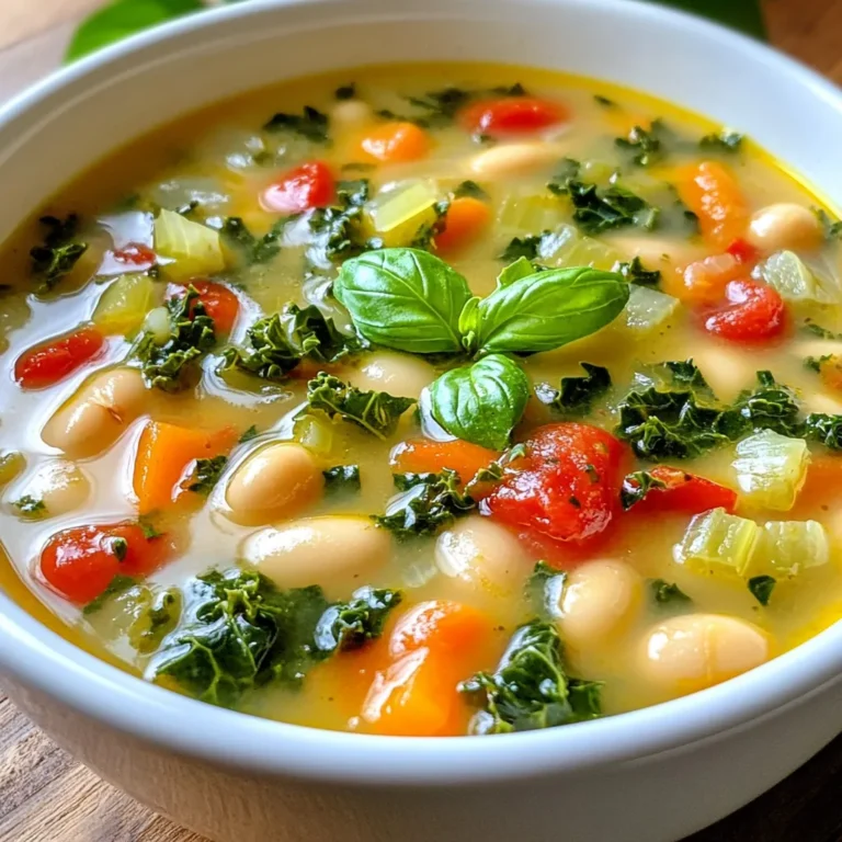 For this hearty soup, you need the following: - 1 can (15 oz) cannellini beans, drained and rinsed - 1 tablespoon olive oil - 1 onion, finely chopped - 3 cloves garlic, minced - 2 large carrots, diced - 2 celery stalks, diced - 1 teaspoon dried thyme - 1 teaspoon dried rosemary - 4 cups vegetable broth - 1 cup diced tomatoes (canned or fresh) - 2 cups kale, chopped (stems removed) - Salt and pepper, to taste - Fresh basil leaves, for garnish These simple, fresh ingredients create a rich flavor. The cannellini beans provide creaminess. The veggies add color and nutrition. You can customize your soup with these options: - Grated Parmesan cheese - Croutons for crunch - Extra herbs like parsley or oregano - A splash of lemon juice for brightness These garnishes enhance the look and taste of your dish. They also add your personal touch. If you lack some ingredients, don't worry! Here are swaps you can use: - Use navy beans or chickpeas instead of cannellini beans. - Swap olive oil for avocado oil. - Replace kale with spinach or Swiss chard. - Use chicken broth instead of vegetable broth. These substitutions keep the soup tasty while accommodating what you have on hand. You can still enjoy the essence of Tuscan white bean soup. {{ingredient_image_1}} To make your Tuscan white bean soup, start by getting your ingredients ready. Here’s what you need: - 1 can (15 oz) cannellini beans, drained and rinsed - 1 tablespoon olive oil - 1 onion, finely chopped - 3 cloves garlic, minced - 2 large carrots, diced - 2 celery stalks, diced - 1 teaspoon dried thyme - 1 teaspoon dried rosemary - 4 cups vegetable broth - 1 cup diced tomatoes (canned or fresh) - 2 cups kale, chopped (stems removed) - Salt and pepper, to taste - Fresh basil leaves, for garnish Chop the onion, garlic, carrots, and celery. Rinse the beans and chop the kale. This makes cooking easier and faster. Now let’s cook! First, heat the olive oil in a large pot over medium heat. Once hot, add the chopped onion. Sauté for about 5 minutes. You want it soft and clear. Next, stir in the minced garlic, diced carrots, and celery. Cook for another 5 minutes. You’ll love the smell! Now, sprinkle in the dried thyme and rosemary. Mix everything well. This adds great flavor. Add the cannellini beans and diced tomatoes to the pot. Stir to combine. Then, pour in the vegetable broth. Turn the heat high until it boils. Once it boils, turn the heat low and let it simmer for 15 to 20 minutes. This lets the flavors mix. After that, stir in the chopped kale. Let it simmer for another 5 minutes. This makes the kale tender and bright green. Finally, season with salt and pepper according to your taste. Your soup is ready! Serve it hot in bowls. Garnish with fresh basil leaves for a lovely touch. This soup pairs well with crusty bread. Enjoy every bite of your delicious Tuscan white bean soup! To make this soup really shine, use fresh herbs. Fresh thyme and rosemary add depth. You can also add a splash of lemon juice for a bright taste. A pinch of red pepper flakes gives a bit of heat. When you sauté the onions and garlic, let them cook slowly. This will release their sweet flavors into the soup. One mistake is not rinsing the beans. Rinsing removes excess salt and keeps the soup fresh. Another error is overcooking the kale. Add it near the end of cooking for a bright green color. Don’t skip seasoning. Taste the soup before serving to adjust salt and pepper. This step ensures a well-balanced flavor. Serve your soup with crusty bread. A good sourdough or ciabatta pairs well. You can also offer a green salad on the side. A simple salad with olive oil and vinegar is perfect. For a heartier meal, add some grilled chicken or sausage. This soup makes a great base for many toppings, so feel free to get creative! Pro Tips Use Fresh Herbs: For an extra burst of flavor, consider using fresh thyme and rosemary instead of dried; add them towards the end of cooking to preserve their aroma. Make It Creamy: For a creamier texture, blend half of the soup using an immersion blender and then stir it back into the pot. Customize Your Greens: Feel free to substitute kale with other greens like spinach or Swiss chard, depending on your preference or what you have on hand. Enhance the Flavor: Add a splash of lemon juice or a pinch of red pepper flakes just before serving to brighten the flavors and add a bit of heat. {{image_2}} You can easily make this soup vegetarian or vegan. The base already uses vegetable broth. To keep it vegan, just skip any cheese garnishes. You can add more vegetables to boost flavor and nutrition. Try adding mushrooms for depth or sweet potatoes for creaminess. Both options work well with the beans and kale. Different areas in Tuscany have their own take on this soup. In some regions, you might find pancetta or bacon added for a smoky taste. Other places may include different greens, like Swiss chard or spinach. You can also find variations that use different beans, like Borlotti beans. Each twist brings a unique flavor while keeping the heart of the dish intact. If you want to add protein, consider chicken or turkey. These meats cook well in the broth and soak up flavors. For a plant-based protein boost, toss in some quinoa or lentils. Both options add hearty texture while keeping the soup healthy. You can mix and match based on what you enjoy. To store leftover soup, let it cool first. Pour it into an airtight container. Be sure to leave some space at the top. This helps prevent spills as the soup expands. You can keep it in the fridge for up to five days. If you want to keep it longer, freezing is a great option. When you're ready to eat, take the soup out of the fridge. Heat it in a pot over medium heat. Stir often to warm it evenly. If the soup seems thick, add a splash of water or broth. You can also use a microwave. Just heat it in a bowl, stirring halfway through. Make sure it’s hot all the way through. To freeze the soup, use freezer-safe containers. Pour the soup in, leaving space at the top. You can also use freezer bags. Squeeze out the air before sealing. Label the bags with the date. This way, you know when to use them. The soup can last up to three months in the freezer. When you’re ready to eat, thaw it overnight in the fridge before reheating. The best type of bean for Tuscan white bean soup is cannellini beans. They have a creamy texture and a mild taste. You can also use great northern beans or navy beans. Both options work well but may change the soup's flavor slightly. Cannellini beans are often canned, which makes them easy to find. Just drain and rinse them before adding to your soup. This small step helps remove excess salt and improves the flavor. Yes, you can make Tuscan white bean soup in a slow cooker! Start by sautéing the onion, garlic, carrots, and celery in olive oil. This step adds flavor. After that, transfer everything to the slow cooker. Add the remaining ingredients, except for the kale, and cook on low for 6 to 8 hours. About 30 minutes before serving, stir in the chopped kale. This keeps it fresh and bright. You can also season the soup with salt and pepper just before you serve. Tuscan white bean soup lasts in the fridge for about 3 to 4 days. Store it in an airtight container to keep it fresh. You can also freeze the soup for up to 3 months. Just let it cool completely before placing it in freezer-safe bags or containers. To reheat, simply thaw it in the fridge overnight. Then, heat it on the stove or in the microwave until it's hot. Enjoy your soup again without losing flavor! Tuscan white bean soup is a simple dish with rich flavors. We covered essential ingredients and fun garnishes. I shared tips for cooking and serving to make it perfect. You also learned about variations, storage, and common questions. Now, you can enjoy this comforting soup in many ways. Embrace your creativity and make it your own. Enjoy every spoonful, and share it with others. Happy cooking!