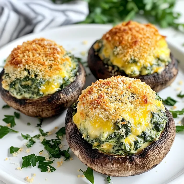 To make creamy spinach stuffed mushrooms, you need a few simple ingredients. Here’s what you’ll need: - 12 large portobello mushrooms, stems removed - 2 cups fresh spinach, chopped - 1 cup cream cheese, softened - 1/2 cup grated parmesan cheese - 1/4 cup breadcrumbs - 2 cloves garlic, minced - 1/4 teaspoon nutmeg - Salt and pepper to taste - 2 tablespoons olive oil - Fresh parsley, chopped (for garnish) These ingredients work in harmony to create a rich and savory filling. The portobello mushrooms serve as the perfect base. They are large and meaty, providing a satisfying bite. Fresh spinach adds color and nutrients, while cream cheese brings creaminess. Parmesan gives a nice salty kick, and garlic adds depth. Breadcrumbs help bind it all together, and nutmeg enhances the flavor profile. Use good-quality ingredients for the best results. Fresh spinach brightens the dish, and high-quality cheeses make the filling extra special. Don't forget to season well with salt and pepper. This step is key to balancing all the flavors. With these ingredients ready, you can create a delicious appetizer that impresses everyone at your table. {{ingredient_image_1}} 1. Preheat your oven to 375°F (190°C). This step is key to a perfect bake. 2. Grab a baking tray and line it with parchment paper. This makes cleanup easy. 3. In a skillet, add 2 tablespoons of olive oil over medium heat. 4. Once hot, add 2 cloves of minced garlic. Sauté for about 1 minute. You want it fragrant but not burnt. 5. Add 2 cups of chopped fresh spinach to the skillet. Cook until it wilts, about 3-4 minutes. 6. Season the spinach with 1/4 teaspoon of nutmeg, salt, and pepper. Remove from heat and let it cool slightly. 1. In a large bowl, combine the cooked spinach with 1 cup of softened cream cheese. 2. Add 1/2 cup of grated parmesan cheese and 1/4 cup of breadcrumbs to the mix. 3. Stir everything well until fully combined. This will be your creamy filling. 1. Take each of the 12 large portobello mushrooms and remove the stems. 2. Generously stuff each mushroom cap with the creamy spinach mixture. 3. Place the stuffed mushrooms on your prepared baking tray. 4. Bake in the preheated oven for 20-25 minutes. Look for tender mushrooms and golden filling. 5. Once done, remove them from the oven and let them cool for a few minutes. 6. Garnish with chopped parsley before serving for a fresh touch. - Choosing the right mushrooms: I prefer large portobello mushrooms for this recipe. They hold up well and have a rich flavor. Make sure they are fresh and free of bruises. Look for mushrooms that are firm and plump. Clean them gently with a damp cloth before using. - Ensuring the filling is creamy: Use softened cream cheese for a smooth texture. This makes mixing easy and ensures every bite is rich. I add grated parmesan for depth and a hint of saltiness. Don't forget to mix in the cooked spinach well. This makes sure the filling is evenly creamy throughout. - Avoiding overcooking the mushrooms: Keep an eye on your baking time. I suggest baking for 20 to 25 minutes. This way, the mushrooms get tender but do not lose their shape. Overcooked mushrooms can become mushy and less enjoyable. - Perfecting the baking time: Every oven is different, so check your mushrooms at 20 minutes. Look for a golden filling and soft caps. If they need more time, check every 2 to 3 minutes. This helps you avoid burning the tops while ensuring they are cooked through. Pro Tips Choose the Right Mushrooms: Opt for large portobello mushrooms for a sturdy base that can hold the creamy filling without falling apart. Enhance the Flavor: Add a splash of lemon juice or a sprinkle of red pepper flakes to the filling for an extra zing. Make Ahead: Prepare the filling and stuff the mushrooms a few hours in advance. Keep them covered in the fridge until you’re ready to bake. Perfect Baking: For an even more golden top, broil the stuffed mushrooms for the last 2-3 minutes of baking, watching closely to prevent burning. {{image_2}} You can switch up the cheeses in this recipe. Cream cheese is rich, but you can try ricotta or goat cheese for a twist. Both add unique flavors. If you want to make it lighter, use low-fat cream cheese. Adding extra vegetables can boost flavor and nutrition. Chopped artichokes or sun-dried tomatoes work well. You can also add bell peppers or zucchini. Just sauté them with the spinach for a few minutes. Enhancing the flavor is easy. Adding spices like red pepper flakes brings heat. Fresh herbs like basil or thyme can add freshness. Mix in some lemon zest for a bright taste. You can also change the breadcrumbs. Panko breadcrumbs give a nice crunch. For a different taste, try using crushed crackers or cornmeal. Each option brings a new texture and flavor to your dish. To store your leftover creamy spinach stuffed mushrooms, let them cool first. Place them in an airtight container. This helps keep them fresh and tasty. Use a container that fits snugly. If you have many mushrooms, stack them carefully to avoid squishing. They stay good in the fridge for up to three days. To reheat stuffed mushrooms, use the oven for the best results. Preheat it to 350°F (175°C). Place the mushrooms on a baking tray. Cover them with foil to keep them moist. Heat for about 10-15 minutes. If you're in a hurry, use the microwave. Place them on a microwave-safe plate. Heat them for about 1-2 minutes. Keep an eye on them to avoid overcooking. This method may change the texture slightly. Enjoy the same great flavor after reheating! Can I make these ahead of time? Yes, you can prepare these stuffed mushrooms ahead of time. After you fill them, cover and store them in the fridge. This keeps them fresh for up to 24 hours. When you are ready, just bake them as directed. What can I serve with Creamy Spinach Stuffed Mushrooms? These tasty mushrooms pair well with many dishes. You can serve them with a fresh salad or garlic bread. They also work great as an appetizer with a dipping sauce like marinara or aioli. How do I know when they are fully cooked? You can tell they are done when the mushrooms feel tender. The filling should be golden and bubbly on top. This usually takes about 20 to 25 minutes in the oven. Can I freeze Creamy Spinach Stuffed Mushrooms? Yes, you can freeze them. Prepare and stuff the mushrooms, then freeze them in a single layer. Once frozen, store them in a container. When you want to eat them, bake directly from frozen. Just add a few extra minutes to the cooking time. You can create a delicious dish with easy steps, fresh ingredients, and smart tips. We covered the list of ingredients you need, plus prep and cooking steps. I shared helpful tips for choosing mushrooms and avoiding common mistakes. You can also explore fun variations to mix it up. Lastly, I provided storage info for leftovers and answered common questions. With this guide, you can enjoy creamy spinach stuffed mushrooms that impress. Dive into cooking and savor your tasty results!