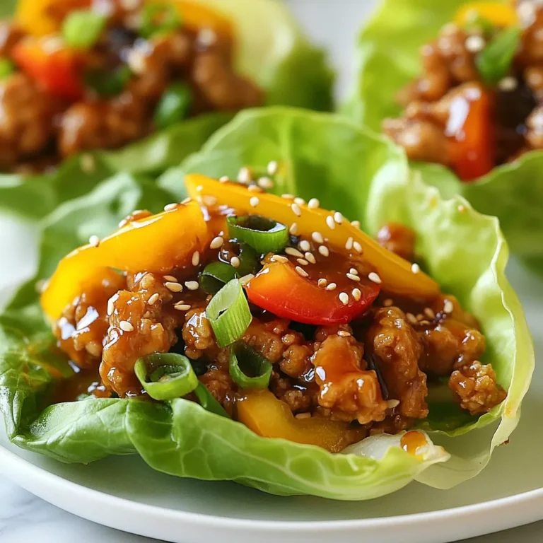 For these tasty teriyaki chicken lettuce cups, you'll need: - 1 lb ground chicken - 1 cup teriyaki sauce (low-sodium recommended) - 1 tablespoon sesame oil - 1 cup bell peppers, finely chopped (red, yellow, and green) - 1/2 cup green onions, sliced - 1 tablespoon fresh ginger, minced - 2 cloves garlic, minced - 1 head of romaine or butter lettuce, leaves separated - Salt and pepper to taste These ingredients come together to create a fresh and flavorful meal. The ground chicken is the star of this dish. It absorbs the teriyaki sauce's sweet and savory notes. The bell peppers add a nice crunch and freshness. The ginger and garlic provide a zesty kick that elevates the dish. You can enhance the look and taste of your cups with these garnishes: - 1/4 cup sesame seeds (for garnish) - Extra sliced green onions Sprinkling sesame seeds adds a nutty flavor and a nice crunch. The green onions offer a fresh touch and a pop of color. These garnishes make your dish visually appealing and more delicious. Feel free to mix in these optional ingredients to elevate your dish: - Chopped cilantro - Diced water chestnuts - Crushed red pepper flakes Chopped cilantro brings a fresh herb flavor. Diced water chestnuts add a delightful crunch. If you like heat, crushed red pepper flakes can spice things up. These options let you customize your teriyaki chicken lettuce cups to your taste. {{ingredient_image_1}} Start by heating 1 tablespoon of sesame oil in a large skillet over medium-high heat. Once the oil is hot, add 2 cloves of minced garlic and 1 tablespoon of minced ginger. Sauté for about 1 minute until you smell the nice aroma. Next, increase the heat a bit and add 1 pound of ground chicken. Cook it for about 5 to 7 minutes until the chicken is brown and fully cooked. Drain any extra fat, then stir in 1 cup of teriyaki sauce. Let it simmer for 2 to 3 minutes until it warms and thickens slightly. To ensure the chicken is tasty, make sure to cook it on medium-high heat. This way, it browns nicely. Stirring often helps prevent it from sticking. Adding the teriyaki sauce after draining the fat makes the dish rich in flavor. Mix in 1 cup of finely chopped bell peppers and half of the sliced green onions. Cook for an additional 2 minutes. The peppers should be tender yet crisp. Don’t forget to season with salt and pepper to taste before removing it from heat. Let the mixture cool slightly before moving on. Take a head of romaine or butter lettuce and gently separate the leaves. Each leaf acts as a cup. Spoon a generous amount of the teriyaki chicken mixture into the center of each leaf. For a beautiful finish, sprinkle 1/4 cup of sesame seeds and the remaining green onions on top as garnish. Enjoy your fresh and flavorful meal! To get the best flavor in your teriyaki chicken, use low-sodium teriyaki sauce. This keeps the dish balanced without being too salty. Fresh ginger and garlic add a bright taste. Sauté them first to release their flavors. Adding chopped bell peppers gives a sweet crunch. Always taste and adjust the salt and pepper before serving. Cook ground chicken over medium-high heat for a nice sear. This helps develop rich, deep flavors. Stir often to cook it evenly. Make sure it turns brown throughout. If you see excess fat, drain it before adding the teriyaki sauce. This keeps your dish light and fresh. Presentation matters! Use crisp lettuce leaves as your cups. They hold the filling well and look appealing. Spoon the chicken mixture into the center of each leaf. Top with sesame seeds and green onions for color and texture. Serve on a nice platter for a fun touch. Enjoy the vibrant look and taste! Pro Tips Use Fresh Ingredients: Fresh bell peppers and ginger will enhance the flavor significantly, making your teriyaki chicken more vibrant and aromatic. Adjust the Sauce: Feel free to modify the amount of teriyaki sauce based on your taste preference. Less sauce will give a milder flavor, while more will add sweetness and depth. Properly Cook the Chicken: Ensure that the ground chicken is cooked thoroughly to avoid any food safety issues. A nice browning will also add flavor. Perfect Lettuce Cups: Choose sturdy lettuce leaves like romaine or butter lettuce to hold the filling better without tearing. {{image_2}} You can swap ground chicken for other meats. Ground turkey works well, too. If you like beef, try lean ground beef. For a lighter option, use ground pork. Each meat brings its own taste. Just adjust cooking times if needed. If you prefer plant-based meals, use mushrooms. Finely chop shiitake or portobello mushrooms. You can also use tofu or tempeh as a protein source. Just make sure to season them well. Use the same teriyaki sauce for flavor. Get creative with your toppings! Add shredded carrots for crunch. You can also include diced cucumber for freshness. Spicy mayo or sriracha can bring heat. Try adding crushed peanuts for extra texture. Each choice makes your lettuce cups unique. To store your teriyaki chicken lettuce cups, place them in an airtight container. Make sure to keep the filling separate from the lettuce leaves. This keeps the lettuce crisp. You can store the filling for up to three days in the fridge. The lettuce should be used fresh. When it's time to eat leftovers, reheat the chicken filling. Use a microwave or stovetop. If using a microwave, heat for 1-2 minutes. Stir halfway for even heating. If using a stovetop, warm it over low heat until hot. Avoid reheating the lettuce, as it can wilt. For meal prep, make the chicken filling ahead of time. This saves you time during the week. Just store it in the fridge. When ready to eat, scoop the filling into fresh lettuce leaves. This keeps everything fresh and crunchy. You can also chop extra veggies to mix in for added flavor. You can use many greens instead of lettuce. Some great options are cabbage or collard greens. You can also try endive or Swiss chard. Each green has its own flavor and texture. Choose what you enjoy most! Yes, you can prepare the filling in advance. Cook the teriyaki chicken and store it in the fridge. Keep the lettuce leaves separate until serving. This way, the lettuce stays crisp and fresh. Assemble the cups just before eating for the best taste. Making teriyaki sauce at home is easy! Here’s a simple recipe: - 1/2 cup soy sauce - 1/4 cup honey or brown sugar - 1 tablespoon rice vinegar - 1 tablespoon sesame oil - 1 teaspoon minced garlic - 1 teaspoon minced ginger Mix all ingredients in a saucepan. Heat over low until the sugar dissolves. Let it cool before using. This sauce adds a personal touch to your dish! We explored how to make tasty Teriyaki Chicken Lettuce Cups. I covered the main ingredients, cooking steps, and tips for great flavor. You can try different proteins or add unique toppings for a twist. Stored leftovers can still taste great. Remember, meal prep is easy with these cups. Make them ahead and enjoy later. These cups are fun, fresh, and flexible for any meal. Get creative and have fun making your own version!