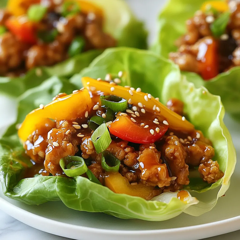 For these tasty teriyaki chicken lettuce cups, you'll need: - 1 lb ground chicken - 1 cup teriyaki sauce (low-sodium recommended) - 1 tablespoon sesame oil - 1 cup bell peppers, finely chopped (red, yellow, and green) - 1/2 cup green onions, sliced - 1 tablespoon fresh ginger, minced - 2 cloves garlic, minced - 1 head of romaine or butter lettuce, leaves separated - Salt and pepper to taste These ingredients come together to create a fresh and flavorful meal. The ground chicken is the star of this dish. It absorbs the teriyaki sauce's sweet and savory notes. The bell peppers add a nice crunch and freshness. The ginger and garlic provide a zesty kick that elevates the dish. You can enhance the look and taste of your cups with these garnishes: - 1/4 cup sesame seeds (for garnish) - Extra sliced green onions Sprinkling sesame seeds adds a nutty flavor and a nice crunch. The green onions offer a fresh touch and a pop of color. These garnishes make your dish visually appealing and more delicious. Feel free to mix in these optional ingredients to elevate your dish: - Chopped cilantro - Diced water chestnuts - Crushed red pepper flakes Chopped cilantro brings a fresh herb flavor. Diced water chestnuts add a delightful crunch. If you like heat, crushed red pepper flakes can spice things up. These options let you customize your teriyaki chicken lettuce cups to your taste. {{ingredient_image_1}} Start by heating 1 tablespoon of sesame oil in a large skillet over medium-high heat. Once the oil is hot, add 2 cloves of minced garlic and 1 tablespoon of minced ginger. Sauté for about 1 minute until you smell the nice aroma. Next, increase the heat a bit and add 1 pound of ground chicken. Cook it for about 5 to 7 minutes until the chicken is brown and fully cooked. Drain any extra fat, then stir in 1 cup of teriyaki sauce. Let it simmer for 2 to 3 minutes until it warms and thickens slightly. To ensure the chicken is tasty, make sure to cook it on medium-high heat. This way, it browns nicely. Stirring often helps prevent it from sticking. Adding the teriyaki sauce after draining the fat makes the dish rich in flavor. Mix in 1 cup of finely chopped bell peppers and half of the sliced green onions. Cook for an additional 2 minutes. The peppers should be tender yet crisp. Don’t forget to season with salt and pepper to taste before removing it from heat. Let the mixture cool slightly before moving on. Take a head of romaine or butter lettuce and gently separate the leaves. Each leaf acts as a cup. Spoon a generous amount of the teriyaki chicken mixture into the center of each leaf. For a beautiful finish, sprinkle 1/4 cup of sesame seeds and the remaining green onions on top as garnish. Enjoy your fresh and flavorful meal! To get the best flavor in your teriyaki chicken, use low-sodium teriyaki sauce. This keeps the dish balanced without being too salty. Fresh ginger and garlic add a bright taste. Sauté them first to release their flavors. Adding chopped bell peppers gives a sweet crunch. Always taste and adjust the salt and pepper before serving. Cook ground chicken over medium-high heat for a nice sear. This helps develop rich, deep flavors. Stir often to cook it evenly. Make sure it turns brown throughout. If you see excess fat, drain it before adding the teriyaki sauce. This keeps your dish light and fresh. Presentation matters! Use crisp lettuce leaves as your cups. They hold the filling well and look appealing. Spoon the chicken mixture into the center of each leaf. Top with sesame seeds and green onions for color and texture. Serve on a nice platter for a fun touch. Enjoy the vibrant look and taste! Pro Tips Use Fresh Ingredients: Fresh bell peppers and ginger will enhance the flavor significantly, making your teriyaki chicken more vibrant and aromatic. Adjust the Sauce: Feel free to modify the amount of teriyaki sauce based on your taste preference. Less sauce will give a milder flavor, while more will add sweetness and depth. Properly Cook the Chicken: Ensure that the ground chicken is cooked thoroughly to avoid any food safety issues. A nice browning will also add flavor. Perfect Lettuce Cups: Choose sturdy lettuce leaves like romaine or butter lettuce to hold the filling better without tearing. {{image_2}} You can swap ground chicken for other meats. Ground turkey works well, too. If you like beef, try lean ground beef. For a lighter option, use ground pork. Each meat brings its own taste. Just adjust cooking times if needed. If you prefer plant-based meals, use mushrooms. Finely chop shiitake or portobello mushrooms. You can also use tofu or tempeh as a protein source. Just make sure to season them well. Use the same teriyaki sauce for flavor. Get creative with your toppings! Add shredded carrots for crunch. You can also include diced cucumber for freshness. Spicy mayo or sriracha can bring heat. Try adding crushed peanuts for extra texture. Each choice makes your lettuce cups unique. To store your teriyaki chicken lettuce cups, place them in an airtight container. Make sure to keep the filling separate from the lettuce leaves. This keeps the lettuce crisp. You can store the filling for up to three days in the fridge. The lettuce should be used fresh. When it's time to eat leftovers, reheat the chicken filling. Use a microwave or stovetop. If using a microwave, heat for 1-2 minutes. Stir halfway for even heating. If using a stovetop, warm it over low heat until hot. Avoid reheating the lettuce, as it can wilt. For meal prep, make the chicken filling ahead of time. This saves you time during the week. Just store it in the fridge. When ready to eat, scoop the filling into fresh lettuce leaves. This keeps everything fresh and crunchy. You can also chop extra veggies to mix in for added flavor. You can use many greens instead of lettuce. Some great options are cabbage or collard greens. You can also try endive or Swiss chard. Each green has its own flavor and texture. Choose what you enjoy most! Yes, you can prepare the filling in advance. Cook the teriyaki chicken and store it in the fridge. Keep the lettuce leaves separate until serving. This way, the lettuce stays crisp and fresh. Assemble the cups just before eating for the best taste. Making teriyaki sauce at home is easy! Here’s a simple recipe: - 1/2 cup soy sauce - 1/4 cup honey or brown sugar - 1 tablespoon rice vinegar - 1 tablespoon sesame oil - 1 teaspoon minced garlic - 1 teaspoon minced ginger Mix all ingredients in a saucepan. Heat over low until the sugar dissolves. Let it cool before using. This sauce adds a personal touch to your dish! We explored how to make tasty Teriyaki Chicken Lettuce Cups. I covered the main ingredients, cooking steps, and tips for great flavor. You can try different proteins or add unique toppings for a twist. Stored leftovers can still taste great. Remember, meal prep is easy with these cups. Make them ahead and enjoy later. These cups are fun, fresh, and flexible for any meal. Get creative and have fun making your own version!