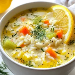 To make Greek Lemon Rice Soup, you need a few key ingredients. Here’s what you will need: - 1 tablespoon olive oil - 1 medium onion, finely chopped - 2 cloves garlic, minced - 1 medium carrot, diced - 1 stalk celery, diced - 6 cups vegetable broth - 1 cup cooked rice (preferably jasmine or basmati) - 2 large eggs - 1/4 cup fresh lemon juice (about 2 lemons) - Zest of 1 lemon - Salt and pepper to taste - Fresh dill or parsley for garnish These ingredients come together to create a warm and zesty soup. The rice adds heartiness, while the lemon juice brings a bright flavor. You can add extra ingredients to enhance the taste. Consider these options: - Cooked chicken for protein - Spinach or kale for a green touch - Feta cheese for a salty bite - Extra herbs like thyme or oregano These add-ins can give your soup a personal twist. Feel free to mix and match based on what you enjoy. If you have dietary needs, there are easy swaps you can make. Here are some ideas: - Use vegetable broth for a vegan option. - Swap rice for quinoa for a gluten-free choice. - Use flax eggs instead of regular eggs for a vegan soup. These substitutions keep the flavors but cater to your needs. Always check for allergens in any ingredient you choose. {{ingredient_image_1}} To start, heat 1 tablespoon of olive oil in a large pot over medium heat. Next, add 1 finely chopped onion, 2 minced garlic cloves, 1 diced carrot, and 1 diced stalk of celery. Sauté these veggies for about 5 to 7 minutes. You want them soft, and the onion should be clear. This mix builds the soup's flavor. Then, pour in 6 cups of vegetable broth. Bring it to a gentle boil. The broth adds depth and warmth to the soup. Once it starts to bubble, add 1 cup of cooked rice. I recommend jasmine or basmati rice for the best taste. Reduce the heat to medium-low and let it simmer for about 10 minutes. This step allows the rice to absorb the flavors. Now, in a separate bowl, whisk together 2 large eggs, 1/4 cup of fresh lemon juice, and the zest of 1 lemon. This mixture gives the soup its signature lemony taste. To keep the eggs from curdling, you need to temper them. Gradually stir a ladleful of the hot soup into the egg mix. This warms the eggs slowly. Once tempered, slowly stir this mixture back into the soup pot. This creates a creamy texture. Cook the soup on low heat for an additional 5 minutes, stirring gently. Avoid boiling at this stage, as it can ruin the creamy finish. After cooking, season the soup with salt and pepper to taste. Stir well to combine. Now it's time to serve! Pour the soup into bowls and garnish with fresh dill or parsley. This adds a nice pop of color and flavor. Enjoy your warm bowl of Greek lemon rice soup! It’s comforting and full of zest. To get the best creamy texture, focus on the eggs. Start by whisking the eggs with lemon juice and zest until smooth. Slowly add hot soup into the bowl. This step warms the eggs. It keeps them from curdling when added to the pot. Stir gently to mix. After that, cook on low for five minutes. This way, you maintain a rich, velvety soup. Many cooks rush the tempering step. This can lead to scrambled eggs in your soup. Always add hot soup slowly to the egg mixture. Another mistake is boiling the soup after adding the eggs. Heat the soup gently to keep it creamy. Lastly, don’t skip the seasoning. Salt and pepper can elevate the dish. Herbs play a big role in flavor. Fresh dill or parsley adds a bright note. You can also try adding thyme or oregano. These herbs mix well with lemon and rice. For a little kick, consider adding black pepper or a pinch of red pepper flakes. Experiment with these flavors to find your perfect balance! Pro Tips Use Fresh Ingredients: The quality of your vegetables and herbs can greatly enhance the flavor of your soup, so opt for fresh, seasonal produce whenever possible. Perfect the Egg Mixture: Make sure to temper the egg and lemon mixture with hot soup before adding it back to the pot to prevent curdling and ensure a smooth texture. Adjust the Consistency: If you prefer a thicker soup, add more rice or reduce the amount of broth slightly to achieve your desired texture. Garnish with Fresh Herbs: A sprinkle of fresh dill or parsley not only adds color but also enhances the overall flavor profile of the soup. {{image_2}} To make a vegan version of Greek lemon rice soup, swap the eggs with a plant-based option. You can use silken tofu blended until smooth. Mix the tofu with lemon juice and zest. Stir this mixture into the soup as you would with the eggs. This keeps the soup creamy and tasty without using animal products. This soup is easy to adapt for gluten-free diets. Use vegetable broth that is certified gluten-free. Make sure your rice is also gluten-free, which most types are. Jasmine and basmati rice are great choices. Always check labels to ensure all ingredients meet gluten-free standards. You can customize this soup with different veggies or grains. Try adding peas, corn, or spinach for added color and nutrition. Quinoa or farro can replace rice for a hearty twist. If you like spice, a pinch of red pepper flakes can add warmth. Remember, cooking is all about making it your own! To store Greek Lemon Rice Soup, let it cool first. Place it in an airtight container. This helps keep the flavors fresh. The soup lasts up to three days in the fridge. Make sure to label the container with the date. Freezing is a great option for this soup. First, cool it down completely. Then, pour it into freezer-safe containers. Leave some space at the top for expansion. The soup can stay good for about three months. When you are ready to eat, just thaw it in the fridge overnight. To reheat, warm the soup gently on the stove. Stir it often to avoid burning. If the soup seems thick, add a bit of broth or water. Heat it until it is hot, but do not let it boil. This keeps the creamy texture and bright flavor. Enjoy it fresh with a sprinkle of dill or parsley. Greek Lemon Rice Soup is special because of its bright lemon flavor. The fresh lemon juice and zest make it zesty and refreshing. The soup also has a creamy texture from the eggs. Using rice adds heartiness, making it filling. It blends the warmth of a soup with a tangy twist, which is unlike many other soups. The use of fresh herbs like dill or parsley also enhances its taste. Yes, you can make Greek Lemon Rice Soup ahead of time. Cook the soup, let it cool, and then store it in the fridge. It keeps well for about three days. Just remember to add the eggs and lemon mixture right before serving. This helps keep the creamy texture and fresh taste. Reheat the soup gently on the stove for best results. Greek Lemon Rice Soup is not only tasty but also nutritious. It provides a good source of vitamins from the fresh vegetables. The rice offers carbohydrates for energy, while the eggs add protein. Lemons give a boost of vitamin C, which supports your immune system. Fresh herbs add antioxidants, making the soup even healthier. It’s a great option for a light meal or a comforting dish when you’re feeling under the weather. Greek lemon rice soup is simple, fresh, and full of flavor. You learned about essential ingredients, like rice and lemon, and how to make it creamy. We covered tips to avoid common mistakes and added options for different diets. You can customize it to fit your taste and store it easily. This soup is not just hearty; it’s also nourishing and bright. Enjoy making this delightful dish and savor every spoonful.