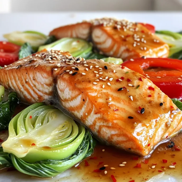 To make Teriyaki Salmon & Bok Choy, gather these simple ingredients: - Salmon fillets: You need 4 fresh fillets. - Teriyaki marinade components: This includes: - 2 tablespoons soy sauce (I recommend low-sodium) - 2 tablespoons honey - 1 tablespoon rice vinegar - 1 tablespoon sesame oil - 2 garlic cloves, minced - 1 teaspoon fresh ginger, grated - Bok choy and vegetables: Use 4 small bok choy, halved, and 1 red bell pepper, sliced. - Seasoning options: Add salt and pepper to taste, and finish with 1 tablespoon sesame seeds for garnish. These ingredients work together to create a tasty and colorful dish. Each item plays a role in flavor and presentation. The salmon provides rich protein, while the bok choy adds crunch and nutrition. The marinade brings everything together with a sweet and savory kick. Enjoy the cooking process! First, preheat your oven to 400°F (200°C). This helps cook the salmon and bok choy evenly. While the oven heats, line a sheet pan with parchment paper. This makes cleanup easy and keeps the food from sticking. In a small bowl, mix these ingredients to make the teriyaki marinade: - 2 tablespoons soy sauce - 2 tablespoons honey - 1 tablespoon rice vinegar - 1 tablespoon sesame oil - 2 minced garlic cloves - 1 teaspoon grated fresh ginger Whisk the mixture until smooth. This marinade gives the salmon its tasty flavor. Now, place the 4 salmon fillets on the sheet pan. Season them lightly with salt and pepper. Brush the teriyaki marinade over each fillet. Next, take 4 halved bok choy and 1 sliced red bell pepper. Arrange them around the salmon. Drizzle any leftover marinade over the vegetables and toss them lightly to coat. Put the sheet pan in your preheated oven. Bake for 15-20 minutes. The salmon should flake easily with a fork when it’s done. The vegetables will be tender but still crisp. Once finished, remove the sheet pan and sprinkle 1 tablespoon of sesame seeds over everything for extra crunch and a nice look. Enjoy your delicious meal! When picking salmon, look for bright color and firm texture. Fresh salmon should shine and feel moist. Check for a clean aroma without a fishy scent. I recommend wild-caught salmon for better flavor. Farmed salmon is fine too but may have a milder taste. Try to buy skin-on fillets for added crispiness and flavor. Set your oven to 400°F (200°C) for baking. This high heat helps the salmon cook evenly. Bake the salmon for 15-20 minutes. It should flake easily with a fork when done. Bok choy cooks faster than salmon, so it stays crisp. If you want softer veggies, bake them longer but keep an eye on the salmon. You can add more flavor to your dish easily. Try a splash of lime juice for brightness. A sprinkle of chili flakes gives a spicy kick. If you love sesame, drizzle extra sesame oil before serving. For a touch of sweetness, add a bit more honey in the marinade. Keep experimenting to find your favorite twist! {{image_2}} You can switch out bok choy for other greens. Try using spinach for a soft touch. Kale works well too; it adds a nice crunch. Carrots or snap peas will also brighten up your dish. Feel free to mix in some broccoli or bell peppers for added color and taste. Want a twist on the classic teriyaki? You can add orange juice for a citrus kick. Swap honey for maple syrup to change the sweet taste. You can also add a splash of pineapple juice for a tropical flair. Experimenting with different vinegars, like apple cider, can also alter the flavor profile. If you like heat, add chili flakes to your marinade. You could also mix in sriracha for a tangy kick. Fresh sliced jalapeños or Thai bird chilies can give your dish an extra punch. Just remember to adjust the quantity to your heat preference! Store your leftover teriyaki salmon and bok choy in an airtight container. Keep it in the fridge. It lasts for up to three days. Make sure the dish cools down before sealing. This helps keep it fresh. To reheat, place the salmon and vegetables on a microwave-safe plate. Cover it with a damp paper towel. Heat for one to two minutes until warm. You can also reheat in an oven. Set it to 350°F (175°C) and heat for about 10 minutes. You can freeze the teriyaki salmon and bok choy for later. Wrap each piece in plastic wrap, then place it in a freezer bag. It lasts for up to three months. Thaw it in the fridge overnight before reheating. This way, you keep the flavors fresh. You should bake teriyaki salmon for 15 to 20 minutes. The exact time can change based on the thickness of the salmon fillets. Check them often to make sure they don’t overcook. When the salmon flakes easily with a fork, it's ready. Yes, you can use fresh bok choy! Fresh bok choy tastes great and adds crispness. Just clean it well and cut it in half before adding it to the pan. It will cook nicely in the oven. You can serve teriyaki salmon and bok choy with rice or quinoa. These sides soak up the teriyaki sauce well. You might also try it with a fresh salad or steamed veggies for a light meal. Check if the salmon flakes easily with a fork. The center should look opaque and slightly pink. If you want to be precise, the internal temperature should reach 145°F (63°C). A meat thermometer is handy for this. Yes, you can make the teriyaki marinade ahead of time! Just mix all the marinade ingredients and store them in the fridge. It can last for up to a week. This makes meal prep easier and faster. In this article, we covered how to make teriyaki salmon with bok choy. First, I shared the key ingredients and step-by-step instructions for perfect baking. Then, I offered tips on choosing the best salmon, optimal cooking times, and ways to boost flavor. We explored variations like different vegetables and spicy options. Finally, I provided storage tips for leftovers. Keep these ideas in mind to create a tasty meal. Enjoy your cooking!