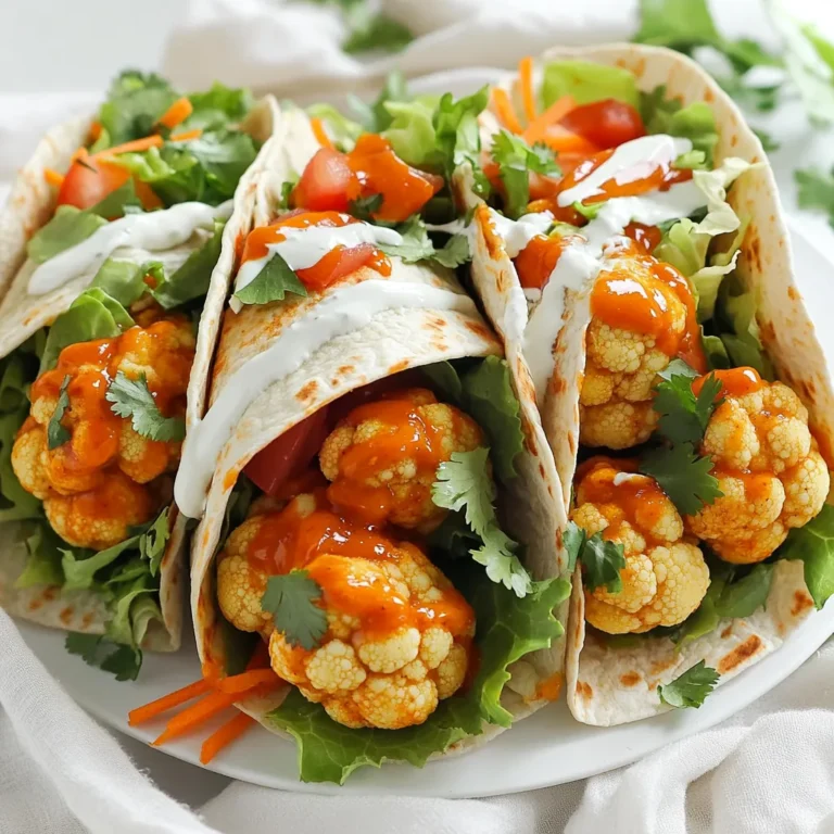 - 1 medium head of cauliflower, cut into florets - 1/2 cup all-purpose flour - 1/2 cup water - 1 teaspoon garlic powder - 1 teaspoon smoked paprika - 1/2 teaspoon cayenne pepper (adjust for spice preference) - 1 cup buffalo sauce - 4 large whole wheat tortillas - 1 cup shredded lettuce - 1/2 cup diced tomatoes - 1/2 cup shredded carrots - 1/4 cup ranch dressing or vegan ranch (optional) - Fresh herbs like cilantro or parsley When making spicy buffalo cauliflower wraps, start with the right ingredients. The cauliflower gives a nice texture. The all-purpose flour and spices create a tasty batter. You can adjust the cayenne pepper to get your preferred spice level. The buffalo sauce brings the heat and flavor you want in these wraps. For extra crunch and freshness, add toppings like shredded lettuce, tomatoes, and carrots. The ranch dressing adds creaminess, making each bite delightful. Finally, sprinkle fresh herbs for a pop of color and flavor. These ingredients come together to create a meal that is not only simple but also packed with zest and nutrition. - Preheat your oven to 450°F (230°C). - Prepare your baking sheet by lining it with parchment paper. This helps with easy cleanup. - In a mixing bowl, mix together 1/2 cup of all-purpose flour, 1/2 cup of water, 1 teaspoon of garlic powder, 1 teaspoon of smoked paprika, and 1/2 teaspoon of cayenne pepper. - Stir until you get a smooth batter. This will coat your cauliflower well. - Take each cauliflower floret and dip it into the batter. Make sure it gets fully coated. - Place the coated florets on the prepared baking sheet. - Bake in the oven for about 20 minutes. Flip the florets halfway through for even cooking. - After they bake, remove the cauliflower from the oven. Drizzle 1 cup of buffalo sauce over the florets to coat them well. - Return the baking sheet to the oven and bake for another 10 minutes. This step makes the flavor pop. - Take your large whole wheat tortillas and lay them flat. - Evenly spread 1 cup of shredded lettuce, 1/2 cup of diced tomatoes, and 1/2 cup of shredded carrots on each tortilla. - Once the cauliflower is ready, add a generous scoop of the spicy buffalo cauliflower on top of the veggies. - If you like, drizzle some ranch dressing over the top for extra flavor. - Carefully roll up each tortilla, tucking in the sides as you go. This keeps everything inside. - Cut the wraps in half if you want smaller portions. Serve them hot and enjoy! To get your cauliflower nice and crispy, follow these steps: - Oven Temperature: Preheat your oven to 450°F (230°C). This high heat helps the cauliflower crisp up fast. - Baking Time: Bake for about 20 minutes. Check for a golden color. This shows they are crispy. - Flipping Technique: Halfway through baking, flip the cauliflower. This helps both sides get crunchy. Want to adjust the heat? Here’s how: - Cayenne Pepper: Use less if you prefer milder wraps. Start with a pinch and taste. - Buffalo Sauce: Choose a milder brand if you like it less spicy. You can also mix in some yogurt for creaminess. Choosing the right tortilla matters: - Whole Wheat Tortillas: These are healthier and add fiber. - Other Options: You can use regular flour tortillas or corn tortillas if you prefer. Just make sure they are big enough to hold all the tasty filling. Each choice impacts the taste and texture of your wraps. Try different types to find your favorite! {{image_2}} You can make these wraps gluten-free. Simply swap the all-purpose flour with a gluten-free flour blend. Many options work well, like almond flour or coconut flour. These alternatives keep the batter light and crispy. Always check for cross-contamination if you're cooking for someone with a gluten allergy. For a vegan twist, swap regular ranch dressing for a plant-based version. Many stores offer tasty vegan ranch options. You can also make your own by mixing cashews, lemon juice, and herbs. This keeps the wraps delicious and dairy-free. Want to change up the taste? Add different spices to the batter. Try onion powder or chili powder for extra kick. You can also mix in hot sauce directly into the batter for more heat. If you love tang, consider a splash of vinegar in the buffalo sauce. These minor tweaks can create a new flavor profile every time you make the wraps. To keep your Buffalo Cauliflower Wraps fresh, store them in the fridge. Place them in an airtight container. This helps lock in flavors and moisture. Try to eat the wraps within three days for the best taste. If you have leftover cauliflower, store it separately. This prevents the tortillas from getting soggy. When reheating, you want to keep that crispy texture. The best way is to use an oven. Preheat it to 350°F (175°C). Place the wraps on a baking sheet. Heat for about 10-15 minutes until warm. You can also use an air fryer. It works great for restoring crunch. Just heat at 350°F (175°C) for about 5-7 minutes. If you want to freeze your wraps, do it unwrapped. Wrap the cauliflower in plastic wrap and place it in a freezer bag. This keeps it fresh for up to three months. When ready to eat, thaw overnight in the fridge. Then, you can bake or reheat as usual. If you freeze the wrapped wraps, expect a softer tortilla after reheating. You can serve various sides with buffalo cauliflower wraps. Here are some great options: - Celery sticks: They add crunch and freshness. - Carrot sticks: A sweet and crunchy choice that pairs well. - Corn on the cob: A fun and tasty side. - Sweet potato fries: They offer a nice balance to the spicy wraps. - Side salad: A simple green salad can cool down the heat. - Pickles: Their tangy flavor complements the wraps perfectly. If you want to kick up the heat, try these tips: - Increase cayenne pepper: Add more to the batter for extra spice. - Use hot sauce: Mix in your favorite hot sauce with the buffalo sauce. - Add jalapeños: Slice fresh jalapeños and add them to your wraps. - Serve with spicy ranch: Use a spicy ranch dressing or make your own by mixing ranch with hot sauce. Yes, you can use frozen cauliflower. However, here are some points to keep in mind: - Thaw first: Make sure to thaw and drain excess water before using. - Coating: The batter may not stick as well, so you might need to adjust the flour and water. - Baking time: Frozen cauliflower may need a little longer to bake until crispy. - Flavor: Fresh cauliflower tends to have a better texture and flavor, but frozen works in a pinch. In this article, we explored how to make buffalo cauliflower wraps. You learned about the key ingredients, such as cauliflower florets, a flour mixture, and buffalo sauce. We covered step-by-step instructions for preparation, baking, and assembly. We also discussed tips for achieving crispiness and offered variations for different diets. Buffalo cauliflower wraps are easy and tasty. They are fun to make and share. Enjoy experimenting with flavors and toppings! You will impress your family and friends with this great dish.