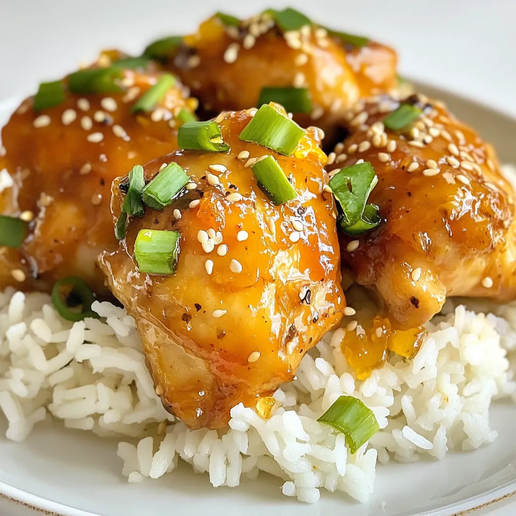 - 4 chicken thighs, skinless and boneless - 1 cup fresh orange juice - 2 tablespoons grated fresh ginger - 2 cloves garlic, minced - 3 tablespoons honey - 2 tablespoons soy sauce (low sodium) - Zest of 1 orange - 2 tablespoons sesame oil The main flavors in this dish come from fresh orange juice and ginger. The chicken thighs bring moisture and flavor, making them the perfect choice. You will also need honey to add sweetness and soy sauce for that savory touch. - 1 tablespoon cornstarch (optional, for thickening sauce) - Sliced green onions and sesame seeds, for garnish If you want a thicker sauce, use cornstarch. It helps create a nice coating for the chicken. Garnishes like sliced green onions and sesame seeds add color and crunch. - Salt and pepper to taste - 2 tablespoons sesame oil Season the chicken with salt and pepper. Sesame oil gives a rich, nutty flavor that brings everything together. This simple seasoning makes the dish shine without overpowering the other flavors. {{ingredient_image_1}} First, grab a medium bowl. In this bowl, whisk together: - 1 cup fresh orange juice - 2 tablespoons grated fresh ginger - 2 cloves garlic, minced - 3 tablespoons honey - 2 tablespoons soy sauce - Zest of 1 orange Make sure everything mixes well. This marinade brings bright flavors to the chicken. Next, season 4 chicken thighs with salt and pepper. Heat 2 tablespoons of sesame oil in a large skillet over medium-high heat. Once the oil is hot, add the chicken thighs. Sauté them for about 5-6 minutes on each side. You want them to turn golden brown and be fully cooked. After cooking, take the chicken out of the skillet and set it aside on a plate. Now, in the same skillet, pour in your orange juice mixture. Bring it to a simmer. Make sure to scrape any browned bits from the pan. This adds extra flavor to your sauce. If you like a thicker sauce, mix 1 tablespoon of cornstarch with 1 tablespoon of water. Gradually add this mixture to the sauce while stirring. Let it simmer for another 2-3 minutes until it thickens. Return the chicken thighs to the skillet. Coat them well with the sauce. Cook for an extra 2 minutes to ensure the chicken warms through. After this, remove the skillet from the heat. Let it rest for a minute before serving. Enjoy your flavorful Orange Ginger Chicken! To get the best taste, balance sweetness and acidity. Use honey for sweetness and fresh orange juice for tang. Start with a good amount of orange juice. The honey should blend well, giving a nice glaze. Check the doneness of chicken thighs by cutting into one. The meat should be white, with no pink. Use a meat thermometer for best results. Aim for 165°F (75°C). Avoid overcooking to keep the chicken juicy and tender. Make your dish look great by plating it well. Serve the chicken on a platter with the sauce drizzled over. Garnish with sliced green onions and sesame seeds. This adds color and texture. Pair with steamed rice or a fresh salad to complete the meal. Pro Tips Use Fresh Ingredients: Fresh ginger and orange juice will enhance the flavor of the dish significantly compared to their dried or bottled counterparts. Marinate for Extra Flavor: Let the chicken marinate in the orange juice mixture for at least 30 minutes before cooking to infuse more flavor. Adjust Sweetness: Depending on your taste preference, you can add more or less honey to adjust the sweetness of the sauce. Let it Rest: Allow the chicken to rest after cooking for a few minutes; this helps retain the juices and keeps it moist. {{image_2}} You can switch up the protein in this dish. Instead of chicken thighs, try chicken breast for a leaner option. If you prefer plant-based meals, tofu works great. Just press the tofu to remove excess water and cut it into cubes. For seafood lovers, shrimp adds a nice touch. Cook them until they turn pink for best results. Want to spice things up? Add chili flakes to the marinade. This will give your chicken a nice kick. If you like deep flavors, mix in some miso paste. Miso brings a savory taste that pairs well with orange and ginger. You can experiment with these additions to find your favorite flavor. You have options when it comes to cooking. Grilling the chicken gives it a smoky flavor. Use medium heat to avoid burning. Baking is another choice. Place the chicken in a preheated oven at 400°F for about 25 minutes. Stir-frying is quick and keeps the chicken juicy. Just keep an eye on the heat to ensure even cooking. Store your orange ginger chicken in an airtight container. This keeps it fresh. Let the chicken cool to room temperature before sealing it. You can refrigerate it for up to four days. If you want to keep it longer, freeze it for up to three months. Just make sure to label the container with the date. When reheating, you want to keep it moist and flavorful. The best way is to use the stove. Heat a skillet over medium heat. Add a splash of water or broth to the pan. Then, add the chicken. Cover it with a lid to trap steam. This keeps the chicken juicy. You can also use the microwave. Place the chicken in a microwave-safe dish. Add a little water and cover it with a lid or plastic wrap. Heat in short bursts, checking often. In the fridge, orange ginger chicken lasts about four days. In the freezer, it can stay good for about three months. After that, the flavor may fade. Always check for any off smells or changes in texture before eating. You can pair orange ginger chicken with several tasty side dishes. Here are some great options: - Steamed white rice or brown rice - Quinoa for a protein boost - Stir-fried vegetables like broccoli or bell peppers - A fresh green salad with a light vinaigrette - Garlic bread for a crunchy contrast These sides will complement the sweet and zesty flavors well. They add texture and nutrition to your meal. Yes, you can make orange ginger chicken ahead of time. Here are some tips for meal prep: - Marinate the chicken in the orange juice mix the night before. This adds more flavor. - Cook the chicken and sauce, then let them cool. Store them in an airtight container in the fridge. - Reheat the dish gently in a skillet or microwave when you're ready to serve. This makes dinner quick and easy on busy nights! Here’s a breakdown for orange ginger chicken per serving (4 servings total): - Calories: About 290 - Protein: 23g - Carbohydrates: 27g - Fat: 12g - Fiber: 1g - Sugar: 10g This dish is balanced and offers a good amount of protein and flavor. Enjoy it guilt-free! This blog post covered how to make orange ginger chicken. We discussed the key ingredients, like chicken thighs and fresh orange juice, and how to prepare a tasty marinade. You learned cooking methods, tips for perfecting flavor, and ways to present your dish beautifully. Remember, you can customize this recipe by using different proteins or adding more spices. Enjoy experimenting, and don’t hesitate to make this dish your own. With practice, you’ll master the balance of flavors and impress your family and friends.