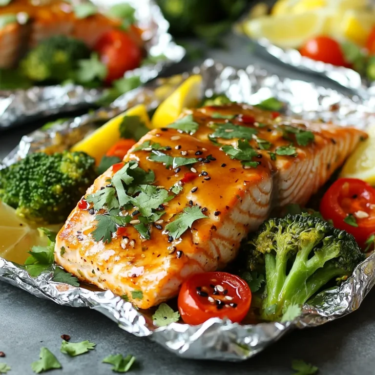 - Salmon fillets: You need 4 salmon fillets, about 6 oz each. They are the star of this dish. - Marinade components: For the marinade, gather: - 1/4 cup honey - 1/4 cup soy sauce (low sodium is best) - 3 cloves garlic, minced - 1 teaspoon fresh ginger, grated - 1 tablespoon sesame oil - 1/2 teaspoon black pepper - Vegetables and garnishes: Add a colorful mix to your foil packs: - 1 cup broccoli florets - 1 cup cherry tomatoes, halved - 1/2 cup carrot ribbons (you can use a peeler or spiralizer) - Fresh cilantro for garnish (optional) - Lemon wedges for serving These ingredients come together to create a dish that is not just tasty but also easy to prepare. The honey and soy sauce give a sweet and salty flavor, while the garlic and ginger add a nice kick. The veggies bring color and crunch, making this meal healthy and vibrant. {{ingredient_image_1}} 1. Preheating the oven: Start by preheating your oven to 400°F (200°C). This step is key for even cooking. 2. Mixing the marinade: In a small bowl, whisk together the honey, soy sauce, minced garlic, grated ginger, sesame oil, and black pepper. Blend them well for a tasty mix. 3. Cutting and preparing the foil: Tear off four sheets of aluminum foil. Each should be about 12 inches long. This size will hold the salmon and veggies nicely. 1. Placing salmon and vegetables: Put one salmon fillet in the center of each foil sheet. Surround it with equal amounts of broccoli, cherry tomatoes, and carrot ribbons. This gives each pack a colorful look. 2. Adding the marinade: Drizzle the honey garlic marinade over the salmon and veggies. Make sure to coat them well for great flavor. 3. Sealing the foil packs: Fold the sides of the foil over the salmon and vegetables. Roll the ends up tightly to trap in the steam. This step helps cook everything evenly. 1. Baking time and temperature: Place the foil packs on a baking sheet. Bake them in the preheated oven for 15 to 18 minutes. This time cooks the salmon perfectly. 2. Achieving desired doneness: Check the salmon after 15 minutes. It should flake easily with a fork. If it needs more time, put it back in for a few extra minutes. Enjoy the aroma while you wait! To get the best flavor from your honey garlic salmon, use a great marinade. A good marinade adds depth and richness. You want to balance sweetness and saltiness. Our marinade uses honey and soy sauce for this. You can add more garlic or ginger to suit your taste. Marinating Time Recommendations: - For best results, marinate salmon for 30 minutes. - If short on time, even 10 minutes will add flavor. - Avoid marinating too long, as it can make the fish mushy. Checking for doneness is key to perfect salmon. Salmon is done when it flakes easily with a fork. The internal temperature should reach 145°F (63°C). If you don’t have a thermometer, look for a light pink color in the center. Ensuring Vegetables are Tender: - Broccoli, carrots, and tomatoes should be soft but not mushy. - If they’re not tender after 18 minutes, close the foil and bake a bit longer. - Steam inside the foil helps cook everything evenly. Pair your honey garlic salmon with sides like rice or quinoa. A fresh salad also works well. Presentation Tips: - Serve salmon in the foil packs for a fun look. - Add fresh cilantro for color and flavor. - A lemon wedge adds brightness when squeezed on top. Pro Tips Use Fresh Ingredients: Fresh salmon and vegetables enhance the flavor and texture of the dish. Look for vibrant broccoli, firm tomatoes, and fresh ginger for the best results. Adjust Cooking Time: The cooking time may vary based on the thickness of the salmon fillets. Use a meat thermometer to check for doneness; salmon should reach an internal temperature of 145°F (63°C). Experiment with Vegetables: Feel free to add or substitute other vegetables such as bell peppers, zucchini, or snap peas to customize the foil packs to your taste. Make Ahead: You can prepare the foil packs in advance and store them in the refrigerator until you're ready to bake. This is perfect for a quick weeknight dinner. {{image_2}} You can switch out vegetables in this dish. Try using: - Zucchini slices - Bell peppers, chopped - Asparagus spears These options add unique flavors and colors. You can also change the protein. Instead of salmon, you can use: - Chicken breasts - Firm tofu - Shrimp Each choice brings a different taste and texture. Sauces can change the whole dish. Instead of honey and soy sauce, try: - Teriyaki sauce for a sweet twist - Lemon garlic sauce for brightness - Sweet chili sauce for a spicy kick Adding spices can enhance the flavor too. Consider using: - Paprika for smokiness - Cumin for warmth - Fresh herbs like basil or dill These additions can make your meal pop. You can grill or bake your foil packs. Grilling adds a nice char. To grill: 1. Preheat the grill to medium heat. 2. Cook the packs for about 10-12 minutes. Baking is simple and effective. Just follow the recipe’s instructions. If you want to use a slow cooker, you can! Just layer the salmon and veggies in the slow cooker. Pour the marinade over the top. Cook on low for 2-3 hours. This method keeps everything moist and tasty. To keep your honey garlic salmon foil packs fresh, start with refrigerating them. Place any leftover salmon and veggies in an airtight container. This will help keep them juicy and flavorful. You can store them in the fridge for up to three days. If you want to save them for longer, freezing is a great option. Wrap the salmon and veggies tightly in plastic wrap. Then, place them in a freezer-safe bag or container. They can last for about two months in the freezer. When you are ready to eat, just thaw them in the fridge overnight. When reheating your leftovers, the best method is to use the oven. Preheat it to 350°F (175°C). Place the foil pack on a baking sheet and heat for about 10-15 minutes. This helps keep the salmon moist and warms the veggies evenly. You can also use a microwave, but this may change the texture of the salmon. If you choose this method, put the salmon on a microwave-safe plate. Cover it loosely with a paper towel and heat for about 1-2 minutes. Check to see if it is warm enough. To maintain the best flavor and texture, avoid reheating multiple times. This keeps your salmon tasting fresh and delicious each time you enjoy it. What can I use instead of soy sauce? You can use coconut aminos. It has a similar taste and is soy-free. Another option is tamari, which is gluten-free. Both will work nicely in the marinade. Can I make this recipe in advance? Yes! You can prepare the foil packs ahead of time. Just keep them in the fridge until you are ready to cook. This makes for a quick meal on busy nights. How do I know when salmon is cooked? Check the salmon's color. It should turn from bright pink to opaque. You can also use a fork to flake the salmon. If it flakes easily, it's done. The internal temperature should be around 145°F. What should I do if my salmon is overcooked? If your salmon is overcooked, add a splash of lemon juice. This can help add moisture and flavor. You can also serve it with a sauce to make it more enjoyable. What are the best sides to serve with salmon? Great sides include rice, quinoa, or a fresh salad. Roasted or steamed vegetables also pair well. These options balance the meal and add color to your plate. Can I use canned salmon for this recipe? You can, but it will change the texture. Canned salmon is softer. You may want to skip the foil packs and use a skillet instead. Mix it with the marinade and serve over rice or salad. In this post, we explored making honey garlic salmon foil packs. We covered ingredients, preparation, and cooking steps to ensure your dish is a hit. Remember to marinate your salmon for the best taste. You can also swap ingredients to suit your taste. Don’t forget to check for doneness while cooking. With these tips, you’re ready to impress at the dinner table. Now, go enjoy a tasty, healthy meal!
