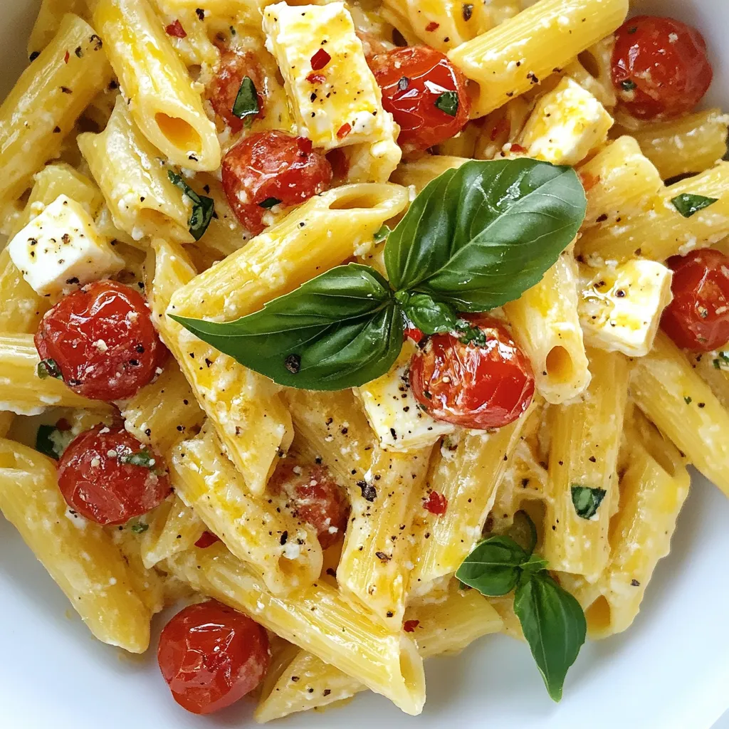 To make baked feta pasta, you need simple and fresh ingredients. Here’s what you will gather: - 1 block (8 oz) of feta cheese - 2 cups cherry tomatoes - 3 cloves garlic, minced - 1 teaspoon dried oregano - ½ teaspoon red pepper flakes (adjust to taste) - 2 tablespoons olive oil - 12 oz pasta of your choice (penne or fusilli work well) - Fresh basil leaves, for garnish - Salt and pepper to taste - ½ cup grated Parmesan cheese (optional) These ingredients work together to create a creamy and rich dish. The feta melts beautifully, adding flavor to the sauce. While the main ingredients shine, you can enhance the dish with a few extras. Consider adding: - Lemon zest for brightness - Olives for a briny kick - Spinach or arugula for a fresh green element - Sun-dried tomatoes for depth These optional ingredients can take your baked feta pasta to the next level. They add layers of flavor that make each bite special. You can easily swap ingredients based on what you have at home. Here are some ideas: - Use goat cheese instead of feta for a tangy twist. - Swap cherry tomatoes for diced regular tomatoes if needed. - Try different herbs like thyme or basil if you don’t have oregano. - Use whole wheat or gluten-free pasta for dietary needs. These substitutions keep the dish delicious while making it more accessible for you. Experimenting with swaps can lead to delightful discoveries in flavor! {{ingredient_image_1}} Start by gathering all your ingredients. You will need: - 1 block (8 oz) of feta cheese - 2 cups cherry tomatoes - 3 cloves garlic, minced - 1 teaspoon dried oregano - ½ teaspoon red pepper flakes - 2 tablespoons olive oil - 12 oz pasta (penne or fusilli work well) - Fresh basil leaves for garnish - Salt and pepper to taste - ½ cup grated Parmesan cheese (optional) Once you have everything, preheat your oven to 400°F (200°C). This step is key to getting that nice, soft feta. In a baking dish, mix the cherry tomatoes, minced garlic, dried oregano, red pepper flakes, and olive oil. Season them with salt and pepper. Make sure to coat everything well. Next, place the block of feta cheese right in the center. Drizzle a bit more olive oil over the feta if you like. Bake this in your preheated oven for about 25-30 minutes. The tomatoes will burst, and the feta will turn soft and golden. While the feta and tomatoes are baking, cook your pasta. Follow the package instructions and cook it until it is al dente. This means it should still have a little bite to it. Once done, drain the pasta and set it aside. After the feta and tomatoes are out of the oven, use a fork or spoon to mix them. You want to create a creamy sauce by combining the melted feta with the burst tomatoes. Now, add the cooked pasta to the baking dish. Stir everything together until the pasta is well coated in that creamy sauce. If it feels too thick, add a splash of pasta water. For a cheesy boost, fold in the grated Parmesan cheese if you want. Finally, garnish your dish with fresh basil leaves. This adds a nice touch and flavor. Enjoy your meal! To make the sauce creamy, you need to blend the feta and tomatoes well. After baking, use a fork or spoon to mash the feta into the tomatoes. This creates a rich sauce. If the sauce seems thick, add some pasta water. This will help loosen it while keeping it creamy. The red pepper flakes add heat. If you like it spicy, keep the amount. For less heat, reduce it. You can also use fresh chili for a different flavor. Remember, you can always add more spice later, but it’s hard to take it out once added. I love to serve this dish with fresh basil on top. It adds color and taste. You can pair it with a side salad for crunch. Garlic bread is also a great choice. For a boost, sprinkle some grated Parmesan cheese on top. This adds extra creaminess and flavor. Pro Tips Perfectly Roasted Tomatoes: For a sweeter flavor, use ripe cherry tomatoes and roast them until they burst to release their juices, enhancing the dish's overall taste. Feta Variations: Experiment with flavored feta cheese varieties, such as herb or chili-infused, to add an extra layer of complexity to your baked pasta. Pasta Choice: While penne and fusilli work well, any pasta shape that holds sauce effectively will do. Try using whole wheat or gluten-free pasta for a healthier option. Fresh Herbs Finish: Don’t skip the fresh basil garnish; it brightens the dish and adds a fresh aroma that complements the baked feta and tomatoes beautifully. {{image_2}} If you want a vegetarian version, skip the cheese. Use a block of firm tofu instead of feta. Marinate the tofu in olive oil and spices before baking. This adds flavor and keeps it creamy. For a vegan option, replace Parmesan with nutritional yeast. It gives a cheesy taste without dairy. You can also add more veggies, like spinach or bell peppers, for extra nutrition. For a heartier meal, add protein. Cooked chicken breast works great. Simply chop it into pieces and stir it in with the pasta. Shrimp is another tasty choice. Cook shrimp until pink and juicy, then mix them in. If you prefer plant-based protein, use cubed tofu. Just make sure to season it well before mixing it in. Each option boosts flavor and makes the dish more filling. Baked feta pasta is flexible. You can use any pasta you like. Penne and fusilli are popular, but don’t stop there! Try farfalle, spaghetti, or even gluten-free pasta. Each shape holds sauce differently, giving you varied tastes. Cook the pasta according to the package. You want it al dente for the best texture. Feel free to experiment with different shapes for fun! To store leftovers, let the baked feta pasta cool first. Place it in an airtight container. This helps keep it fresh. You can store it in the fridge for up to three days. Make sure to cover it well. This keeps the flavors locked in. When you're ready to eat, you can easily reheat it. Use the microwave for quick heating. Place a portion on a microwave-safe plate and cover it. Heat it for about one to two minutes. Stir halfway through to ensure even heating. You can also reheat it on the stove. Just add a splash of water or olive oil to help it warm up. This keeps the pasta from drying out. If you want to freeze it, make sure it’s completely cool first. Place it in freezer-safe bags or containers. Squeeze out as much air as you can to prevent freezer burn. It can last for up to three months in the freezer. When ready to eat, thaw it in the fridge overnight. Reheat as mentioned above. This way, you can enjoy your baked feta pasta anytime! I find that penne or fusilli work best for Baked Feta Pasta. These shapes hold sauce well. The ridges catch bits of creamy feta and tomato, making each bite flavorful. You can also use other pasta types, like rotini or farfalle. Just remember to cook the pasta al dente for the best texture. Yes, you can swap out feta for other cheeses. Goat cheese gives a tangy flavor. Cream cheese makes it extra creamy. Ricotta adds a soft texture. Each cheese will change the taste, so pick one you love. Baked Feta Pasta stays good in the fridge for about 3 to 5 days. Store it in an airtight container. If it thickens, add a splash of water or olive oil when reheating. Absolutely! Baked Feta Pasta is perfect for meal prep. Make a big batch and divide it into servings. It saves well and reheats nicely, making weeknight dinners easy and quick. Baked feta pasta is easy to make and packed with flavor. We covered key ingredients, step-by-step cooking, and helpful tips. You can customize it with your favorite add-ins, too. This dish is perfect for a meal prep or quick dinner. Use the storage info to save leftovers. Enjoy your creamy, cheesy pasta whenever you want! Cooking can be fun, and this recipe brings joy to your table. Dive into the world of baked feta pasta, and share it with others.