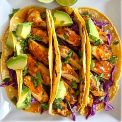 - 2 boneless, skinless chicken breasts - 2 tablespoons honey - 2 tablespoons Sriracha sauce - 1 tablespoon soy sauce - 1 tablespoon olive oil - 1 teaspoon garlic powder - 1 teaspoon smoked paprika - Salt and pepper, to taste - 8 small corn or flour tortillas - 1 cup red cabbage, finely shredded - 1 avocado, sliced - Fresh cilantro, for garnish - Lime wedges, for serving Each serving offers a balanced mix of protein, healthy fats, and carbs. The chicken gives you lean protein. The honey and Sriracha bring sweet and spicy flavors. The avocado adds healthy fat, while cabbage packs in fiber. A typical serving has about: - Calories: 350 - Protein: 25g - Fat: 15g - Carbs: 30g Use fresh chicken for the best taste. Look for chicken that is pink and firm. For honey, choose pure honey without additives. This gives the best flavor. Select Sriracha that has a rich taste and spice level you enjoy. Fresh cabbage adds crunch, so pick a bright, green head. When choosing avocado, look for ones that yield slightly to pressure. This means they are ripe and perfect for slicing. {{ingredient_image_1}} To start, you need to marinate the chicken. In a small bowl, mix together honey, Sriracha sauce, soy sauce, garlic powder, smoked paprika, and a pinch of salt and pepper. This mix gives the chicken a sweet and spicy kick. Next, take the chicken breasts and place them in a resealable bag or a shallow dish. Pour the marinade over the chicken. Seal the bag or cover the dish, and let it sit in the fridge for at least 30 minutes. If you have time, let it marinate for up to 2 hours for even more flavor. Now it’s time to cook your chicken! You can choose to grill or pan-fry. For grilling, preheat your grill to medium-high heat. Add a splash of olive oil to keep the chicken from sticking. If using a skillet, do the same with the oil over medium-high heat. Remove the chicken from the marinade, letting the excess drip off. Grill or pan-fry the chicken for about 6-7 minutes on each side. You want the chicken to reach an internal temperature of 165°F. Once done, let the chicken rest for 5 minutes. This helps it stay juicy. After resting, slice the chicken into bite-sized pieces. Now for the fun part—assembling your tacos! Warm your tortillas in a skillet or the microwave until they are soft and pliable. On each tortilla, place a generous scoop of finely shredded red cabbage. Add the sliced chicken next, followed by creamy avocado slices. For a fresh finish, sprinkle some cilantro on top and squeeze fresh lime juice over everything. Each bite will burst with flavor from the sweet, spicy chicken and crunchy toppings. Enjoy your delicious Honey Sriracha Chicken Tacos! To get the best flavor, focus on your marinade. Mix honey, Sriracha, soy sauce, garlic powder, smoked paprika, salt, and pepper in a bowl. This mix brings together sweet and spicy notes. Let your chicken soak in this blend for at least 30 minutes, but longer is better. If you can, marinate for up to 2 hours. This time allows the chicken to absorb all that tasty goodness. Cooking chicken can be tricky. Always check the internal temperature; it should reach 165°F (75°C). Cook it for 6-7 minutes on each side. This time helps keep the chicken tender. After cooking, let it rest for five minutes. Resting helps the juices stay inside. If you skip this step, your chicken may dry out. Toppings can make or break your tacos. I love shredded red cabbage for crunch and color. Sliced avocado adds creaminess. Fresh cilantro gives a nice herbal touch. A squeeze of lime juice brightens everything up. Feel free to mix and match these toppings. You can even add cheese or hot sauce if you like extra flavor! Pro Tips Marinate Longer for More Flavor: Allow the chicken to marinate for up to 2 hours to really enhance the flavor and tenderness. Use a Meat Thermometer: To ensure your chicken is perfectly cooked, use a meat thermometer; it should reach an internal temperature of 165°F (75°C). Warm Tortillas Properly: For the best texture, warm your tortillas in a dry skillet over medium heat for about 30 seconds on each side. Customize Your Toppings: Feel free to add additional toppings like diced tomatoes, cheese, or jalapeños for extra flavor and texture. {{image_2}} You can switch the chicken for other proteins. Tofu is a great meat-free option. Use firm tofu for the best texture. Press it to remove excess water, then cut it into cubes. Marinate it like the chicken. Grill or sauté until golden. Shrimp is another tasty choice. Simply toss shrimp in the marinade and cook for about 3-4 minutes per side. Both options offer a unique twist on the classic taco. If you want to change the flavor, try different sauces. You can use sweet chili sauce instead of honey. For a smokier taste, add chipotle sauce. If you like it spicy, increase the Sriracha. You can also experiment with spices. Add cumin for warmth or chili powder for heat. Each variation gives your tacos a new personality. The type of tortilla can change your taco experience. Corn tortillas have a nice, earthy flavor. They are also gluten-free. Just warm them up in a pan before filling. Flour tortillas are soft and chewy. They hold more filling and are great for larger tacos. Try both to see which you like best. Each tortilla brings its own charm to your Honey Sriracha Chicken Tacos. To store leftover Honey Sriracha Chicken Tacos, let them cool first. Place the chicken, tortillas, and toppings in separate airtight containers. This keeps everything fresh. Use the chicken within three days. The tortillas can last for about five days. When it’s time to eat leftovers, reheat the chicken gently. You can do this in a skillet over low heat. This helps keep the chicken juicy. Warm the tortillas in a dry pan or microwave for a few seconds. Avoid overheating, as they can become tough. If you want to freeze the chicken, first slice it. Place the slices in a freezer-safe bag. Remove as much air as possible. The chicken will stay good for up to three months. When ready to use, thaw in the fridge overnight before reheating. You can marinate the chicken for at least 30 minutes. If you want more flavor, let it sit for up to 2 hours. This time helps the chicken soak up the honey and Sriracha mix. It makes the chicken juicy and tasty. Yes, you can prepare many parts in advance. Marinate the chicken a day before. You can also slice the avocado and shred the cabbage ahead of time. Just keep them in the fridge. Warm the tortillas right before serving for the best taste. These tacos go great with several sides. You can serve them with Mexican rice or black beans. A fresh salad adds a nice crunch too. You might also enjoy tortilla chips with salsa. These sides balance the sweet and spicy flavors of the tacos. In this post, we covered everything you need for great Honey Sriracha Chicken Tacos. You learned about the essential ingredients, cooking methods, and tips for juicy chicken. We even explored tasty variations and how to store leftovers. Now, you can create your own tasty tacos with confidence. Enjoy crafting delicious meals that excite your taste buds and impress your friends. Happy cooking!